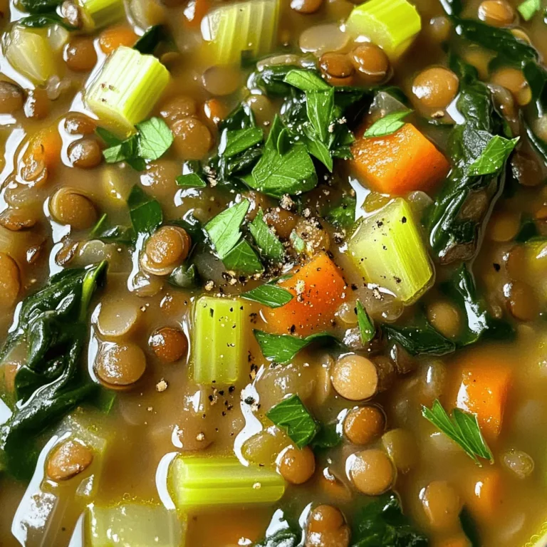 - 1 cup green or brown lentils, rinsed - 1 medium onion, diced - 2 garlic cloves, minced - 2 medium carrots, diced - 2 celery stalks, diced - 6 cups vegetable broth - 2 cups fresh spinach, roughly chopped When making lentil soup with spinach, the main ingredients bring flavor and nutrition. Lentils are rich in protein and fiber. Onions and garlic add depth to the dish. Carrots and celery bring sweetness and crunch. The vegetable broth enhances the taste, while spinach adds vibrant color and nutrients. - 1 tablespoon olive oil - Juice of 1 lemon - Fresh parsley for garnish You can use olive oil for sautéing to add healthy fats. Lemon juice brightens the soup's flavor. Fresh parsley makes the dish look pretty and adds a fresh taste. - 1 teaspoon ground cumin - 1 teaspoon smoked paprika - Salt and pepper to taste Seasonings make your soup unique. Cumin gives it warmth, while smoked paprika adds a hint of smokiness. Salt and pepper enhance all the flavors. For the full recipe, check out the Full Recipe section. First, heat the olive oil in a large pot over medium heat. Add the diced onion. Sauté it until it turns soft and clear, about 5 minutes. Then, stir in the minced garlic. Cook this mixture for one more minute to release its nice flavor. Next, add the diced carrots and celery. Cook these vegetables for 3 to 4 minutes until they begin to soften. These steps create a great base for your soup. Now, it’s time to add the star of the dish: the lentils. Pour in the rinsed lentils, along with ground cumin, smoked paprika, salt, and pepper. Mix everything well to combine. Next, add the vegetable broth. Bring the soup to a boil, then reduce the heat to a simmer. Cover the pot and let it cook for about 25 to 30 minutes. The lentils should be tender when done. Once the lentils are ready, stir in the chopped spinach and lemon juice. Cook for another 5 minutes until the spinach wilts. The bright green color adds a fresh look. Taste the soup and adjust the seasoning if needed. If you prefer a creamier soup, use an immersion blender. Blend a portion of the soup while leaving some lentils whole for texture. Enjoy your warm and tasty lentil soup with spinach! For the complete recipe, check out the [Full Recipe]. To make your lentil soup taste amazing, use the right spices. My favorites are ground cumin and smoked paprika. They give a warm, rich flavor. You can add black pepper and salt to taste. Fresh herbs like parsley can also brighten the dish. When it comes to broth, homemade always wins. Homemade broth has deep flavor. You can control the salt and ingredients. If you use store-bought, choose low-sodium for better control over taste. Blend the soup when the lentils are soft. This helps create a smooth base. If you want some texture, blend just half. I love using an immersion blender for easy mixing. For a creamier soup, add a splash of cream or coconut milk. It makes a big difference! Pre-rinsing lentils is a must. It helps remove dust and debris. Simply rinse them under cold water until the water runs clear. This step ensures your soup is clean and delicious. Using a pressure cooker can save time. If you are busy, this is perfect. You can cut the cooking time in half. Just follow the same steps, but cook on high pressure for about 10-15 minutes. It’s a game changer! For the full recipe, check out Lentil & Spinach Delight. {{image_2}} You can make your lentil soup even better with extra ingredients. Adding protein sources boosts flavor and nutrition. Consider using chicken or sausage. They add heartiness and taste. If you prefer a lighter option, try cooked quinoa or chickpeas. You can also change the vegetables. Kale or zucchini work well in this soup. They add texture and color. Feel free to mix in your favorites. This flexibility makes the recipe your own. Want to make this soup vegan or vegetarian? Simply skip the meat. Use vegetable broth and add more beans for protein. Tofu is another great option. It soaks up flavors and adds a nice texture. For gluten-free options, check your broth. Most vegetable broths are gluten-free. This soup is naturally gluten-free because it uses lentils. Enjoy it without worry! You can spice things up with different flavor profiles. For a spicy lentil soup, add red pepper flakes or diced jalapeños. This gives it a kick that many people love. You might also want to try Mediterranean-inspired additions. Add olives, sun-dried tomatoes, or feta cheese. These ingredients add a lovely twist to the traditional recipe. They bring bright flavors that make the soup sing. For the full recipe, check out the Lentil & Spinach Delight. Enjoy the mix of flavors and healthy options! To keep your lentil soup fresh, use airtight containers. Glass or plastic containers work great. Fill them with soup, leaving some space at the top. This helps with expansion when freezing. If you plan to eat it soon, refrigerate the soup. Make sure to cover it well. You can store it in the fridge for up to five days. For longer storage, freeze the soup. It can last up to three months in the freezer. When it's time to eat, there are easy ways to reheat your soup. You can use the microwave or a pot on the stove. If using the microwave, heat in short bursts. Stir in between to avoid hot spots. On the stove, warm it over low heat. Stir often and heat until it's hot throughout. After storing, taste your soup and adjust the seasoning. Sometimes, flavors change a bit, so you may need more salt or pepper. How long will lentil soup last in the fridge? Properly stored, your soup will last about five days. If it smells sour or looks off, it's time to toss it. Signs of spoiled lentil soup include strange colors or mold. Always check before eating leftovers to stay safe. Lentils are a powerhouse of nutrition. They are rich in protein, fiber, and iron. This makes them great for heart health and digestion. Spinach adds even more nutrients. It has vitamins A, C, and K, plus iron and calcium. Together, lentils and spinach create a balanced meal. They help keep your energy up and your body strong. Plus, they are low in calories. This makes lentil soup a smart choice for anyone. Yes, you can use canned lentils. They save time and are convenient. If you choose canned, rinse them first to reduce sodium. Use about one and a half cups of canned lentils. Add them near the end of cooking. This keeps them tender and tasty. Dried lentils take longer to cook but have a fresher taste. Both options work well, so pick what suits you best. Lentil soup pairs well with many sides. Here are some ideas: - Crusty bread for dipping - A fresh green salad for crunch - Rice or quinoa for added texture - Grilled cheese for a classic combo - Roasted veggies for extra flavor These sides enhance the soup's taste and make for a complete meal. Enjoy experimenting with different pairings! If you want the full recipe, check out the Lentil & Spinach Delight. Lentil soup with spinach is a simple and healthy meal. You learned key ingredients, steps for preparation, and ways to enhance flavors. Remember, you can adjust the recipe for your taste and dietary needs. Explore variations to keep it exciting. Storing leftovers properly helps maintain freshness. This soup is not only tasty but packed with nutrients. Try it out and enjoy a warm, hearty bowl. You will love how easy it is to make!