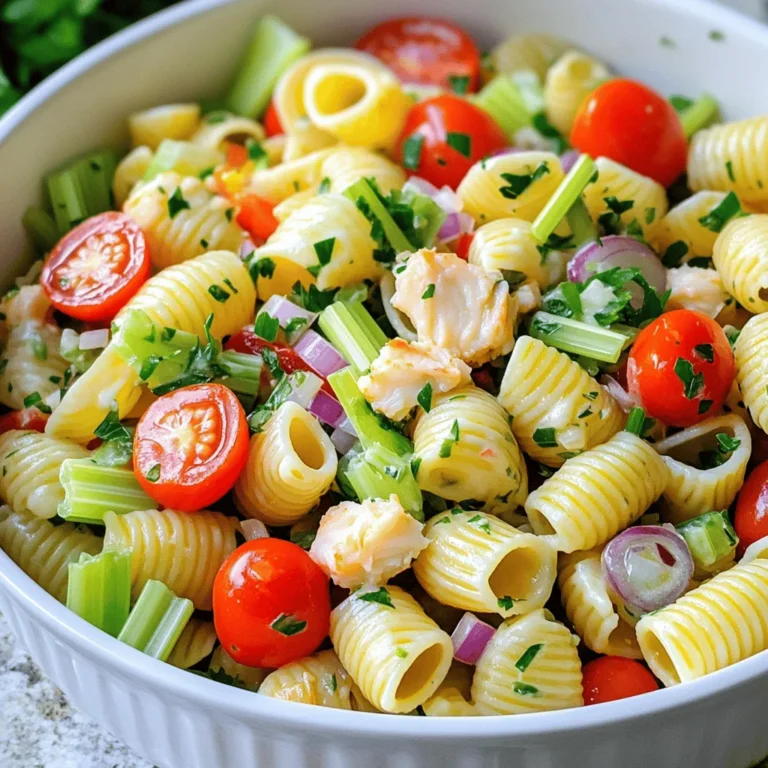 To make this Super Easy Crab Pasta Salad, gather these simple ingredients: - 8 ounces small pasta (like shells or elbows) - 1 cup crab meat (canned or fresh) - 1/2 cup mayonnaise - 1/4 cup Greek yogurt - 1 tablespoon Dijon mustard - 1 tablespoon lemon juice - 1 cup cherry tomatoes, halved - 1/2 cup celery, diced - 1/4 cup red onion, finely chopped - 1/4 teaspoon garlic powder - Salt and pepper to taste - Fresh parsley, chopped for garnish You can swap some ingredients for different flavors. For pasta, use fusilli or rotini. If you prefer, use shrimp instead of crab. For a lighter dressing, swap mayonnaise with more yogurt. You can also add chopped bell peppers for extra crunch. If you run out of an ingredient, don’t worry! Here are some easy swaps: - Replace crab with tuna for a different taste. - Use sour cream instead of Greek yogurt for creaminess. - If you don’t have Dijon mustard, yellow mustard works too. - For a gluten-free option, choose gluten-free pasta. These options keep the dish tasty and fun. Use what you have! Follow the Full Recipe for a complete guide to making this salad. To start, you need to cook the pasta. Use 8 ounces of small pasta, like shells or elbows. Bring a pot of water to a boil. Add a pinch of salt to the water. Then, add the pasta. Cook it according to the package instructions until it's al dente. This usually takes about 8 to 10 minutes. Once done, drain the pasta. Rinse it under cold water to stop the cooking. This also cools it down for the salad. Next, let's make the dressing. In a large mixing bowl, add 1/2 cup of mayonnaise and 1/4 cup of Greek yogurt. These give the salad a creamy base. Now, stir in 1 tablespoon of Dijon mustard and 1 tablespoon of lemon juice. This adds a nice zing. Then, sprinkle in 1/4 teaspoon of garlic powder, salt, and pepper to taste. Whisk everything together until it's smooth. Now, it's time to combine all the ingredients. Add the cooled pasta to the bowl with the dressing. Then, add 1 cup of crab meat, 1 cup of halved cherry tomatoes, 1/2 cup of diced celery, and 1/4 cup of finely chopped red onion. Gently fold everything together. Make sure all the pasta and veggies are coated in the dressing. Taste it and adjust the seasoning if needed. If it feels too thick, add a splash of water or more lemon juice. Chill the pasta salad in the fridge for at least 30 minutes. This helps the flavors blend well. After chilling, serve in bowls and sprinkle fresh parsley on top for a lovely touch. You can find the full recipe in the earlier section. You can serve crab pasta salad in many ways. Try it in a bowl or on a plate. For a fun twist, serve it in avocado halves. This adds flavor and looks nice. You can also pair it with crackers or fresh bread. A side of mixed greens makes a great addition. This adds crunch and freshness to your meal. To boost flavor, consider adding fresh herbs. Dill or chives work well. You can also add a dash of hot sauce for a kick. If you love citrus, try adding more lemon juice or zest. This brightens the dish and makes it zing. For a creamier texture, mix in a bit more mayonnaise or yogurt. Just remember to taste as you go. Don’t skip rinsing the pasta after cooking. This helps cool it down and stops cooking. Over-mixing the salad can make it mushy. Gently fold the ingredients instead. Make sure to chill the salad long enough. This allows the flavors to blend well. Taste for seasoning before serving. You can always add a little more salt or pepper. {{image_2}} You can boost the nutrition by adding veggies. Think of bell peppers, cucumbers, or spinach. These add color and crunch. Chop them small so they blend well with the pasta. You can mix in about 1 cup of veggies for a fresh twist. Not a fan of crab? No problem! You can try shrimp, chicken, or even chickpeas. Just cook the protein first. For shrimp, boil them until pink. For chicken, grill or bake it. Use about 1 cup of your chosen protein for a tasty change. Switching up the dressing can change the whole salad. Try adding some sriracha for heat or honey for sweetness. You can also use ranch or vinaigrette. Just keep the base of mayo and yogurt for creaminess. Adjust the flavors to fit your taste! For more ideas, check out the Full Recipe, where you can find all the steps! To keep your crab pasta salad fresh, store it in an airtight container. This helps prevent it from drying out. Place the container in the fridge. It will stay good for about three days. When you want to eat it again, check for any changes in smell or texture. I don't recommend freezing this salad. The pasta and dressing can change in texture. If you freeze it, the salad might become mushy when thawed. It’s best enjoyed fresh. If you have leftovers, you don’t need to reheat them. This salad tastes great cold. Just take it out of the fridge and serve. If you prefer warm pasta flavors, you can briefly warm it in the microwave. Heat gently to avoid cooking the crab meat. I like to use small pasta shapes like shells or elbows. They hold the dressing well and mix nicely with the crab. Shells add a fun look, and elbows are easy to eat. You can even try rotini for a twist. The key is to pick a pasta that cooks quickly and is easy to bite. Yes, you can! This salad is great for making ahead. If you prepare it, the flavors blend better over time. Just cover it and chill in the fridge. You can make it up to a day in advance. Just remember to stir it well before serving. The crab pasta salad stays fresh for about three to four days in the fridge. Make sure to store it in a sealed container. Always check for any off smells or changes in color before eating. If you notice anything odd, it’s best to toss it out. Enjoy it while it’s fresh for the best taste! For the full recipe, check out the detailed steps above. This blog post covered all key steps for making crab pasta salad. We explored the necessary ingredients, tasty variations, and helpful tips. Remember to choose pasta wisely and not skip the dressing, as it boosts flavor. With this guide, you can create a delicious dish that impresses. Enjoy experimenting with ingredients and serving options. Your crab pasta salad will surely be a hit!