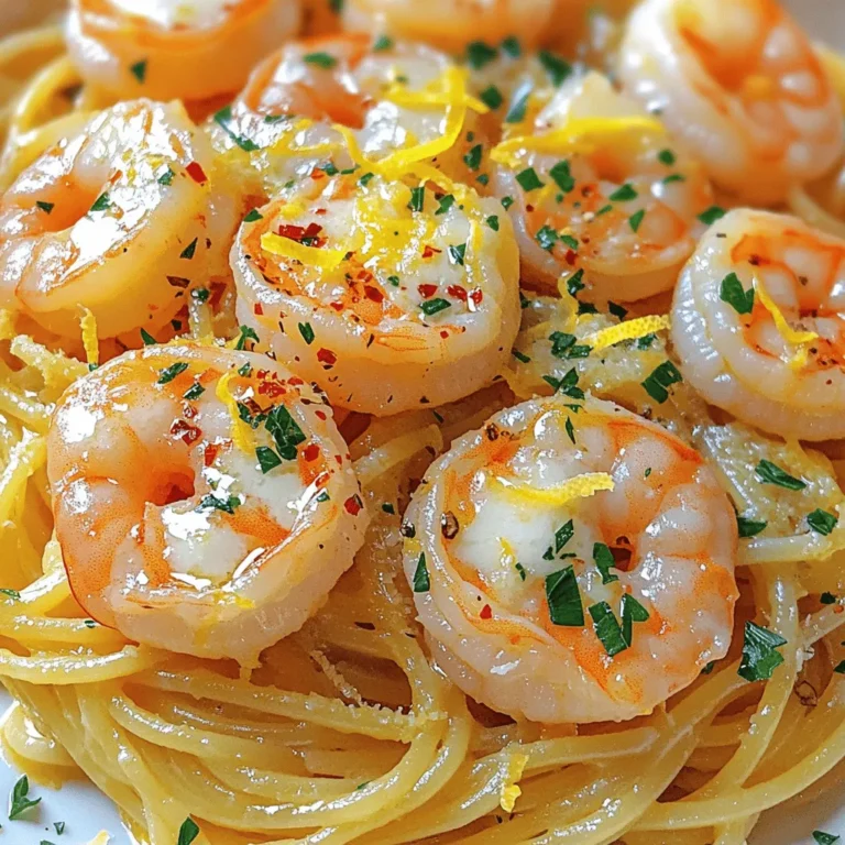To make Garlic Butter Shrimp Pasta, you need: - 8 oz spaghetti or linguine - 1 lb large shrimp, peeled and deveined - 4 tablespoons unsalted butter - 4 cloves garlic, minced - 1/2 teaspoon red pepper flakes - Zest of 1 lemon - 2 tablespoons fresh lemon juice - 1/4 cup fresh parsley, chopped - Salt and pepper to taste - Grated Parmesan cheese, for serving These ingredients come together to create a dish that is both rich and bright. You will need some basic tools to cook this meal: - A large pot for boiling pasta - A large skillet for sautéing shrimp - A sharp knife for chopping garlic and parsley - A cutting board for prep work - A colander for draining pasta Having the right equipment makes cooking easier and more fun. You can add these items for more taste: - Cherry tomatoes, halved - Spinach or arugula, for greens - A splash of white wine for depth - Crushed garlic chips for garnish These extras can elevate your dish and impress your guests. You can find the Full Recipe in the next section for detailed steps on how to use these ingredients. To make garlic butter shrimp pasta, start with the pasta. Boil salted water in a large pot. Add 8 oz of spaghetti or linguine. Cook according to package directions until al dente. Drain the pasta but save 1/2 cup of the water. Next, heat a large skillet over medium heat. Melt 4 tablespoons of unsalted butter in the skillet. Add 4 minced garlic cloves and 1/2 teaspoon of red pepper flakes. Cook this for about 1 minute until it smells great. Now, it’s time to add the shrimp. Use 1 lb of large, peeled shrimp and season with salt and pepper. Cook the shrimp for 2-3 minutes on each side until they turn pink. Once cooked, add the pasta to the skillet. Pour in the reserved pasta water, lemon zest, and lemon juice. Toss everything gently to mix. Finally, add 1/4 cup of chopped parsley and check the seasoning. Serve right away with some grated Parmesan on top. To cook pasta well, always use plenty of water. Salt the water before adding the pasta. This helps to flavor the pasta. Stir the pasta a few times while it cooks. This prevents it from sticking together. Taste the pasta a minute before the timer goes off. It should be firm but not hard. If it needs more time, keep cooking. Drain the pasta but do not rinse it. Rinsing washes away the flavor and starch. For the best shrimp, start with fresh or frozen shrimp that is peeled and deveined. If frozen, thaw it in the fridge overnight or run it under cold water. Make sure not to overcrowd the skillet. This helps the shrimp cook evenly and quickly. Cook shrimp just until they turn pink and opaque. Overcooking shrimp makes them tough. If you want even more flavor, marinate the shrimp in lemon juice and garlic for 15 minutes before cooking. This adds a zesty punch to your dish. Enjoy this garlic butter shrimp pasta as a simple and flavorful meal! For the full recipe, refer to the earlier sections. When making garlic butter shrimp pasta, avoid overcooking the shrimp. They cook fast, usually in just a few minutes. If you leave them too long, they can become tough. Always check for that lovely pink color. Also, don’t skip the pasta water. It helps the sauce stick to the pasta. To boost flavor, use fresh garlic instead of jarred. Fresh garlic packs more punch and makes a big difference. Adding a splash of white wine while cooking shrimp can give depth. For more zest, try adding more lemon juice or extra lemon zest. You can also mix in some capers for a briny touch. Serve your garlic butter shrimp pasta with a side of garlic bread. A simple green salad can also balance the meal. For a fun twist, add some cherry tomatoes or spinach directly into the pasta. This adds color and nutrients. Pair with a glass of chilled white wine for the perfect finish. Check out the Full Recipe for more details! {{image_2}} You can add some heat to your dish. To make spicy garlic butter shrimp pasta, mix in extra red pepper flakes. You can also use diced jalapeños for a fresh kick. Another option is to drizzle some sriracha on top before serving. This twist makes your pasta bold and exciting. For a creamy version, add heavy cream or cream cheese to the pan. Stir it in after sautéing the shrimp. This makes the sauce rich and smooth. You might also sprinkle in some grated cheese for more flavor. This creamy dish feels cozy and comforting. If you want a vegetarian twist, swap shrimp for veggies. Use mushrooms, zucchini, or asparagus instead. Sauté them in butter and garlic just like the shrimp. You can still enjoy the lemon and parsley for fresh flavor. This way, you keep the essence of the dish while making it plant-based. For the full recipe, check out the Garlic Butter Shrimp Pasta with a Zesty Twist. After enjoying your Garlic Butter Shrimp Pasta, let any leftovers cool. Place them in an airtight container. This keeps the dish fresh. Store the container in the fridge for up to three days. Make sure to keep it sealed well to avoid any unwanted flavors. When you’re ready to eat the leftovers, take them out of the fridge. You can reheat them on the stove or in the microwave. For the stove, add a splash of water or broth in a pan. Heat it over medium-low until warm. Stir gently to keep the pasta from sticking. In the microwave, cover the bowl with a lid or a damp paper towel. Heat in short bursts, stirring in between, until warm. This method helps keep the shrimp juicy. If you want to save your Garlic Butter Shrimp Pasta for later, freezing is a great option. First, let it cool completely. Then, place it in a freezer-safe container. You can also use freezer bags. Try to remove as much air as possible. This helps prevent freezer burn. When you’re ready to eat, take it out of the freezer and thaw it overnight in the fridge. Reheat as mentioned above. Enjoy your meal even after a few days! If you don't have shrimp, you can use chicken or scallops. Both options add great taste. Tofu is a nice choice for a vegan meal. It soaks up the garlic butter well. Yes, you can make this recipe gluten-free. Simply use gluten-free pasta. There are many brands available. Always check the label for safety. Garlic Butter Shrimp Pasta stays fresh in the fridge for up to three days. Store it in an airtight container. Make sure it cools before sealing. You can find the Full Recipe online for easy access. It has tasty variations. Try adding more veggies for extra nutrition. You can also mix in different herbs to change the flavor. In this post, we covered all you need for Garlic Butter Shrimp Pasta. We listed the ingredients, equipment, and optional flavors to enhance your dish. You learned step-by-step instructions and tips for perfect pasta and shrimp. We shared common mistakes to avoid and quick serving ideas. Plus, we explored tasty variations and essential storage information. Remember, cooking is fun and personal. Feel free to experiment with flavors and ingredients. Enjoy your cooking journey!