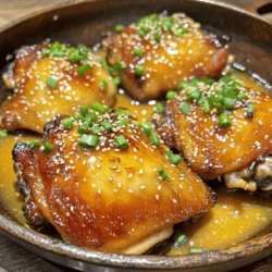 For my honey garlic chicken thighs, I focus on simple, quality ingredients. Each component plays a key role in the dish's flavor. Here’s what you need: - 4 chicken thighs, skin-on and bone-in - 1/4 cup honey - 4 cloves garlic, minced - 2 tablespoons soy sauce - 1 tablespoon apple cider vinegar - 1 teaspoon fresh ginger, grated - 1 tablespoon olive oil - Salt and pepper to taste - 2 green onions, chopped (for garnish) - Sesame seeds (for garnish) Using skin-on and bone-in chicken thighs adds richness. The skin crisps up beautifully, giving a nice texture. The bone keeps the meat juicy during cooking. Honey adds sweetness. Soy sauce provides a salty depth. Garlic gives a fragrant kick. These three ingredients create a perfect balance, making every bite delicious. The apple cider vinegar brightens the flavors. Fresh ginger adds warmth and a hint of spice. Olive oil helps with searing, giving the chicken that lovely golden color. Finally, the green onions and sesame seeds make for a pretty garnish, adding crunch and freshness. For the full recipe, check out the detailed steps to make this dish shine! First, I dry the chicken thighs with a paper towel. This step is key. It helps the skin get crispy when cooking. Next, I season both sides with salt and pepper. This simple seasoning brings out the chicken's natural flavor. I always choose skin-on thighs for this dish. The skin adds rich flavor and keeps the meat juicy. Plus, it gets nice and crispy when cooked right. The sauce is what makes this dish shine. For the sauce, I use these key ingredients: honey, minced garlic, soy sauce, apple cider vinegar, and fresh ginger. Each one adds a unique flavor. I mix these ingredients in a bowl. A whisk works best to combine them fully. I ensure the honey is well blended with the other ingredients for a smooth sauce. I start by searing the chicken in a large oven-safe skillet. I heat olive oil over medium-high heat. When the oil shimmers, I add the chicken thighs skin-side down. I cook them for about 6-7 minutes until the skin turns crispy and golden brown. Next, I flip the chicken thighs over. I pour the honey garlic sauce over them, letting it simmer for 2-3 minutes. This thickens the sauce slightly and infuses the chicken with flavor. Now for the baking part! I preheat the oven to 400°F (200°C). Once it's hot, I transfer the skillet to the oven. I bake the chicken for 25-30 minutes. It's important to check the internal temperature. I want it to reach 165°F (75°C) for safe eating. During the last 10 minutes of baking, I baste the chicken with the sauce. This adds an extra layer of flavor and helps it glaze nicely. After baking, I remove the skillet from the oven and let the chicken rest for 5 minutes. This keeps it juicy. Finally, I garnish with chopped green onions and sesame seeds for a pop of color. For the full recipe, check out the earlier sections! To boost the taste of your honey garlic chicken thighs, add a few spices. I love using: - Paprika: It adds a nice smoky flavor. - Thyme: This herb gives a fresh touch. - Red pepper flakes: For a bit of heat. You can adjust the sweetness too. If you want it sweeter, add more honey. For a less sweet dish, cut back on the honey. You can also add a splash of soy sauce for balance. For crispy skin, start by patting the chicken dry. The drier the skin, the better it crisps up. Cook the thighs skin-side down first. This method helps achieve that golden finish. Avoid overcooking by using a meat thermometer. The chicken is done when it reaches 165°F (75°C). This step ensures your chicken stays juicy and tender. Pair your honey garlic chicken with simple sides. Rice or steamed veggies work well. They soak up the sauce and make the meal complete. For plating, arrange the chicken thighs neatly on a plate. Drizzle some sauce over the top. Add green onions and sesame seeds for a pop of color. This makes your dish look as good as it tastes. Check out the Full Recipe for more details! {{image_2}} You can change up the protein in this dish. Instead of chicken thighs, try chicken breasts or drumsticks. Both options work well with the honey garlic sauce. Chicken breasts will cook faster, so check them often. Drumsticks have more flavor from the bone, making them a tasty choice. If you're looking for a vegetarian option, consider using tofu. Firm tofu absorbs the sauce well, and it offers a great texture. Simply press the tofu to remove excess water, then cut it into cubes. Cook the tofu in the same way as the chicken for a delicious twist. You can spice things up with a spicy honey garlic sauce. Add some red pepper flakes or sriracha to the mix. This heat pairs well with the sweet honey and savory garlic. Adjust the amount to match your taste. For a fresh twist, try citrus-infused variations. Add some orange or lime juice to the sauce. This adds a bright flavor that complements the sweetness. You can also zest the fruit for an extra kick. You can use different cooking tools for this dish. A slow cooker is a great option for busy days. Simply add the chicken and sauce, then set it and forget it. Cook on low for 6-8 hours or high for 3-4 hours. Another option is to use an Instant Pot. This method saves time and keeps the chicken juicy. Cook on high pressure for about 10 minutes, then let it release naturally. Both methods yield tender chicken that soaks up all that flavorful sauce. For the full recipe, check out the detailed instructions above. To keep your honey garlic chicken thighs fresh, cool them down first. Allow them to sit at room temperature for about 30 minutes. Once cooled, place them in an airtight container. This helps lock in moisture and flavor. I recommend using glass containers for best results. They are safe for the microwave and easy to clean. Make sure to store them in the fridge. They will stay good for about 3 to 4 days. When it's time to enjoy leftovers, reheat them carefully. The best method is to use the oven. Preheat it to 350°F (175°C) and place the chicken in an oven-safe dish. Cover it with foil. This helps keep the chicken juicy. Heat for about 15 to 20 minutes. If you prefer the microwave, use a lower power setting. Heat for 1 to 2 minutes, and check often. This way, you avoid dryness and keep the flavors intact. If you want to save chicken for longer, freezing is a great option. Let the chicken cool completely before freezing. Wrap each piece tightly in plastic wrap. Then place them in a freezer bag. Remove as much air as possible to prevent freezer burn. Label the bag with the date. Thawing is easy; just move it to the fridge overnight before cooking. This keeps the chicken moist and ready for a quick meal. You should cook Honey Garlic Chicken Thighs for about 25-30 minutes in the oven. Ensure the chicken reaches an internal temperature of 165°F (75°C). This keeps it safe to eat and juicy. I recommend checking the chicken with a meat thermometer. It helps you get it just right every time. Yes, you can use other sweeteners like maple syrup or agave nectar. These options provide a similar sweetness and flavor. However, keep in mind that each sweetener has its unique taste. Adjust the amount based on your preference. Start with the same amount and taste as you go. I love serving Honey Garlic Chicken Thighs with rice or steamed veggies. You can also pair it with mashed potatoes or a fresh salad. These sides balance the rich flavors of the chicken. They complete the meal beautifully. To prep ahead, marinate the chicken in the honey garlic sauce. Store it in the fridge for up to 24 hours. When you're ready, cook it as usual. This saves time and boosts flavor. Just remember to bring it to room temperature before cooking. Absolutely! Grilling adds a nice smoky flavor. Just be sure to watch the heat. Cook over medium heat, turning occasionally. You may need to adjust the cooking time slightly. Check for that perfect internal temperature to keep the chicken juicy and tender. For the complete cooking process, don't forget to check the Full Recipe. In this post, we explored how to make honey garlic chicken thighs. We covered the key ingredients, from chicken and honey to soy sauce. The step-by-step instructions guided you through preparation, cooking, and finishing touches. You also learned tips for flavor, serving ideas, and variations. Cooking can be fun and rewarding. Enjoy making this dish with your favorite sides. Remember, practice makes perfect, so don’t hesitate to try different flavors and techniques. Your kitchen is your canvas!