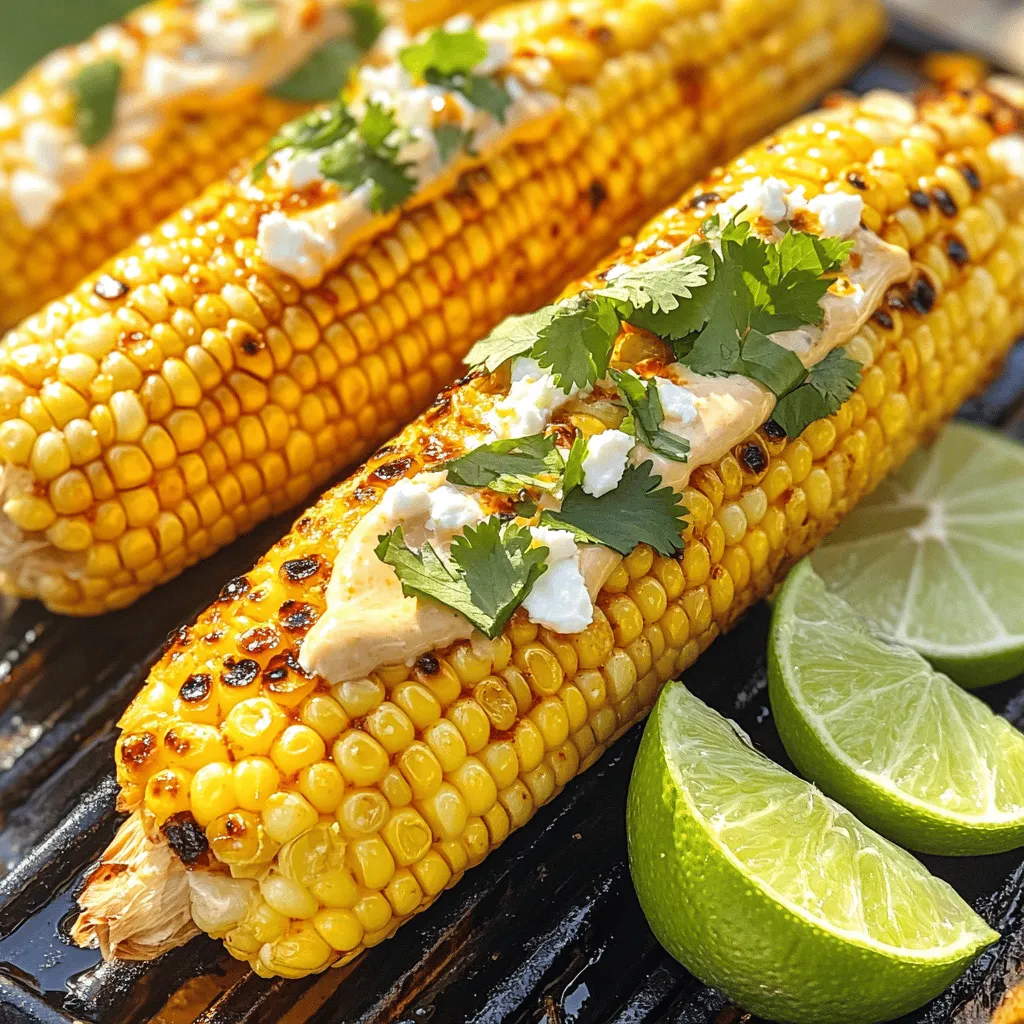 - 4 ears of fresh corn, husked - 1/4 cup mayonnaise - 2 tablespoons sour cream - Zest of 1 lime - 2 tablespoons fresh lime juice - 1 teaspoon chili powder - 1/2 teaspoon smoked paprika - 1/4 teaspoon garlic powder - Salt to taste - Crumbled feta cheese or Cotija cheese - Fresh cilantro, chopped - Large pot for boiling - Medium-sized mixing bowl - Grill or grill pan - Brush for sauce application First, you need to husk the corn. Remove the green outer leaves and silk threads. Once cleaned, fill a large pot with water. Bring the water to a boil. Add the husked corn and boil for about 5-7 minutes. This step makes the corn tender and sweet. After boiling, take the corn out and let it cool for a few minutes. While the corn cools, grab a medium bowl. In this bowl, mix together the mayonnaise, sour cream, lime zest, and lime juice. Add the chili powder, smoked paprika, garlic powder, and salt to taste. Use a whisk or spoon to combine everything until smooth. This sauce adds a zesty kick to the corn. Now it’s time to grill! Preheat your grill or grill pan to medium-high heat. Take the cooled corn and spread the chili lime sauce over each ear. Make sure to coat it well. Place the corn on the grill, turning it every few minutes. Grill for about 5-10 minutes. You want nice char marks and heated corn. Once done, take the corn off the grill. Let it cool for a minute. For extra flavor, sprinkle crumbled feta or Cotija cheese and chopped cilantro on top. Serve the corn hot with lime wedges on the side. Enjoy your fresh and flavorful treat! For the full recipe, check the details above. When picking corn, look for bright green husks. The silk should be golden and soft. Fresh corn feels firm and plump. If you can, smell the end of the ear. It should have a sweet scent. The best corn is sweet and juicy, making your dish pop with flavor. You can boost the taste with more spices. Try adding cayenne pepper for heat or cumin for warmth. Smoked paprika gives a nice smoky touch. You can also mix in some lime zest for extra brightness. Each spice adds its own twist, making it fun to explore flavors. Grilling corn is simple but needs care. First, preheat your grill to medium-high heat. This helps create those pretty char marks. Turn the corn every few minutes. This ensures even cooking. Grill it for about 5-10 minutes. The corn should be hot and slightly charred. This step adds a great flavor that you will love. {{image_2}} Chili lime corn on the cob is already vegetarian. You can keep it simple. For extra flavor, add fresh herbs like basil or oregano. You can also use avocado instead of the creamy sauce. Just mash it up and spread it on the corn. If you like heat, add more chili powder. You can also sprinkle some cayenne pepper for a kick. Try using spicy mayo instead of regular mayo. For a smoky taste, add chipotle powder. This will give your corn a nice kick. Serve the corn hot off the grill. It pairs well with grilled meats or fish. You can also serve it as a side at a barbecue. For a fun twist, make corn tacos. Just cut the corn off the cob and mix it with other toppings like avocado and salsa. Check out the Full Recipe for more ideas! After enjoying chili lime corn on the cob, you may have some leftovers. To store them, let the corn cool to room temperature. Wrap each ear tightly in plastic wrap or aluminum foil. Place the wrapped corn in an airtight container. Store it in the fridge for up to three days. Proper storage keeps the corn fresh and tasty. When you're ready to enjoy the leftovers, reheating is easy. You can use the microwave for quick heating. Simply place the corn on a microwave-safe plate and cover it with a damp paper towel. Heat for about 1-2 minutes. You can also reheat on the grill. Preheat the grill to medium heat, then place the corn on the grill for about 5 minutes, turning occasionally. This method adds a nice char. If you want to save chili lime corn for later, freezing is a great option. First, let the corn cool completely. Wrap each ear in plastic wrap and then in foil. Place the wrapped corn in a freezer bag. Remove as much air as possible before sealing. You can freeze the corn for up to six months. When you're ready to eat it, thaw it in the fridge overnight and reheat as mentioned above. Enjoy the flavors anytime! The best way to cook corn on the cob is to boil it. Bring a large pot of water to a boil. Add the husked corn and cook for about 5-7 minutes. This method keeps the corn tender and sweet. You can also grill it for added flavor. Grilling gives the corn a nice char and smoky taste. Just be sure to turn it often for even cooking. You can prepare some parts of this recipe in advance. Boil the corn earlier in the day and cool it. Then, wrap it in foil and store it in the fridge. Mix your chili lime sauce ahead of time too. Keep the sauce in a sealed container in the fridge. Just brush the sauce on the corn and grill it when you’re ready to serve. Adjusting the spice level is easy. If you like it mild, use less chili powder. You can also skip the smoked paprika. For more heat, add extra chili powder or even some cayenne pepper. Remember to taste the sauce as you mix it. This way, you can find the right balance for your taste buds. This guide covers all you need for perfect grilled corn. We explored ingredients, tools, and preparation steps. Tips helped enhance flavor and grilling skills. You learned about variations, storage, and FAQs to ease your cooking. Now, you have everything to create a delicious dish. Enjoy the process and impress your friends!