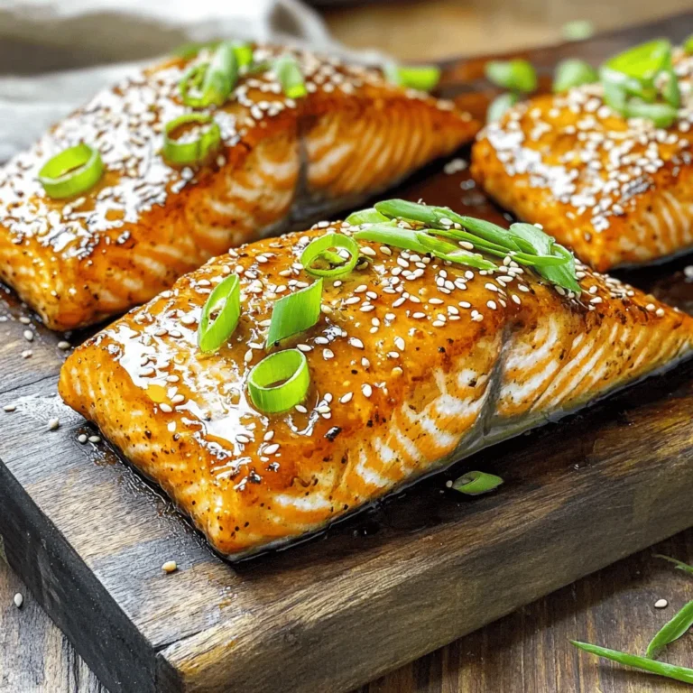 - 4 salmon fillets (skin on) - 3 tablespoons honey - 2 tablespoons soy sauce (low sodium) - 3 cloves garlic, minced - 1 tablespoon fresh ginger, minced - 1 tablespoon olive oil - 1 teaspoon sesame oil - Salt and pepper to taste - 2 green onions, finely sliced (for garnish) - Sesame seeds (for garnish) You can swap honey for maple syrup or agave nectar. Both will add sweetness. For soy sauce, use coconut aminos for a gluten-free option. If you need gluten-free soy sauce, look for brands that offer it. You can also use tamari, which is a good gluten-free option. How to prepare the salmon fillets Start by patting the salmon fillets dry with a paper towel. This step helps to get that crispy skin. Next, season both sides with salt and pepper. Be generous but not too much. This enhances the flavor without overpowering the honey garlic sauce. Making the honey garlic sauce In a small bowl, whisk together three tablespoons of honey, two tablespoons of low-sodium soy sauce, and three minced garlic cloves. Add one tablespoon of minced fresh ginger for a nice kick. This sauce will add depth and sweetness to your salmon. Set it aside while you cook the fish. Cooking the salmon skin-side down Heat a large skillet over medium-high heat and add one tablespoon of olive oil. Once the oil is hot, place the salmon fillets skin-side down in the skillet. Cook for about four to five minutes. You'll know it's ready when the skin is crispy and browned. Flipping and basting the salmon Carefully flip the salmon fillets to cook the other side. Now, pour the honey garlic sauce into the pan. Cook for an additional three to four minutes. Baste the salmon with the sauce as it cooks. This helps the flavor soak in and thickens the sauce slightly. Adding sesame oil After cooking, drizzle one teaspoon of sesame oil over the salmon. This adds a rich, nutty flavor. Cook for one more minute to ensure the fillets are well-coated in the sauce. Garnishing Remove the salmon from heat and let it rest for a minute. Plate it up and drizzle extra sauce on top. Garnish with finely sliced green onions and sesame seeds for a touch of freshness and crunch. Look at that! Your crispy honey garlic salmon is ready to impress. For the full recipe, don’t forget to check the link! To get that perfect crispy salmon, start by drying the fillets. Use a paper towel to pat them dry. This step helps the skin crisp up nicely in the skillet. Next, heat your skillet to medium-high. A hot skillet is key. If the oil sizzles when you add the salmon, you are ready. You can boost the flavor of your salmon with extra spices or herbs. Try adding chili flakes for heat or fresh herbs like thyme or rosemary for depth. Infusing flavors before cooking can also make a big difference. Letting the salmon soak in the honey garlic sauce for a bit adds a nice kick. For sides, consider steamed veggies or fluffy rice. These pair well with the sweet and savory flavors of the salmon. When plating, arrange the salmon nicely on a clean plate. Drizzle some extra sauce over it for a beautiful touch. Top with sliced green onions and sesame seeds for a pop of color. This makes your dish look as great as it tastes. {{image_2}} You can prepare salmon in different ways. Grilling gives it a smoky taste. Pan-searing creates a crispy skin and juicy inside. Both methods work well for this dish. You can also use various cuts of salmon. Fillets are popular, but you can try steaks or even whole fish. Each cut has a unique texture and flavor, adding fun to your meal. You can spice up the sauce too. For a spicy honey garlic option, add red pepper flakes or sriracha. This adds heat and a nice kick. For a citrus twist, mix in orange or lemon juice. This gives the sauce a fresh and bright flavor. You can also zest the fruit for extra zing. If you follow a keto diet, you can easily adapt this recipe. Use a sugar-free honey substitute to lower carbs. You can also swap soy sauce for coconut aminos. For a low-carb option, serve the salmon with lots of veggies. Try broccoli, zucchini, or cauliflower rice. These sides keep your meal light and tasty. For the full recipe, you can refer back to the earlier section. Enjoy your cooking adventure! To keep your crispy honey garlic salmon fresh, use airtight containers. Glass containers work best. They do not retain odors and keep the salmon safe. Store the salmon in the fridge. It stays fresh for 2 to 3 days. You can reheat salmon in the oven or microwave. The oven keeps it crispy. Set it to 350°F (175°C) and bake for 10 minutes. Cover it loosely with foil to prevent drying out. If using the microwave, heat in short bursts. Use a low power setting. This way, the salmon remains tender but may lose some crispiness. To freeze cooked salmon, first let it cool completely. Wrap it tightly in plastic wrap. Then place it in a freezer-safe bag. This helps prevent freezer burn. You can freeze it for up to 3 months. When ready to eat, thaw in the fridge overnight. Reheat in the oven for best results. This keeps the salmon crispy. Enjoy your delicious meal later! For the full recipe, check out the earlier section. It usually takes about 10 to 15 minutes to cook salmon fillets. Cooking time can vary based on thickness. For average fillets, I suggest cooking for 4-5 minutes on the skin side and 3-4 minutes after flipping. This method gives you a nice crispy skin and juicy fish. Yes, you can use frozen salmon for this dish. Just keep a few tips in mind. First, thaw the salmon in the fridge overnight for best results. If you are short on time, you can run cold water over the vacuum-sealed package. Cook the salmon for a minute longer to ensure it cooks through. Honey garlic salmon pairs well with many sides. Here are some great options: - Steamed broccoli - Garlic mashed potatoes - White rice or quinoa - A fresh salad with citrus dressing - Roasted asparagus These sides balance the rich flavors of the salmon and make for a complete meal. For more details, check the Full Recipe. In this blog post, we covered how to make honey garlic salmon. We discussed the key ingredients needed, from fresh salmon to flavorful sauces. I shared easy steps to cook the salmon perfectly and provided tips for serving and storing leftovers. You can experiment with different cooking methods and sauce variations to suit your taste. With these ideas, you can create a delicious meal each time. Enjoy your cooking and make the most of your salmon dishes!