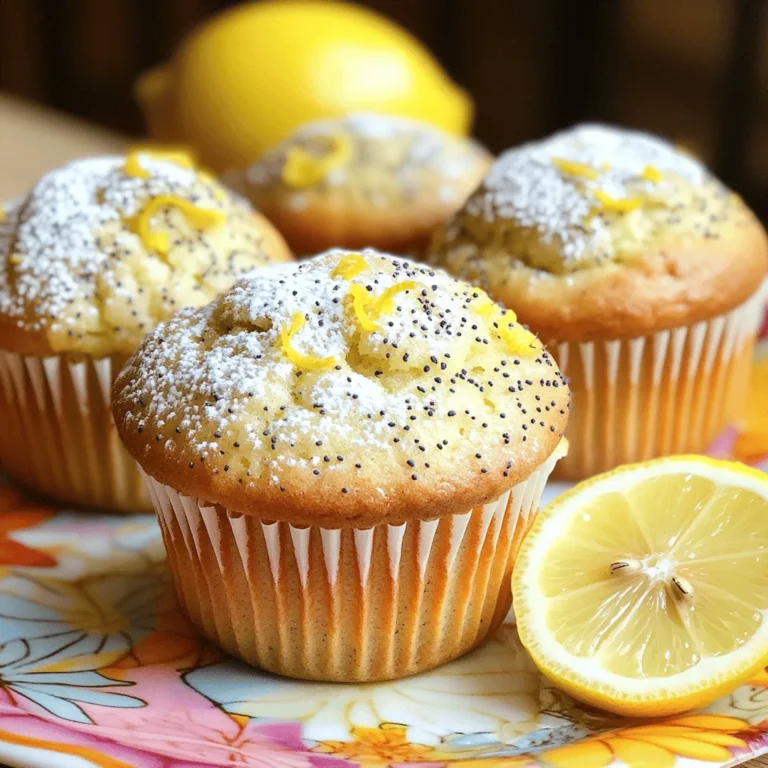 To make lemon poppy seed muffins, you need these simple ingredients: - 1 ½ cups all-purpose flour - ½ cup granulated sugar - 2 teaspoons baking powder - ½ teaspoon baking soda - ¼ teaspoon salt - Zest of 2 lemons - ½ cup Greek yogurt - ½ cup milk - 1 large egg - ¼ cup vegetable oil - 2 tablespoons poppy seeds - 1 teaspoon vanilla extract - 2 tablespoons lemon juice These ingredients mix to create a moist and flavorful treat. The lemon zest gives a bright taste, while the poppy seeds add a fun crunch. Greek yogurt helps keep the muffins soft and fluffy. You can easily change some ingredients based on your needs: - Gluten-free options: Use gluten-free flour for a great alternative. - Dairy-free options: Replace Greek yogurt with a dairy-free yogurt. Almond or coconut milk works well in place of regular milk. - Sugar substitutes: If you want less sugar, try using honey or agave syrup. Feel free to mix and match these alternatives. This makes the recipe flexible and fun! If you want to dive deeper into the complete recipe, check the Full Recipe section for all the details. 1. Preheating and muffin tin preparation Start by preheating your oven to 350°F (175°C). This ensures even baking. Next, line your muffin tin with paper liners or grease it lightly with cooking spray. This will help the muffins release easily after baking. 2. Mixing dry and wet ingredients In a large bowl, whisk together the dry ingredients. Combine 1 ½ cups of all-purpose flour, ½ cup of granulated sugar, 2 teaspoons of baking powder, ½ teaspoon of baking soda, ¼ teaspoon of salt, and the zest of 2 lemons. In another bowl, mix ½ cup of Greek yogurt, ½ cup of milk, 1 large egg, ¼ cup of vegetable oil, 1 teaspoon of vanilla extract, and 2 tablespoons of lemon juice until smooth. 1. Combining ingredients and folding Pour the wet ingredients into the bowl with the dry ingredients. Gently fold them together until just combined. Do not overmix, as this can make the muffins tough. Finally, add 2 tablespoons of poppy seeds and fold them in gently. 2. Baking time and checking doneness Divide the batter evenly among the muffin cups, filling each about ⅔ full. Bake for 18-20 minutes, or until a toothpick inserted in the center comes out clean. Keep an eye on them to avoid overbaking. 1. Cooling the muffins Once baked, let the muffins cool in the pan for 5 minutes. Then, transfer them to a wire rack to cool completely. This helps prevent sogginess. 2. Final presentation tips For a lovely presentation, serve the muffins on a bright platter. Dust them lightly with powdered sugar for a sweet touch. You can also add a slice of lemon on the side for an extra zesty flair. For a complete recipe, check out the Full Recipe section. Enjoy your baking! To ensure your muffins rise perfectly, measure your ingredients carefully. Use a kitchen scale for precision. Make sure your baking powder and baking soda are fresh. Double-check the expiration dates. Mix the dry and wet ingredients separately before combining them. This helps evenly distribute the leavening agents. Avoid common mistakes by not overmixing the batter. Stir just until the dry ingredients are moistened. Overmixing makes the muffins tough. Also, fill the muffin cups only two-thirds full. This allows enough space for the muffins to rise without overflowing. You can add nuts or fruits to boost flavor. Chopped walnuts or almonds add crunch. Fresh or frozen blueberries complement lemon well. You can also use different citrus flavors like lime or orange for a twist. Just replace the lemon juice with your chosen citrus juice. To achieve a moist texture, use Greek yogurt in your batter. It adds creaminess and keeps the muffins soft. You can also try adding an extra tablespoon of lemon juice for more flavor and moisture. For storing tips, let the muffins cool completely. Place them in an airtight container to keep them fresh. If you want to store them longer, consider freezing. Just wrap them well in plastic wrap. Enjoy these tips as you make your lemon poppy seed muffins! For the full recipe, see above. {{image_2}} You can switch up flavors with your lemon poppy seed muffins. Here are two ideas: - Blueberry Lemon Poppy Seed Muffins: Add 1 cup of fresh or frozen blueberries to the batter. This adds a sweet burst of flavor and a nice color. The blueberries pair well with lemon and poppy seeds. - Almond Lemon Poppy Seed Muffins: Substitute half of the vanilla extract for almond extract. This gives a nutty taste that blends beautifully with lemon. You can also add sliced almonds on top for extra crunch. If you need to meet specific dietary needs, you can make your muffins in different ways: - Vegan Lemon Poppy Seed Muffins: Use flax eggs instead of a regular egg. Mix 1 tablespoon of ground flaxseed with 2.5 tablespoons of water. Let it sit for five minutes to thicken. Replace Greek yogurt with a plant-based yogurt and use almond milk instead of regular milk. - Low-carb alternatives: For a low-carb version, swap all-purpose flour with almond flour or coconut flour. Use a sugar substitute like erythritol or stevia to keep sweetness without the carbs. You can also adapt your muffins to the seasons: - Using seasonal fruits: In summer, try adding fresh strawberries or raspberries. In fall, mix in chopped apples or pears for a cozy twist. - Holiday-themed variations: During the winter holidays, add cinnamon or nutmeg to the batter. This gives a warm, festive flavor. You can also decorate with icing or festive sprinkles for a holiday look. For the full recipe, check the [Full Recipe]. To keep your lemon poppy seed muffins fresh, store them properly. If you plan to eat them within a few days, keep them at room temperature. Use an airtight container to protect them from air and moisture. - Room temperature storage: Place muffins in a container, and keep them away from sunlight. They stay fresh for about two to three days. - Refrigeration tips: If you want to keep them longer, store them in the fridge. Wrap each muffin in plastic wrap. This helps maintain moisture and texture. They can last up to a week in the fridge. Freezing is a great option if you want to enjoy your muffins later. It locks in flavor and keeps them fresh. - How to freeze lemon poppy seed muffins: Once completely cool, wrap each muffin in plastic wrap. Then, place them in a freezer bag. Squeeze out the air before sealing. This method prevents freezer burn. - Thawing instructions: To thaw, take a muffin out of the freezer. Leave it at room temperature for about an hour. You can also microwave it for about 15 seconds for a quick warm-up. Understanding how long muffins stay fresh helps you enjoy them at their best. - Understanding muffin freshness: Freshly baked muffins taste the best. They are moist and flavorful when eaten soon after baking. - Signs of spoilage: If a muffin has an off smell or shows mold, it’s time to toss it. Dry, crumbly texture also means it’s past its prime. Always check before you bite into one! For more tips, check the Full Recipe. How to make lemon poppy seed muffins moist? To keep your muffins moist, use Greek yogurt and milk. These ingredients add moisture. Don't overmix the batter. Mix just until combined. You can also add a bit of lemon juice for extra flavor. Can I use whole wheat flour? Yes, you can use whole wheat flour. However, it will change the texture. Whole wheat flour can make the muffins denser. To balance this, add a little more liquid to your batter. What can I substitute for Greek yogurt in the recipe? If you don't have Greek yogurt, try sour cream. You can also use unsweetened applesauce or buttermilk. These options will still keep your muffins moist and tasty. How do I know when the muffins are done baking? Check for doneness by inserting a toothpick into the center. If it comes out clean or with a few crumbs, the muffins are ready. They should also be lightly golden on top. Can I make mini muffins with this recipe? Absolutely! You can use the same batter for mini muffins. Just reduce the baking time. Bake them for about 10-12 minutes. Keep an eye on them to avoid overbaking. What are the health benefits of lemon and poppy seeds? Lemons provide vitamin C, which boosts your immune system. They also aid digestion. Poppy seeds are rich in healthy fats and minerals. They add a nice crunch and flavor to your muffins. Are lemon poppy seed muffins healthy? Lemon poppy seed muffins can be a healthy treat. They have yogurt, which adds protein, and lemon for vitamins. However, they do contain sugar, so enjoy them in moderation. For a healthier option, you can reduce the sugar in the recipe. Check out the Full Recipe to see how to make them! You’ve learned how to make delicious lemon poppy seed muffins from scratch. We covered ingredients, step-by-step instructions, and ways to enhance and store your muffins. Remember, substituting ingredients can help meet your dietary needs without losing flavor. Baking is a fun adventure, and these muffins offer endless variations. Enjoy sharing them with friends or keeping them all to yourself. Happy baking!