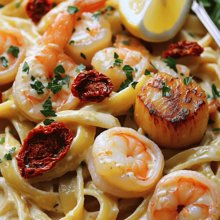 - 8 oz fettuccine pasta - 1 lb shrimp, peeled and deveined - 1 lb sea scallops, rinsed and patted dry - 3 cloves garlic, minced - 1/2 cup sun-dried tomatoes in oil, drained and chopped - 1 cup heavy cream - 1/2 cup grated Parmesan cheese - 3 tablespoons olive oil - 1 teaspoon red pepper flakes (adjust for spice preference) - Salt and pepper to taste - Fresh parsley, chopped, for garnish - Zest and juice of 1 lemon To make a tasty shrimp scallop pasta, gather these ingredients. Use fresh seafood for the best flavor. The fettuccine pasta gives the dish a nice base. Sun-dried tomatoes add a rich taste. The heavy cream and Parmesan make the sauce creamy and savory. When I cook, I love to use fresh herbs. They brighten up the dish. Fresh parsley adds color and flavor. The lemon zest and juice enhance the seafood's taste, giving it a refreshing twist. You can find the full recipe [here](#Full Recipe). Whether it's for a special dinner or a weeknight meal, this dish is sure to impress. To start, bring a large pot of salted water to a boil. Add 8 oz of fettuccine pasta. Cook it according to the package instructions until it is al dente. This means it should be firm but not hard. Once done, drain the pasta but save about 1/2 cup of the pasta water. This water helps to adjust your sauce later. Heat a large skillet over medium-high heat. Add 2 tablespoons of olive oil. Season the sea scallops with salt and pepper. Add them to the hot skillet. Sear each side for about 2-3 minutes until they turn golden brown and opaque. Be careful not to overcrowd the pan. Once they are cooked, take them out and set them aside. Using the same skillet, add the last tablespoon of olive oil. Toss in 3 cloves of minced garlic and sauté for about 30 seconds. Next, add 1 lb of shrimp and 1 teaspoon of red pepper flakes. Cook for about 2-3 minutes until the shrimp turn pink and opaque. Watch closely so they don't overcook. Now, add the chopped sun-dried tomatoes to the skillet. Pour in 1 cup of heavy cream, 1/2 cup of grated Parmesan cheese, and the zest and juice of 1 lemon. Stir everything together and bring it to a gentle simmer for about 2-3 minutes. Make sure to season with salt and pepper to taste. Add the drained fettuccine to the skillet. Toss to coat the pasta in the creamy sauce. If the sauce feels too thick, stir in some of that reserved pasta water. This will help you get the perfect creamy texture. Gently fold in the seared scallops. Remove the skillet from heat. Garnish with fresh parsley for color and flavor. Serve immediately, and don’t forget to add lemon wedges on the side for a burst of freshness. For the full recipe, check out Ocean's Delight Shrimp & Scallop Pasta. To cook seafood right, start with fresh shrimp and scallops. Always rinse them well. Pat them dry before cooking. This helps achieve a nice sear. - For shrimp, look for bright pink color. They should also curl slightly. - Scallops should be golden brown and opaque in the center. These signs show that your seafood is done and safe to eat. Herbs and spices can make your dish shine. I love using fresh basil and parsley. They add a bright taste to the creamy sauce. - For a kick, try adding a bit more red pepper flakes. - When it comes to cheese, Parmesan is a great choice. It melts well and adds creaminess. You can also experiment with aged Gouda for a deeper flavor. One major mistake is overcooking seafood. It turns rubbery and loses its flavor. - Keep an eye on cooking times. - Don’t skip the steps for developing flavor. Sauté your garlic before adding other ingredients. This step builds a strong base for your sauce. A well-cooked dish is always more enjoyable. For the full recipe, check out the detailed instructions in the article above. {{image_2}} You can switch the fettuccine with other pasta types. Try penne or spaghetti for a twist. If you want a different seafood option, use crab or lobster. Both add a rich flavor. For a dairy-free version, use plant-based cream. Almond or coconut cream works well. You still get that creamy texture without the dairy. If you want a vegetarian dish, skip the seafood. Use vegetables like zucchini, bell peppers, or mushrooms instead. Sauté these veggies until soft for a lovely texture. Cauliflower can also add some bite, mimicking the feel of scallops. A splash of lemon juice will brighten the flavors, making it fresh and tasty. Seasons change the ingredients you can use. In spring, add fresh peas or asparagus for a pop of green. Summer allows for cherry tomatoes and fresh basil, giving the dish vibrancy. In fall, think about using butternut squash or kale for warmth. Winter can bring in hearty greens like spinach or swiss chard, creating a cozy meal. Adjust your herbs and spices based on what's in season for the best flavor. To keep your shrimp scallop pasta fresh, store it in an airtight container. Place it in the fridge right after it cools down. Make sure it cools for no more than two hours to stay safe. This dish lasts about three days in the fridge. When you reheat shrimp scallop pasta, use low heat to keep it creamy. Add a splash of cream or pasta water while reheating. This helps maintain the smooth texture. Avoid using high heat, as it can make the seafood rubbery. Heat it gently on the stove or in the microwave. If you want to freeze shrimp scallop pasta, let it cool completely first. Then, store it in a freezer-safe container or bag. It can last up to three months in the freezer. When you’re ready to eat, thaw it in the fridge overnight. Reheat it slowly on the stove, adding a bit of cream to keep it creamy. It takes about 15 minutes to prep and 30 minutes to cook. In total, you need about 45 minutes for this dish. This timing allows you to make a delicious meal without a long wait. You’ll love how quick and simple it is! Yes, you can use frozen shrimp and scallops. Just make sure to thaw them safely. Place them in the fridge overnight or run cold water over them. Cooking time remains the same, but check that they are fully cooked. They should turn pink and opaque. Great sides include a fresh salad or garlic bread. A light vegetable side, like steamed broccoli, also works well. These sides balance the rich flavors of the pasta. They add color and texture to your meal. The dish can be spicy, depending on your taste. You can adjust the spice by adding more or less red pepper flakes. For a milder flavor, leave them out altogether. This way, everyone can enjoy it just how they like. You can make this dish ahead of time, but it’s best served fresh. If you want to prep, cook the pasta and seafood separately. Store them in the fridge. When ready to eat, reheat the pasta and seafood together, adding a splash of cream. This keeps it creamy and delicious. For the full recipe, you can check it out [here](#). This blog post covered how to make delicious Shrimp Scallop Pasta. We explored key ingredients, easy steps, and useful tips. You learned how to cook pasta and seafood to perfection. I shared common mistakes to avoid and variations to try. Keep these tips in mind for a tasty dish. Enjoy creating this recipe and delighting your taste buds with every bite!