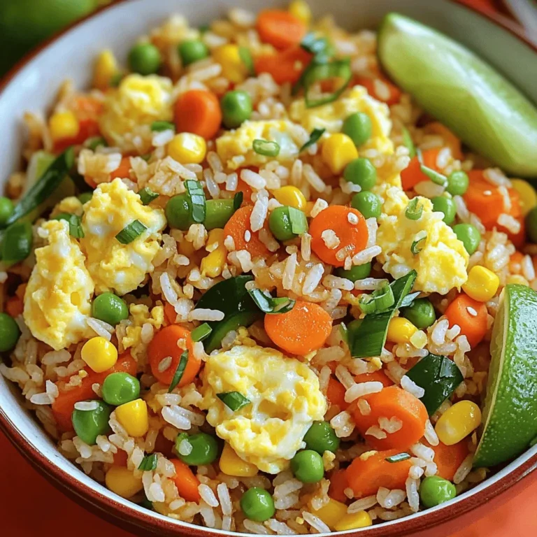 To make easy fried rice, you need the following ingredients: - 2 cups cooked jasmine rice (preferably day-old) - 2 tablespoons vegetable oil - 2 large eggs, beaten - 1 cup mixed vegetables (carrots, peas, corn, bell peppers) - 3 green onions, sliced - 3 cloves garlic, minced - 4 tablespoons soy sauce (low sodium) - 1 teaspoon sesame oil - Salt and pepper to taste - Optional: 1 teaspoon sriracha sauce for a spicy kick Day-old rice is best because it is drier. Fresh rice can clump. For frying, I recommend vegetable oil. It has a high smoke point and a neutral flavor. You can also use canola oil. For a richer taste, try sesame oil. When you add sesame oil, it gives the dish a nice aroma. To make your fried rice exciting, consider adding: - Cooked chicken or shrimp for protein - Chopped bell peppers for sweetness - Peas for a pop of color - Pineapple for a sweet twist - Cashews for crunch These add-ins boost flavor and nutrition. Get creative! You can mix and match as you like. For the full recipe, check the details above. Use day-old rice for the best fried rice. It has less moisture. If you only have fresh rice, spread it on a baking sheet. Let it cool for 15 to 20 minutes. This helps dry it out. Dry rice will fry better and not clump together. Heat one tablespoon of vegetable oil in a large skillet or wok. Use medium-high heat. Pour in the beaten eggs and scramble them. Cook until they are fully set. This should take about two minutes. Once done, place the eggs on a plate and set them aside. In the same skillet, add the other tablespoon of oil. Heat it up, then add minced garlic. Sauté the garlic for about 30 seconds until it smells great. Next, toss in your mixed vegetables. Stir-fry for three to four minutes. If you use fresh veggies, cook them a bit longer until they are soft. Add the cooked rice into the skillet. Break apart any clumps as you mix it in. Stir-fry for about two minutes. Next, drizzle soy sauce and sesame oil over the rice. Mix in the scrambled eggs and sliced green onions. Stir everything well to coat the rice with sauce. Season with salt, pepper, and optional sriracha. Cook for one more minute. Serve your fried rice hot, garnished with more green onions. Enjoy it with lime wedges for an extra kick! For the complete recipe, check out the [Full Recipe]. Using day-old rice makes a big difference. Fresh rice holds too much moisture. This moisture can turn your fried rice into a sticky mess. When you use day-old rice, it dries out. This helps each grain stay separate and fluffy. If you have no day-old rice, spread fresh rice on a baking sheet. Let it cool for 15 to 20 minutes before cooking. This trick helps reduce moisture too. Flavor is key in fried rice. Soy sauce is a must for that umami taste. Low-sodium soy sauce keeps it tasty without too much salt. Adding sesame oil gives a nice nutty flavor. Just a teaspoon adds depth. Want some heat? A splash of sriracha works wonders! You can also try oyster sauce for more richness. Mix these sauces well for the best flavor. Don’t forget to taste as you go! A few common mistakes can ruin your fried rice. Avoid overcrowding the pan. If you add too many ingredients at once, the rice steams instead of fries. This makes it soggy. Another mistake is not using enough oil. Oil helps everything cook evenly and adds flavor. Lastly, remember to stir frequently. This ensures even cooking and prevents burning. Keep these tips in mind for the best fried rice! {{image_2}} You can easily make a tasty vegetarian fried rice. Start with the base recipe. Swap in veggies like broccoli, zucchini, or mushrooms. You can add tofu for protein too. Use soy sauce for flavor. You might also toss in some fresh herbs like basil or cilantro. These herbs will add a fresh taste. Feel free to experiment with what you have on hand. Adding protein makes fried rice heartier. Chicken is a great option. Cook diced chicken until golden brown, then set it aside. Add it back when mixing in the rice. Shrimp works well too. Just sauté the shrimp until they turn pink. Tofu is perfect for a plant-based meal. Use firm tofu, and fry it until crispy. Each protein gives a different texture and flavor. If you love heat, make your fried rice spicy. Start by adding sriracha to the sauce mix. Just one teaspoon can boost the flavor. You can also add chili flakes for more spice. For a smoky touch, try adding a dash of smoked paprika. If you like it really spicy, chop up fresh chili peppers. Adjust the heat to your taste. With these options, you can create a fiery dish. Try these variations to keep your fried rice exciting. You can mix and match flavors to create your own perfect bowl. For full details on the main recipe, check out the Full Recipe. To keep your fried rice fresh, store it in an airtight container. Make sure it cools to room temperature first. Place the lid on tightly. You can keep it in the fridge for up to three days. If you want to save it longer, consider freezing it. When you’re ready to eat your leftover fried rice, you can reheat it easily. The best way is to use a skillet. Heat a bit of oil over medium heat. Add the fried rice and stir it often. This helps it heat evenly. You can also use the microwave. Place the rice in a microwave-safe bowl. Cover it with a damp paper towel. Heat for about one to two minutes. Check if it's hot all the way through before serving. If you want to freeze your fried rice, it’s simple. First, let it cool completely. Then, scoop it into freezer bags. Try to remove as much air as possible before sealing. Label the bags with the date. You can keep frozen fried rice for up to three months. When you are ready to use it, thaw it in the fridge overnight. Reheat as mentioned above for a quick meal. This way, you can enjoy your easy fried rice any day! Yes, you can use different types of rice. Jasmine rice is popular for its soft texture. You might also try basmati rice for a nutty flavor. Brown rice adds a nice chew and extra fiber. Just make sure the rice is cooked and cooled before frying. This helps prevent sogginess. The best way to reheat fried rice is in a skillet. Heat a little oil in the pan over medium heat. Add the fried rice and stir often. This helps it heat evenly. You can add a splash of water to create steam, which warms the rice without drying it out. Microwave reheating works too, but the texture may not be as good. Adding more veggies is easy! You can use any fresh or frozen vegetables. Try broccoli, zucchini, or snap peas for color and crunch. Just chop them small for quick cooking. Sauté them with garlic before adding the rice. This gives the dish more flavor and nutrition. You can even mix in leftover veggies from other meals for a tasty twist. For the full recipe, check the earlier sections! Fried rice is simple and fun to make. We covered essential ingredients, cooking tips, and tasty variations. Remember to choose the right rice and oil for the best taste. Avoid common mistakes to ensure perfect results. You can even store and reheat leftovers easily. Now you have all the keys to creating delicious fried rice at home. Try your own mix and enjoy!