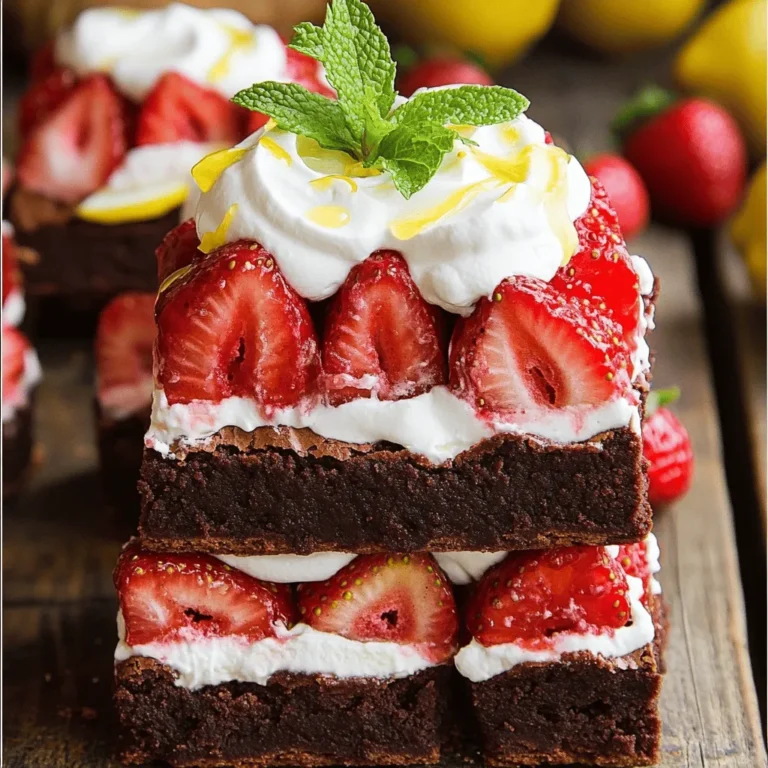 - 1 cup unsweetened cocoa powder - 1 cup granulated sugar - 1 cup brown sugar, packed - 1/2 cup unsalted butter, melted - 4 large eggs - 1 teaspoon vanilla extract - 1/2 cup all-purpose flour - 1/4 teaspoon salt - 2 cups fresh strawberries, hulled and sliced - 1 tablespoon lemon juice - 1 cup heavy cream - 2 tablespoons powdered sugar - Optional chocolate drizzle - Fresh mint leaves for garnish - Baking pan - Mixing bowls - Electric mixer (for whipping cream) The ingredients for this brownie strawberry shortcake are simple yet effective. The cocoa powder gives a rich taste. The mix of sugars adds sweetness. Butter provides richness, while eggs bind everything together. Vanilla brings warmth to the flavor. Flour and salt balance the mix. Fresh strawberries add a juicy and fruity bite. Lemon juice brightens the strawberries’ flavor. Heavy cream becomes a fluffy topping when whipped. Powdered sugar sweetens the cream perfectly. You can add a chocolate drizzle for extra flair. For equipment, a baking pan helps shape the brownies. Mixing bowls are essential for combining ingredients. An electric mixer makes whipping cream easy and quick. You can find all these ingredients and tools at your local store. This recipe is well-rounded. You get rich brownies, sweet strawberries, and creamy whipped cream. Enjoy the balance of flavors and textures in every bite. I love how simple it is to make this treat delicious and beautiful. You can find the full recipe above. 1. Preheat oven and prepare baking pan: Set your oven to 350°F (175°C). Grease a 9x9-inch baking pan. Line it with parchment paper, leaving some overhang. This helps with easy removal later. 2. Mixing dry ingredients: In a big bowl, whisk together 1 cup cocoa powder, 1 cup granulated sugar, 1 cup brown sugar, 1/2 cup flour, and 1/4 teaspoon salt. Make sure everything blends well. 3. Incorporating wet ingredients: Add 1/2 cup melted butter to the dry mix. Stir until smooth. Next, add 4 large eggs, one at a time. Then, mix in 1 teaspoon vanilla extract until well combined. 1. Pouring and spreading the batter: Pour your brownie batter into the prepared pan. Use a spatula to spread it out evenly. 2. Baking time and checking for doneness: Bake for 25-30 minutes. To check if they are done, insert a toothpick in the center. It should come out with a few moist crumbs. 3. Cooling brownies before assembly: Once baked, let the brownies cool completely in the pan. Place them on a wire rack. After they cool, lift them out using the parchment paper and cut them into squares. 1. Macerating the strawberries with lemon juice: In a bowl, mix 2 cups hulled and sliced strawberries with 1 tablespoon lemon juice. Let them sit for about 15 minutes. This softens them and brings out their sweetness. 2. Preparing the whipped cream: In another bowl, whip 1 cup heavy cream and 2 tablespoons powdered sugar together. Beat until soft peaks form. This creates a light and fluffy topping. 3. Tips for achieving perfect whipped cream: To get the best whipped cream, use cold cream and a chilled bowl. This helps it whip faster and hold its shape better. Now, you have all the steps to create this luscious Brownie Strawberry Shortcake delight! For the full recipe, check [Full Recipe]. To make your brownies just right, avoid over-mixing your batter. When you mix too much, the brownies can become tough. Mix until the flour disappears, and then stop. This keeps the brownies soft and chewy. Next, aim for the ideal brownie texture. You want them fudgy, not cakey. Check them in the oven around 25 minutes. When a toothpick comes out with a few moist crumbs, they are done. Let them cool completely before cutting to help maintain their shape. When you assemble your dessert, think about layering. Start with a brownie square, then add strawberries and whipped cream. Repeat the layers for a tall treat. This creates a beautiful, tasty dessert. For a nice plate presentation, use a drizzle of chocolate sauce. Place a mint leaf on top for color. This adds a fresh touch, making your dessert look as good as it tastes. You can use alternative sweeteners in your whipped cream. Try honey or maple syrup for a different flavor. This can make your cream lighter and still sweet. To boost the flavor, add extracts. A drop of almond or orange extract can elevate your whipped cream. This small change can make a big difference in taste. For the full recipe, check out the complete guide to Brownie Strawberry Shortcake. {{image_2}} You can switch up the fruit toppings for this dessert. Instead of strawberries, try raspberries or blueberries. They add a nice tartness. You can also mix in nuts or chocolate chips into the brownie batter. Walnuts or pecans give a nice crunch. Chocolate chips add more chocolate flavor. Both options make the brownies even more exciting. If you want vegan options, you can replace eggs with applesauce or flaxseed. Use plant-based butter and coconut cream for the whipped topping. For gluten-free brownies, swap all-purpose flour with almond flour or a gluten-free blend. This way, everyone can enjoy this dessert. You can serve this treat in fun ways. Individual dessert cups are great for parties. Layer the brownies, whipped cream, and fruit in clear cups. This looks pretty and makes it easy to serve. Another idea is to layer all the ingredients in a trifle dish. This big dessert looks impressive and is perfect for sharing. To keep your dessert layers fresh, store them in a cool, dry place. Use an airtight container to prevent moisture from ruining the brownies or whipped cream. If you have leftover strawberries, keep them in the fridge. You can also layer the components in a container to save space. For reheating brownies, place them in the microwave for 10-15 seconds. This will make them soft and warm. In the refrigerator, your Brownie Strawberry Shortcake will last about 3 days. If you want to keep it longer, you can freeze it. Wrap the brownies tightly in plastic wrap and then in foil. This method helps to avoid freezer burn. They can last up to 2 months in the freezer. For macerated strawberries, store them in a sealed container in the fridge. They should stay fresh for up to 2 days. To keep whipped cream light and fluffy, store it in a separate container. You can also add a pinch of cornstarch to help it hold its shape longer. Avoid mixing it again right before serving to keep the texture perfect. For the full recipe, check the details above. You can use vegan egg alternatives like applesauce or flaxseed. Each option works well. For applesauce, use 1/4 cup for each egg. Flaxseed needs mixing. Combine 1 tablespoon of ground flaxseed with 2.5 tablespoons of water. Let it sit for 5 minutes to thicken. Yes, you can use frozen strawberries. Thaw them first and drain excess liquid. This will keep your dessert from becoming too watery. Frozen strawberries can still taste sweet and delicious. The best way is the toothpick test. Insert a toothpick into the center of the brownies. If it comes out with a few moist crumbs, they are ready. If it’s wet with batter, they need more time. Making whipped cream is simple and fun. Start with cold heavy cream in a bowl. Use an electric mixer on medium speed. Whip until soft peaks form. Add 2 tablespoons of powdered sugar for sweetness. Continue until you reach your desired consistency. You now have all the tools to create a delicious brownie strawberry shortcake. From mixing the ingredients to perfecting your whipped cream, each step counts. Remember the tips for achieving the best texture and flavor. Don’t hesitate to try variations to make it your own. Whether for a special event or just a treat, this dessert will impress. Enjoy sharing your tasty creation with friends and family. Happy baking!