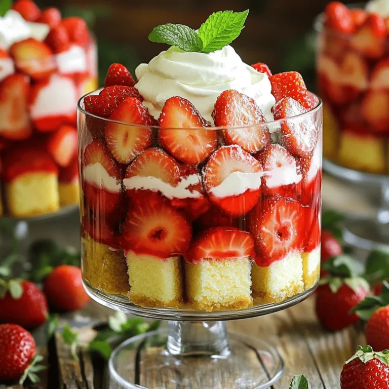 To make a tasty Strawberry Shortcake Trifle, gather these key items: - 2 cups fresh strawberries, hulled and sliced - 1 tablespoon sugar - 1 batch of vanilla sponge cake (about 4 cups, cubed) - 2 cups whipped cream (store-bought or homemade) - 1 cup mascarpone cheese - 1 teaspoon vanilla extract - Fresh mint leaves for garnish You can add fun ingredients to make your trifle even better. Consider these: - A splash of orange juice for a citrus zing - A handful of chocolate chips for a sweet twist - Crushed cookies for extra crunch - A layer of lemon curd for a tart flavor If you have different items at home, you can swap them out: - Use pound cake instead of sponge cake for a richer taste. - Greek yogurt can replace mascarpone for a lighter option. - Any sweet fruit can work if you can't find strawberries, like blueberries or raspberries. - Coconut whipped cream is a great dairy-free choice for a creamy layer. For all the details and steps, check the Full Recipe. Start by hulling and slicing the strawberries. Use fresh strawberries for the best taste. Place them in a bowl and add one tablespoon of sugar. This helps bring out their natural juices. Let the strawberries sit for about 10 to 15 minutes. You will see the juice start to pool at the bottom. This juice adds amazing flavor to your trifle. While the strawberries sit, prepare the whipped cream. If you want to make it from scratch, whip heavy cream until soft peaks form. It should be light and fluffy. Then gently fold in the mascarpone cheese and one teaspoon of vanilla extract. This makes a rich and creamy mixture. If you are short on time, you can use store-bought whipped cream as a shortcut. Now, it's time to assemble the trifle! Start with a layer of cubed vanilla sponge cake at the bottom of your dish. Then, spoon a layer of the macerated strawberries over the cake. Make sure to drizzle some of the juice from the strawberries on top. Next, add a generous layer of the whipped cream mixture. Repeat these layers until you run out of ingredients. Finish with a dollop of whipped cream on top for a beautiful finish. Chill the trifle in the fridge for at least one hour. This helps the flavors blend and the cake soak up the juices. Just before serving, garnish with fresh mint leaves for a touch of color. Enjoy this delightful treat! To create the best layers in your trifle, start with a clear dish. Clear glass lets you see the colorful layers. Use a spoon to evenly spread each layer. This keeps your trifle neat and pretty. Let the sponge cake soak in the strawberry juices. This adds flavor and moisture. Aim for three to four layers for a tall, impressive trifle. Making whipped cream at home is easy and tasty. Use cold heavy cream for the best results. Pour it into a mixing bowl. Whip it until soft peaks form. Then, gently fold in mascarpone cheese and vanilla extract. This mix makes your cream rich and smooth. Avoid over-whipping, or it may turn grainy. You want it fluffy and light. Serve your trifle in clear glass cups for a fun touch. This way, everyone sees the layers. Top with fresh mint leaves for color and flavor. You can also add a sprinkle of crushed cookies or nuts for crunch. For a twist, try a drizzle of chocolate sauce. This adds a new layer of taste to your dessert. Enjoy your Strawberry Shortcake Trifle as a sweet treat after dinner! {{image_2}} You can switch out strawberries for different fruits. Ripe peaches, blueberries, and raspberries work well. They all add their unique flavors to the trifle. Try mixing a few kinds for a colorful twist. For example, use half strawberries and half blueberries. This mix brightens the dessert and makes it more fun to eat. Want to add a twist? You can enhance the flavor in many ways. A layer of chocolate pudding can add a rich depth. You can also mix citrus zest into the whipped cream. Lemon or orange zest gives a refreshing taste. For an adult twist, try adding a splash of liqueur to the fruit. This adds a fun kick to your trifle. If you have dietary needs, you can still enjoy this trifle. To make it gluten-free, use gluten-free cake or ladyfingers. For a dairy-free option, swap out the mascarpone and whipped cream for coconut cream. Just make sure the other ingredients fit your needs. These adjustments let everyone enjoy this delightful layered treat. For the full recipe, check the earlier section. After enjoying your Strawberry Shortcake Trifle, you might have some leftovers. To store them, cover the trifle with plastic wrap or a lid. If you used individual cups, seal them tightly. This keeps the dessert fresh and prevents air from getting in. When storing, place the trifle in the fridge. This keeps the strawberries fresh and the cream cool. Avoid adding fresh mint leaves until serving. They can wilt and lose color in the fridge. If you want to keep the layers looking nice, try not to mix them. You can keep your trifle in the fridge for up to three days. After that, the strawberries may become mushy, and the cake can get soggy. If you want to enjoy your treat later, it’s best to eat it within this time. For the best taste and texture, serve soon after making it. You can find the full recipe for more details. You can easily prepare this trifle a day before. Just layer the ingredients as usual. Cover it with plastic wrap and store it in the fridge. This gives time for the flavors to blend well. The sponge cake will soak up the strawberry juices and become even tastier. Just remember to add the fresh mint leaves right before serving. This keeps them bright and fresh. Yes, you can use frozen strawberries! Just make sure to thaw them first. Drain any excess juice to avoid making the trifle soggy. You may want to add a little sugar to enhance their flavor. This way, frozen strawberries can work just as well as fresh ones. Many desserts go well with Strawberry Shortcake Trifle. Here are a few ideas: - Lemon bars add a nice tartness. - Chocolate mousse brings rich flavor. - Angel food cake offers a light option. - Fresh fruit salad is refreshing and light. These desserts can complement the trifle's sweetness and create a lovely dessert spread. For the complete recipe, check out the [Full Recipe]. You’ve learned how to make a delicious Strawberry Shortcake Trifle. We covered essential ingredients, step-by-step instructions, and useful tips. Variations let you customize flavors and meet dietary needs. Remember to store leftovers properly for the best taste. Now, you can impress family and friends with this sweet treat. Enjoy every layer and experiment with different fruits or flavors to make it your own!