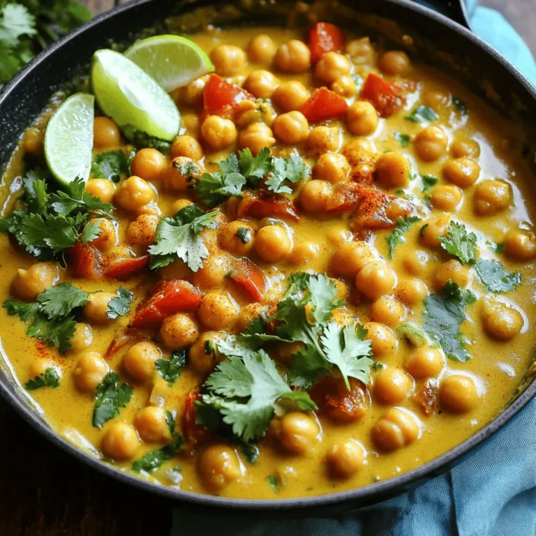 - 2 cans (15 oz each) chickpeas, drained and rinsed - 1 large onion, finely chopped - 3 cloves garlic, minced - 1-inch piece of ginger, grated - 2 medium tomatoes, diced - 1 can (14 oz) coconut milk - 2 tablespoons olive oil - 1 tablespoon curry powder - 1 teaspoon ground cumin - 1 teaspoon ground coriander - 1 teaspoon turmeric - 1 teaspoon red chili powder (adjust to taste) - Salt and pepper to taste - Fresh cilantro for garnish - 1 lime, cut into wedges When I make spicy chickpea curry, I always gather my ingredients first. It helps keep things organized. The chickpeas are the star of this dish. They give it a hearty texture. I use canned chickpeas for ease, but dried ones work too if you soak them overnight. Next, I chop the onion finely. This adds sweetness and depth to the curry. I always mince garlic and grate ginger for a flavorful kick. Fresh tomatoes add brightness, while coconut milk makes the sauce creamy and rich. For spices, I love a mix of curry powder, cumin, and coriander. Turmeric lends a lovely yellow color. Red chili powder brings heat, so I adjust it to my taste. Don't forget salt and pepper; they enhance all the flavors. Finally, I top the dish with fresh cilantro and lime wedges. The cilantro adds freshness, and lime provides a zesty contrast. It’s a simple yet packed dish with flavorful goodness. For the full recipe, check out the detailed instructions provided. To chop onions and garlic efficiently, start by peeling the onion. Cut off both ends, then slice it in half. Lay half flat and make thin cuts lengthwise. Then, turn it and slice across for a fine chop. For garlic, smash the clove under your knife to loosen the skin. This makes peeling easy. Once peeled, mince it finely. For ginger, use a spoon to peel the skin. This method reduces waste. After peeling, use a box grater to grate the ginger. This gives you a fine texture that blends well into the curry. First, heat two tablespoons of olive oil in a large skillet over medium heat. Once hot, add the chopped onion. Sauté until it turns translucent, which should take about five minutes. This step builds a rich base for your curry. Next, add the minced garlic and grated ginger. Cook for another two minutes until you smell their lovely aroma. Then, stir in the two diced tomatoes. Let them cook down for four to five minutes. You want them to soften and break down into a thick sauce. Now it's time to add spices for the best flavor. Sprinkle in one tablespoon of curry powder, one teaspoon of ground cumin, one teaspoon of ground coriander, one teaspoon of turmeric, and one teaspoon of red chili powder. Mix these in and cook for another two minutes. This toasts the spices, enhancing their flavors. Pour in one can of coconut milk and add the drained chickpeas. Stir well to combine everything. Bring the mixture to a gentle simmer. Reduce the heat to low and let it cook for 15 to 20 minutes. Stir occasionally until the sauce thickens. This gives you a creamy, flavorful dish that you will love. For the full recipe, check the previous section. For the best sauté, heat your olive oil over medium heat. Add the onion and let it cook until it turns soft and clear. This usually takes about five minutes. Next, add the garlic and ginger. Stir for two minutes until they smell great. This step builds a solid flavor base. To adjust spice levels, start with less red chili powder. You can always add more later. Taste the curry as it cooks. This way, you can find the right heat for your palate. Serve your spicy chickpea curry with rice or naan. Both pair well and soak up the sauce nicely. Also, consider adding a side of yogurt or chutney for coolness. For presentation, use a bowl that shows the vibrant colors. A sprinkle of fresh cilantro on top makes it look even better. Chickpeas are a great source of protein and fiber. They help keep you full and satisfied. Plus, they have many vitamins and minerals. This dish is also low in fat and full of healthy carbs. One serving of spicy chickpea curry has about 300 calories. This makes it a healthy option for lunch or dinner. If you're watching your diet, this dish fits well into many meal plans. {{image_2}} For a vegetarian or vegan twist, you can swap coconut milk for other plant-based options. Almond milk or soy milk work well, but they change the taste. You can also add extra vegetables to boost nutrition. Spinach, carrots, and bell peppers fit perfectly. If you want a protein boost, try adding tofu or other legumes. Firm tofu soaks up the flavors and adds texture. You can also mix in lentils for extra protein. For meat lovers, chicken or shrimp makes great additions. Just cook them until done before adding to the curry. To enhance flavor, experiment with different spices or herbs. Fresh basil or mint gives a nice touch. If you like heat, add more red chili powder or fresh chilies. To tone down the spice, use less chili or add a bit of sugar. Balancing the heat creates a dish you will love every time. For the full recipe, check out [Full Recipe]. To store your spicy chickpea curry, let it cool first. Transfer it to an airtight container. This helps keep flavors fresh. Place it in the fridge right away. The curry will last up to 5 days. Make sure to check for any signs of spoilage before eating. If you want to freeze the curry, use a freezer-safe container. Leave some space at the top, as the curry will expand. It is best to freeze it within 2 days of cooking. When you’re ready to eat, thaw it in the fridge overnight. You can also use the microwave for a quick thaw. Expect a slight change in texture after freezing. The chickpeas may feel softer, but the taste remains great. For reheating, use a saucepan over low heat. Add a splash of water or coconut milk to keep it moist. Stir often to avoid burning. You can also use a microwave; just cover it to keep moisture in. Heat in short bursts, stirring in between. This will help maintain flavor and texture in your curry. Enjoy it warm, with fresh cilantro on top for an extra kick! Can I use dried chickpeas instead of canned? Yes, you can use dried chickpeas. Just soak them overnight and cook them until soft. This may take longer than using canned chickpeas, but the flavor is worth it. What can I serve with spicy chickpea curry? I love serving this curry with fluffy rice or warm naan. You can also add a side salad or some roasted veggies for extra crunch and flavor. Can I make this recipe in a slow cooker? Absolutely! Just add all the ingredients to the slow cooker. Cook on low for 6-8 hours or on high for 3-4 hours. The flavors will blend beautifully. Is it possible to cook this dish in an Instant Pot? Yes, cooking in an Instant Pot is simple. Use the sauté function first, then add everything else. Cook on high pressure for 10 minutes, and let it release naturally for best results. Is spicy chickpea curry gluten-free? Yes, this curry is gluten-free. Just make sure the spices you use are certified gluten-free to avoid any cross-contamination. Can I adapt this recipe for a low-carb diet? You can reduce the amount of chickpeas and add more low-carb veggies. Zucchini or spinach work well. This keeps the flavor while lowering the carb count. For the full recipe, check out the details above! This blog post shared a simple recipe for Spicy Chickpea Curry. We covered required ingredients, spices, and garnishes to bring flavor. I detailed the cooking steps, offered tips, and provided serving suggestions. Nutritional information and variations show how to make this dish fit your needs. In conclusion, enjoy the ease and taste of this curry. It’s a healthy choice anyone can make. Customize it to your liking and enjoy!