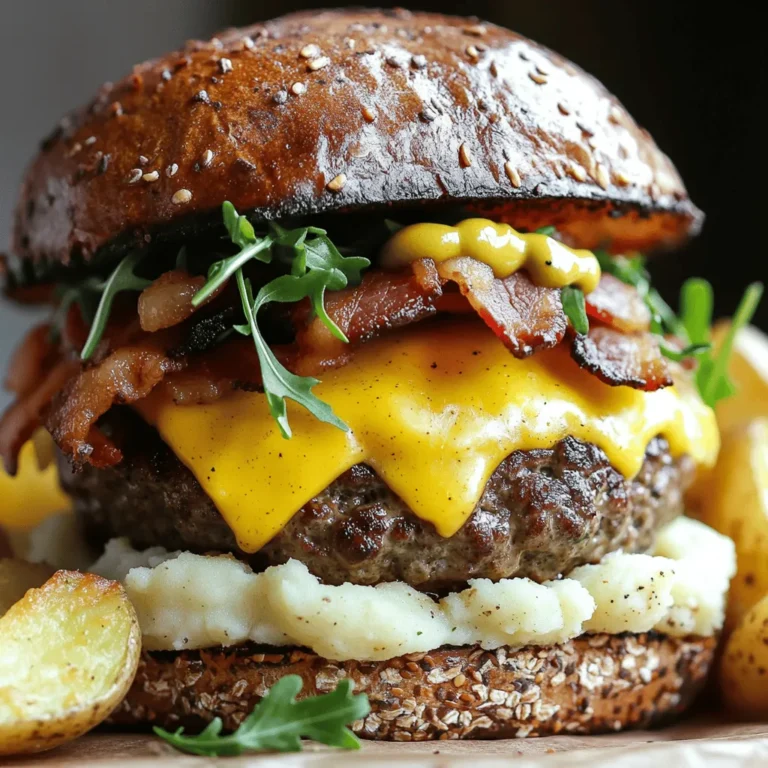 - Ground beef: I use a blend of 80% lean and 20% fat. This mix keeps the burger juicy while cooking. The fat adds great flavor and moisture, making each bite rich and satisfying. - Irish cheddar cheese: Aged Irish cheddar gives a sharp, tangy taste. It melts beautifully, adding creaminess to the burger. Always opt for high-quality cheese for the best flavor. - Seasonings: I use dried thyme and garlic powder. These spices enhance the burger's flavor without overpowering it. Salt and pepper are also crucial for balance. - Fresh greens: I recommend arugula or mixed greens. They add a nice crunch and freshness. You can also use lettuce if you prefer a classic touch. - Condiments: Choose Guinness mustard or whole grain mustard for a unique twist. They provide a slight tang that pairs well with the beef. - Creative garnishes: Sliced pickles or crispy bacon add texture and extra flavor. You can also experiment with sautéed onions or jalapeños. - Essential kitchen tools: You will need a mixing bowl, spatula, and a knife. A grill or skillet is necessary for cooking the burgers. - Cooking surface options: A grill adds a smoky flavor, while a skillet offers great control over heat. Both methods work well, so choose what you prefer. To start, gather your ingredients. In a large bowl, combine the ground beef, diced cooked potatoes, shredded Irish cheddar cheese, chopped chives, dried thyme, garlic powder, salt, and pepper. Mix these well, but be careful not to overwork the meat. Overmixing can make the burger tough. You want a light touch here. Just combine until everything is mixed evenly. Next, divide the mixture into four equal portions. Roll each portion into a ball and then flatten it gently to form a patty. The key is to make a slight indentation in the center of each patty. This helps the burgers cook evenly and prevents puffing. A good patty shape is crucial for a juicy bite. Now, it's time to cook your burgers. Preheat your grill or skillet to medium-high heat. Once hot, add the patties. Cook for about 4-5 minutes on each side for a medium doneness. You can adjust the time to your liking. If you want them well-done, add an extra minute. In the last minute of cooking, place a slice of Irish cheddar on each patty to melt. This adds extra flavor and creaminess to your burger. To make the best Irish pub burger, start with the right beef blend. I recommend an 80/20 blend of ground beef. This mix has enough fat to keep your burger juicy. The fat adds flavor and moisture, making each bite delightful. When cooking, keep these tips in mind for moisture retention. Do not press down on the patties while they cook. This traps the juices inside, making your burger tender. Also, consider placing an indentation in the center of the patty. This helps it cook evenly and prevents puffing. Pair your Irish pub burger with tasty options. A classic choice is crispy potato wedges. They add a nice crunch and complement the burger well. You can also serve them with coleslaw for a refreshing contrast. For beverages, I suggest a cold pint of stout or lager. The rich flavors in these drinks match the burger's taste. You could also try a light cider for a fruity twist. Plating your burger nicely makes it more appealing. Start with a clean plate. Place the bottom half of the bun on the plate. Add a layer of arugula, then the burger patty. For garnish, sprinkle some fresh chives or add a slice of pickle on top. This adds color and texture. A drizzle of mustard on the side can enhance the look too. Remember, people eat with their eyes first! {{image_2}} You can swap proteins in this burger. Try ground turkey or chicken for a lighter option. If you prefer plant-based meals, use lentils or black beans. They work well with the same seasonings. For cheese, consider dairy-free options like cashew or almond cheese. These can add a nice, creamy touch without dairy. To make your burger pop, add spices or sauces. A dash of smoked paprika brings warmth. A splash of Worcestershire sauce adds depth. You might also try hot sauce for some heat. In Ireland, burgers often include local favorites like stout or whiskey in the mix. These ingredients enhance the burger's flavor and give it a unique twist. Grilling is a classic way to cook these burgers. It gives them a nice char and smoky flavor. Ensure your grill is hot before adding the patties. If you prefer pan-frying, use a cast-iron skillet. This method helps the burger keep its juices. You can also bake them in the oven at 375°F. This will take a bit longer but is an easy hands-off method. For the full recipe, check the Delicious Irish Pub Burger section. Enjoy experimenting with these ideas! After you enjoy your Delicious Irish Pub Burger, put any leftovers in an airtight container. This helps keep them fresh. Store the burgers in the fridge for up to three days. Remember to let them cool before sealing. This step prevents moisture loss. If you want to keep the burgers longer, freezing is the best choice. Wrap each burger tightly in plastic wrap. Then, place them in a freezer bag. They can last up to three months in the freezer. When ready to eat, move them to the fridge overnight to thaw. For quick thawing, you can use the microwave on the defrost setting. To keep your burgers tasty, reheat them in the oven. Set the oven to 350°F (175°C) and place the burgers on a baking sheet. Heat for about 10-15 minutes. This method helps maintain their juiciness. Avoid using the microwave if you want to keep the texture. Microwaves can make the buns soggy. Enjoy your meal by following these tips. An Irish pub burger stands out due to its unique blend of flavors. The key features include: - Ground beef mixed with diced cooked potatoes for added texture. - Aged Irish cheddar cheese, adding a rich flavor. - Fresh chives and thyme for an herby taste. This burger brings a taste of Ireland to your plate. Yes, you can prepare these burgers ahead of time. To do so: - Shape the patties and store them in the fridge for up to 24 hours. - You can also freeze patties for later use. Just wrap them tightly. - Thaw in the fridge before cooking. This keeps the flavor fresh. Pair these burgers with tasty side dishes like: - Crispy potato wedges or fries for crunch. - A fresh side salad for a light touch. - Coleslaw adds a creamy contrast. These sides enhance the burger experience. You can find the complete Delicious Irish Pub Burger recipe online. Following the full recipe ensures you capture every flavor and detail. Authenticity in cooking makes your meal truly special. This guide covered everything for making your perfect Irish pub burger. From choosing the right ground beef and Irish cheddar cheese to optional toppings and cooking methods, you can create a delicious meal. Remember to consider ingredient swaps and cooking methods to suit your taste. Proper storage and reheating will keep your burgers fresh. Follow these tips, and you’ll impress your friends and family. Enjoy the process and savor every bite of your creation.