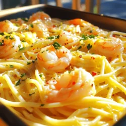 To make Lemon Garlic Shrimp Pasta, you need these fresh ingredients: - 8 oz spaghetti or linguine - 1 lb large shrimp, peeled and deveined - 4 cloves garlic, minced - 1 lemon (juiced and zested) - 1/4 cup olive oil - 1/4 cup unsalted butter - 1/4 teaspoon red pepper flakes - Salt and pepper to taste - Fresh parsley, chopped for garnish - Grated Parmesan cheese for serving (optional) These ingredients bring bright flavors to your dish. Fresh shrimp and lemon add a nice touch. If you lack some ingredients, don’t worry! Here are some easy swaps: - Pasta: Use any pasta you like, such as penne or fettuccine. - Shrimp: You can use scallops or chicken instead of shrimp. - Garlic: Garlic powder works if you don’t have fresh garlic. - Olive oil: Any cooking oil, like avocado or canola, can work well. - Butter: You can skip butter for a lighter dish or use coconut oil. These substitutions keep your meal tasty while fitting your kitchen needs. Each serving of Lemon Garlic Shrimp Pasta offers a healthy balance. Here’s what you get: - Calories: 450 - Protein: 25g - Carbohydrates: 50g - Fat: 20g - Fiber: 2g This dish provides energy and protein while keeping it light. Enjoy it as a main meal or share it with friends. Check the [Full Recipe] for more details! To start, bring a large pot of salted water to a boil. I like to use a big pot so the pasta cooks evenly. Once it boils, add 8 oz of spaghetti or linguine. Cook it according to the package instructions until it’s al dente. This usually takes about 8 to 10 minutes. When it’s done, drain the pasta but save 1/2 cup of the pasta water. Set the pasta aside to wait for the shrimp. Next, grab a large skillet. Heat 1/4 cup of olive oil and 1/4 cup of unsalted butter over medium heat. When the butter melts and bubbles, add 4 cloves of minced garlic and 1/4 teaspoon of red pepper flakes. Sauté this mixture for about 1-2 minutes. Keep an eye on the garlic; you don’t want it to brown. Now, add 1 lb of large shrimp to the skillet. Lay them in a single layer. Cook for 2-3 minutes on each side. When they turn pink and opaque, they’re done. Season the shrimp with salt and pepper. Then, stir in the juice and zest of 1 lemon. This adds a bright flavor! Finally, add the cooked pasta and the reserved pasta water to the skillet. Toss everything together over low heat. Make sure the pasta and shrimp are well combined and heated through. Adjust the seasoning if you need to. To achieve the perfect al dente pasta, follow these tips: - Use plenty of salted water. This helps the pasta cook evenly. - Stir the pasta occasionally while it cooks to prevent sticking. - Taste the pasta one minute before the package time ends. It should be firm but not hard. - Always reserve some pasta water. It helps to create a creamy sauce later. Cooking shrimp to tender perfection is easy with these steps: - Use fresh or thawed shrimp. Frozen shrimp can become tough if overcooked. - Do not overcrowd the skillet. This helps them cook evenly. - Cook until they turn pink and opaque. This usually takes 2-3 minutes per side. - Remove from heat as soon as they’re done. Overcooking makes them rubbery. For the complete recipe, check out the [Full Recipe]. To make Lemon Garlic Shrimp Pasta, you will need a few key tools: - Large pot for boiling pasta - Skillet for cooking shrimp - Colander for draining pasta - Measuring cups for liquids - Zester for the lemon peel - Knife and cutting board for garlic and parsley These tools ensure a smooth cooking process and great results. Shrimp can be tricky to cook. Here are some pitfalls to avoid: - Overcooking: Shrimp cooks fast. Aim for 2-3 minutes per side. - Not seasoning enough: Salt and pepper enhance flavor. Don’t skip this step. - Crowding the pan: Give shrimp space to cook evenly. Cook in batches if needed. Avoiding these mistakes will help you serve perfect shrimp every time. Lemon Garlic Shrimp Pasta shines when paired with fresh sides. Consider these options: - A crisp green salad with vinaigrette - Garlic bread for a comforting touch - Steamed asparagus or broccoli for added color These sides balance flavors and create a well-rounded meal. Enjoy your delicious dish! For the complete recipe, check out the Full Recipe link. {{image_2}} You can easily make Lemon Garlic Shrimp Pasta healthier. Try using whole wheat pasta instead of regular pasta. Whole wheat adds fiber and nutrients. It also gives a nutty taste that pairs well with shrimp. If you're gluten-free, use gluten-free pasta. Many brands make great options that cook just like regular pasta. For a vegan version, swap shrimp with plant-based protein. Tofu or tempeh works well. You can also use chickpeas for a hearty texture. Use vegan butter and olive oil for cooking. Replace Parmesan cheese with a vegan alternative or nutritional yeast for a cheesy flavor. This way, you keep the dish delicious and satisfying. Adding herbs and spices can change the flavor of your dish. Fresh basil or cilantro adds a bright touch. You can also sprinkle in some oregano or thyme for depth. If you like heat, try adding more red pepper flakes. A dash of smoked paprika gives a lovely smoky flavor. Experiment with what you love to make this dish your own. For the full recipe, refer back to the main section. To keep your Lemon Garlic Shrimp Pasta fresh, store it in an airtight container. Make sure it cools down first. This helps avoid extra moisture. You can keep it in the fridge for up to three days. If you have a lot of leftovers, you can freeze it too. Just place portions in freezer bags. Remove as much air as you can to prevent freezer burn. When you're ready to enjoy your leftovers, reheating is key. The best way is to use a skillet. Add a splash of olive oil or a bit of water. Warm it over low heat, stirring gently. This method keeps the pasta moist. You can also use a microwave. Place the pasta in a bowl and cover it with a damp paper towel. Heat in short bursts, stirring in between. This prevents it from drying out. Lemon Garlic Shrimp Pasta will stay fresh in the fridge for about three days. If frozen, it can last for about three months. Always check for any changes in smell or texture before eating. If it smells off, it's best to toss it out. Enjoy your delicious meal knowing you stored it right! For the full recipe, refer back to the main section. Yes, you can use frozen shrimp. Just thaw them before cooking. Place them in cold water for quick thawing. Drain well after thawing. Frozen shrimp cooks well and saves time. They may take one or two extra minutes to cook. Always check that they are pink and opaque before serving. This ensures they are cooked through. Lemon Garlic Shrimp Pasta pairs well with several sides. A fresh green salad adds a nice crunch. Garlic bread is perfect for soaking up the sauce. You can also serve steamed vegetables for a healthy touch. Consider a light white wine like Pinot Grigio for a drink. These options enhance the meal without overpowering it. To spice up your dish, add more red pepper flakes. You can start with half a teaspoon more. If you like heat, try adding sliced fresh jalapeños. For a smoky flavor, add smoked paprika. Adjust the spice to your taste as you cook. Always taste before serving to find your perfect heat level. This blog post covered every aspect of making Lemon Garlic Shrimp Pasta. You learned about necessary ingredients, easy steps, and useful tips. We also explored variations and storage methods to keep your pasta fresh. With these insights, you can enjoy a delightful meal anytime. Cooking doesn’t have to be hard. Follow the steps, and you’ll impress your family and friends. Keep experimenting with flavors to make this dish your own!