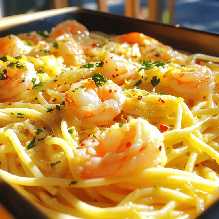 To make Lemon Garlic Shrimp Pasta, you need these fresh ingredients: - 8 oz spaghetti or linguine - 1 lb large shrimp, peeled and deveined - 4 cloves garlic, minced - 1 lemon (juiced and zested) - 1/4 cup olive oil - 1/4 cup unsalted butter - 1/4 teaspoon red pepper flakes - Salt and pepper to taste - Fresh parsley, chopped for garnish - Grated Parmesan cheese for serving (optional) These ingredients bring bright flavors to your dish. Fresh shrimp and lemon add a nice touch. If you lack some ingredients, don’t worry! Here are some easy swaps: - Pasta: Use any pasta you like, such as penne or fettuccine. - Shrimp: You can use scallops or chicken instead of shrimp. - Garlic: Garlic powder works if you don’t have fresh garlic. - Olive oil: Any cooking oil, like avocado or canola, can work well. - Butter: You can skip butter for a lighter dish or use coconut oil. These substitutions keep your meal tasty while fitting your kitchen needs. Each serving of Lemon Garlic Shrimp Pasta offers a healthy balance. Here’s what you get: - Calories: 450 - Protein: 25g - Carbohydrates: 50g - Fat: 20g - Fiber: 2g This dish provides energy and protein while keeping it light. Enjoy it as a main meal or share it with friends. Check the [Full Recipe] for more details! To start, bring a large pot of salted water to a boil. I like to use a big pot so the pasta cooks evenly. Once it boils, add 8 oz of spaghetti or linguine. Cook it according to the package instructions until it’s al dente. This usually takes about 8 to 10 minutes. When it’s done, drain the pasta but save 1/2 cup of the pasta water. Set the pasta aside to wait for the shrimp. Next, grab a large skillet. Heat 1/4 cup of olive oil and 1/4 cup of unsalted butter over medium heat. When the butter melts and bubbles, add 4 cloves of minced garlic and 1/4 teaspoon of red pepper flakes. Sauté this mixture for about 1-2 minutes. Keep an eye on the garlic; you don’t want it to brown. Now, add 1 lb of large shrimp to the skillet. Lay them in a single layer. Cook for 2-3 minutes on each side. When they turn pink and opaque, they’re done. Season the shrimp with salt and pepper. Then, stir in the juice and zest of 1 lemon. This adds a bright flavor! Finally, add the cooked pasta and the reserved pasta water to the skillet. Toss everything together over low heat. Make sure the pasta and shrimp are well combined and heated through. Adjust the seasoning if you need to. To achieve the perfect al dente pasta, follow these tips: - Use plenty of salted water. This helps the pasta cook evenly. - Stir the pasta occasionally while it cooks to prevent sticking. - Taste the pasta one minute before the package time ends. It should be firm but not hard. - Always reserve some pasta water. It helps to create a creamy sauce later. Cooking shrimp to tender perfection is easy with these steps: - Use fresh or thawed shrimp. Frozen shrimp can become tough if overcooked. - Do not overcrowd the skillet. This helps them cook evenly. - Cook until they turn pink and opaque. This usually takes 2-3 minutes per side. - Remove from heat as soon as they’re done. Overcooking makes them rubbery. For the complete recipe, check out the [Full Recipe]. To make Lemon Garlic Shrimp Pasta, you will need a few key tools: - Large pot for boiling pasta - Skillet for cooking shrimp - Colander for draining pasta - Measuring cups for liquids - Zester for the lemon peel - Knife and cutting board for garlic and parsley These tools ensure a smooth cooking process and great results. Shrimp can be tricky to cook. Here are some pitfalls to avoid: - Overcooking: Shrimp cooks fast. Aim for 2-3 minutes per side. - Not seasoning enough: Salt and pepper enhance flavor. Don’t skip this step. - Crowding the pan: Give shrimp space to cook evenly. Cook in batches if needed. Avoiding these mistakes will help you serve perfect shrimp every time. Lemon Garlic Shrimp Pasta shines when paired with fresh sides. Consider these options: - A crisp green salad with vinaigrette - Garlic bread for a comforting touch - Steamed asparagus or broccoli for added color These sides balance flavors and create a well-rounded meal. Enjoy your delicious dish! For the complete recipe, check out the Full Recipe link. {{image_2}} You can easily make Lemon Garlic Shrimp Pasta healthier. Try using whole wheat pasta instead of regular pasta. Whole wheat adds fiber and nutrients. It also gives a nutty taste that pairs well with shrimp. If you're gluten-free, use gluten-free pasta. Many brands make great options that cook just like regular pasta. For a vegan version, swap shrimp with plant-based protein. Tofu or tempeh works well. You can also use chickpeas for a hearty texture. Use vegan butter and olive oil for cooking. Replace Parmesan cheese with a vegan alternative or nutritional yeast for a cheesy flavor. This way, you keep the dish delicious and satisfying. Adding herbs and spices can change the flavor of your dish. Fresh basil or cilantro adds a bright touch. You can also sprinkle in some oregano or thyme for depth. If you like heat, try adding more red pepper flakes. A dash of smoked paprika gives a lovely smoky flavor. Experiment with what you love to make this dish your own. For the full recipe, refer back to the main section. To keep your Lemon Garlic Shrimp Pasta fresh, store it in an airtight container. Make sure it cools down first. This helps avoid extra moisture. You can keep it in the fridge for up to three days. If you have a lot of leftovers, you can freeze it too. Just place portions in freezer bags. Remove as much air as you can to prevent freezer burn. When you're ready to enjoy your leftovers, reheating is key. The best way is to use a skillet. Add a splash of olive oil or a bit of water. Warm it over low heat, stirring gently. This method keeps the pasta moist. You can also use a microwave. Place the pasta in a bowl and cover it with a damp paper towel. Heat in short bursts, stirring in between. This prevents it from drying out. Lemon Garlic Shrimp Pasta will stay fresh in the fridge for about three days. If frozen, it can last for about three months. Always check for any changes in smell or texture before eating. If it smells off, it's best to toss it out. Enjoy your delicious meal knowing you stored it right! For the full recipe, refer back to the main section. Yes, you can use frozen shrimp. Just thaw them before cooking. Place them in cold water for quick thawing. Drain well after thawing. Frozen shrimp cooks well and saves time. They may take one or two extra minutes to cook. Always check that they are pink and opaque before serving. This ensures they are cooked through. Lemon Garlic Shrimp Pasta pairs well with several sides. A fresh green salad adds a nice crunch. Garlic bread is perfect for soaking up the sauce. You can also serve steamed vegetables for a healthy touch. Consider a light white wine like Pinot Grigio for a drink. These options enhance the meal without overpowering it. To spice up your dish, add more red pepper flakes. You can start with half a teaspoon more. If you like heat, try adding sliced fresh jalapeños. For a smoky flavor, add smoked paprika. Adjust the spice to your taste as you cook. Always taste before serving to find your perfect heat level. This blog post covered every aspect of making Lemon Garlic Shrimp Pasta. You learned about necessary ingredients, easy steps, and useful tips. We also explored variations and storage methods to keep your pasta fresh. With these insights, you can enjoy a delightful meal anytime. Cooking doesn’t have to be hard. Follow the steps, and you’ll impress your family and friends. Keep experimenting with flavors to make this dish your own!
