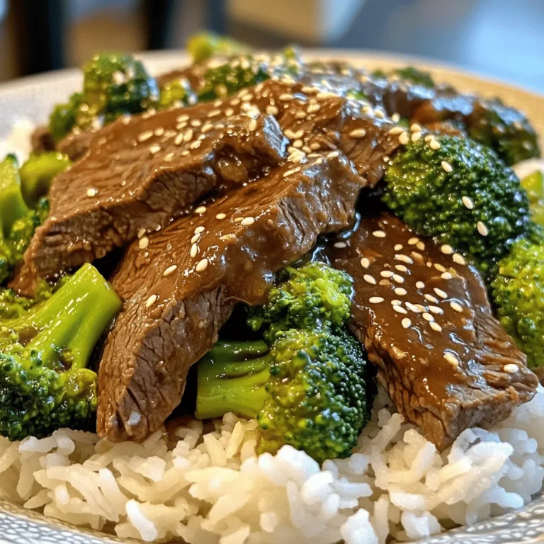 To make Instant Pot Beef and Broccoli, you will need: - 1 lb flank steak, thinly sliced against the grain - 2 cups broccoli florets - 1 cup beef broth - ¼ cup soy sauce (low-sodium recommended) - 2 tablespoons brown sugar - 1 tablespoon sesame oil - 2 cloves garlic, minced - 1 inch ginger, grated - 2 tablespoons cornstarch - 2 tablespoons water - Sesame seeds for garnish - Cooked rice for serving These ingredients combine to create a savory dish packed with flavor. The flank steak gives it a tender bite, while the broccoli adds a fresh crunch. If you don’t have flank steak, you can use sirloin or ribeye. Both work well in this dish. For soy sauce, tamari is a great gluten-free option. If you want a sweeter taste, you can use honey instead of brown sugar. If you prefer not to use sesame oil, any mild oil will do. You might consider olive oil or vegetable oil as well. Lastly, feel free to swap fresh ginger for ground ginger if that’s what you have. Choosing the right beef is key. Look for flank steak that is bright red with good marbling. This marbling means better flavor and tenderness. For broccoli, choose florets that are bright green and firm. Avoid any that look yellow or wilted. Fresh broccoli will give you a better texture and taste in your dish. By selecting quality ingredients, you ensure a better meal that everyone will enjoy. For the full recipe, check out the detailed instructions. Start by gathering all your ingredients. This saves time later. You will need: - 1 lb flank steak, thinly sliced against the grain - 2 cups broccoli florets - 1 cup beef broth - ¼ cup soy sauce (low-sodium recommended) - 2 tablespoons brown sugar - 1 tablespoon sesame oil - 2 cloves garlic, minced - 1 inch ginger, grated - 2 tablespoons cornstarch - 2 tablespoons water - Sesame seeds for garnish - Cooked rice for serving Make sure to slice the flank steak thinly. This helps it cook quickly and stay tender. Next, rinse your broccoli florets and set them aside. Turn your Instant Pot to sauté mode. Once it’s hot, add sesame oil. After that, add minced garlic and grated ginger. Stir them for about 30 seconds. This step makes your kitchen smell amazing. Now, add the sliced flank steak to the pot. Sauté it for 3-4 minutes until it turns brown. This browning gives flavor to the dish. Mix beef broth, soy sauce, and brown sugar in a bowl. Pour this mixture over the beef. Close the lid and make sure the valve is sealed. Select the manual setting and cook on high pressure for 10 minutes. When the time is up, perform a quick release. Open the lid carefully. Stir in the broccoli florets. Close the lid again and cook on high pressure for another 2 minutes. After that, do another quick release and open the lid. To thicken the sauce, mix cornstarch with water in a small bowl. This mixture is called a slurry. Stir the slurry into the beef and broccoli. Turn the Instant Pot to sauté mode again. Cook for 2-3 minutes until the sauce thickens. Serve your beef and broccoli hot over cooked rice. Garnish with sesame seeds for a nice touch. Now, you have a flavorful meal ready in no time! For the full recipe, check out the previous section. Using the Instant Pot can make cooking easy and fun. Always ensure your pot is clean and dry before use. This helps prevent any issues. Use the sauté mode to build flavor at the start. It helps brown the beef nicely. Don't skip this step! When cooking, always seal the lid tightly. This keeps the pressure in and cooks food fast. One common mistake is not slicing the beef correctly. Always cut against the grain. This makes the meat tender. Another mistake is overcrowding the pot. If you add too much at once, it won’t cook evenly. Make sure you follow the timing for each step. If you overcook the broccoli, it can become mushy. Keep an eye on the cooking times! To get great flavor, use fresh ingredients. Fresh garlic and ginger bring a punch. For the beef, flank steak is a good choice. It’s tender and flavorful. Make sure to mix the sauce well before adding it to the pot. This ensures each bite is packed with flavor. For the best texture, add the broccoli last. Cooking it for just a couple of minutes keeps it bright and crisp. You can find the full recipe [here](#). Enjoy your cooking adventure! {{image_2}} You can swap the flank steak for many proteins. Chicken works great in this dish. Use boneless chicken thighs or breasts, sliced thin. Pork is another tasty option. Try using pork tenderloin, cut into strips. Tofu is a wonderful choice for a plant-based meal. Firm tofu absorbs flavors well when cooked. For a vegetarian version, use seitan or jackfruit. Both mimic the texture of beef nicely. You can also stick to tofu for a vegan meal. Consider adding more veggies like bell peppers or snap peas. This adds color and nutrition to your dish. Use vegetable broth instead of beef broth for a vegan twist. You can change the flavors to suit your taste. Add some heat with red pepper flakes or sriracha. For a sweeter dish, include more brown sugar or honey. You might try adding a splash of rice vinegar for tang. A sprinkle of fresh herbs like cilantro or green onions can brighten the flavors. Try different sauces too, like teriyaki or hoisin, for a new spin. Check out the Full Recipe for more ideas. To store your leftover beef and broccoli, let it cool first. Place it in an airtight container. Make sure it is sealed tight. This keeps the flavors fresh. Store it in the fridge for up to three days. When you're ready to eat your leftovers, reheating properly is key. You can use the microwave for quick heat. Just cover it to keep moisture in. Heat it for a minute, then stir. Check if it's hot enough. For best results, heat it on the stove. Just add a splash of water, then stir gently. If you want to save it for longer, freezing is a good option. Place the cooled beef and broccoli in a freezer-safe bag. Squeeze out the air before sealing. It can last for up to three months in the freezer. When you're ready to eat, thaw it in the fridge overnight. Reheat it like you would with leftovers. This way, you keep the taste and texture intact. For the full recipe, check it out! Yes, you can use frozen broccoli. It works well in this recipe. Just add it in step 7. The cooking time stays the same. Frozen broccoli cooks quickly and remains tender. This makes it a great choice, especially if you’re short on fresh veggies. Instant Pot Beef and Broccoli lasts about 3 to 4 days in the fridge. Store it in an airtight container. This keeps it fresh and tasty. Make sure to let it cool before sealing it. Reheat it gently in the microwave or on the stove for the best flavor. You can serve it over cooked rice, which absorbs the sauce well. Noodles are another great option. They add a nice twist to the meal. Steamed rice or fried rice pairs well too. You can also add a side of egg rolls or a simple salad for a complete meal. Check out the Full Recipe for more ideas! This blog post shared key tips for making Instant Pot Beef and Broccoli. You learned about key ingredients, how to prepare and cook the dish, and even how to store leftovers. I covered substitutes, common errors, and ways to make this dish your own. With the right techniques, you can achieve great flavor and texture. Whether you stick to the basics or try new ideas, this meal will be a hit. Enjoy cooking and make it delicious!