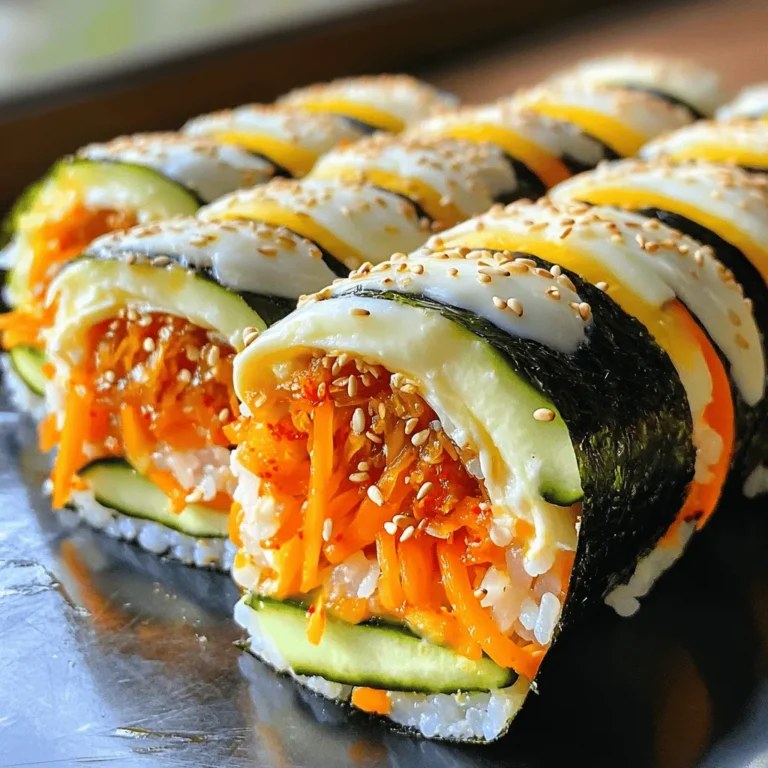 - 2 cups short-grain sushi rice - 3 cups water - 1 tablespoon rice vinegar - 1 tablespoon sugar - 1/2 teaspoon salt - 1 cup kimchi, chopped - 1 cup shredded mozzarella cheese - 1 carrot, julienned - 1 cucumber, julienned - 4 sheets of nori (seaweed) - 1 tablespoon sesame oil - Sesame seeds for garnish - Additional vegetables (e.g., spinach, radish) - Protein options (e.g., egg, tofu) When making Korean cheese kimchi kimbap, the key ingredients are essential for flavor. Short-grain sushi rice is a must. It gives the kimbap a nice sticky texture. I use water to cook the rice. This helps the rice become fluffy. Seasoning the rice with rice vinegar, sugar, and salt makes it tasty. Kimchi adds a spicy kick, while mozzarella cheese offers a creamy touch. I love adding julienned carrots and cucumbers for crunch. Nori wraps everything together. For extra fun, you can mix in other veggies or proteins. Spinach or radish work well. If you want protein, try eggs or tofu. These options make your kimbap even better. You can find all these ingredients at local stores. Some items, like good kimchi or nori, may also be available online. For the complete dish, check the full recipe. - Rinse 2 cups of short-grain sushi rice under cold water. - Once the water runs clear, cook the rice in a pot with 3 cups of water. - Bring it to a boil, then lower the heat, cover, and simmer for 20 minutes. - After cooking, let the rice sit covered for 10 minutes. - In a small bowl, mix 1 tablespoon of rice vinegar, 1 tablespoon of sugar, and 1/2 teaspoon of salt until dissolved. - Fluff the rice with a fork. Gently fold in the vinegar mixture while the rice is warm. - Allow the rice to cool slightly. - Heat 1 tablespoon of sesame oil in a pan over medium heat. - Add 1 julienned carrot and 1 julienned cucumber. Sauté for 2-3 minutes. - Cook until they are tender, but still crisp. - Remove the pan from heat and let the vegetables cool before you assemble. - Place a sheet of nori on a bamboo mat or clean surface. - Wet your hands to prevent sticking. Spread a thin layer of rice on the nori, leaving the top edge bare. - In the center of the rice, layer 1 cup of chopped kimchi, the sautéed carrots, cucumber, and 1 cup of shredded mozzarella cheese. - Begin rolling the kimbap from the bottom edge. Use the bamboo mat to help you. - Roll tightly until you reach the bare edge of the nori. Use a little water to seal the edge. - Slice the rolled kimbap into bite-sized pieces with a sharp knife. - Wipe the knife with a wet cloth to avoid sticking. - Sprinkle sesame seeds over the kimbap pieces for added flavor and crunch. For the full recipe, check out the "Cheesy Kimchi Kimbap Delight" section. Rinsing your rice is key. It removes excess starch. This helps the rice become fluffy. Soak the sushi rice for about 30 minutes. This step makes the rice tender and sticky. After cooking, let the rice sit covered for 10 minutes. This helps the moisture settle. Rolling kimbap may seem tricky, but practice makes perfect. Spread the rice evenly, leaving space at the top. Use wet hands to keep the rice from sticking. Start rolling from the bottom edge. Apply gentle pressure as you roll tightly. Balance your fillings to avoid overflow. Too much filling makes rolling hard. Kimbap pairs well with pickled radish or a light soup. You can also serve it with a side salad. For a fun twist, try dipping it in soy sauce. To present your kimbap nicely, slice it into bite-sized pieces. Arrange them on a colorful plate and sprinkle sesame seeds on top. This adds flavor and makes it look great. {{image_2}} You can easily make this dish vegetarian. Just swap the mozzarella cheese with tofu. Tofu brings a nice texture and absorbs flavors well. You can marinate it in soy sauce for more taste. To create a vegan kimbap, skip the cheese altogether. Use more veggies like avocado or mushrooms instead. This way, you keep the dish fresh and tasty. If you want to try different flavors, consider using alternative cheeses. Cream cheese or even a vegan cheese can work well. They add creaminess that pairs nicely with the kimchi. You can also explore different types of nori. Toasted nori gives a crunchier texture. Seaweed snacks can lend a fun twist if you want a lighter option. Kimbap varies across Korea. In some places, you might find spicy versions with gochujang sauce. Others use pickled vegetables for a tangy kick. You can also mix in elements from other cuisines. Adding ingredients like smoked salmon gives a fusion feel. Try adding a bit of Italian flair with pesto or sun-dried tomatoes for a unique taste. To keep your kimbap fresh, place it in an airtight container. This helps prevent drying out. Wrap each roll in plastic wrap for extra protection before storing. You can store kimbap in the fridge for up to three days. After that, the rice might get too hard, and the flavors may fade. To reheat kimbap, use a microwave for a quick fix. Place it on a microwave-safe plate and cover it with a damp paper towel. Heat for about 20 seconds. This keeps the rice moist. If you prefer cold kimbap, serve it straight from the fridge. The flavors blend well when served cold. Enjoy it with a dipping sauce for an extra kick. For more details, check the Full Recipe for perfect serving tips. Korean Cheese Kimchi Kimbap is a tasty dish made with rice, kimchi, and cheese. The main ingredients include: - 2 cups short-grain sushi rice - 3 cups water - 1 tablespoon rice vinegar - 1 tablespoon sugar - 1/2 teaspoon salt - 1 cup kimchi, chopped - 1 cup shredded mozzarella cheese - 1 carrot, julienned - 1 cucumber, julienned - 4 sheets of nori (seaweed) - 1 tablespoon sesame oil - Sesame seeds for garnish This dish mixes salty, spicy, and creamy flavors. The cheese makes it rich and smooth, while the kimchi adds a punch. Each bite is a blend of textures and tastes. Yes, you can make kimbap ahead of time! I suggest wrapping it tightly in plastic wrap. It will stay fresh for about a day. Store it in the fridge to keep it cool. If you make it too early, the rice can dry out. One common mistake is using sticky rice. If your rice is too sticky, add a little more vinegar mix to it. This can help loosen it up. Another issue is rolling it too loosely. Make sure to roll tightly for the best shape. You can find kimbap ingredients at local Asian markets or grocery stores. They often carry kimchi and nori. Look for brands that have good reviews for quality. If you can't find them nearby, try ordering online. For the full recipe, check out "Cheesy Kimchi Kimbap Delight." In this blog post, we explored how to create Cheesy Kimchi Kimbap. We reviewed essential ingredients, preparation of rice, and cooking your veggies. You also learned how to layer and roll kimbap, along with storage tips and variations. Enjoying this dish can be simple and fun, even for beginners. Embrace your creativity with ingredient choices. Dive in and share your kimbap adventures with friends!