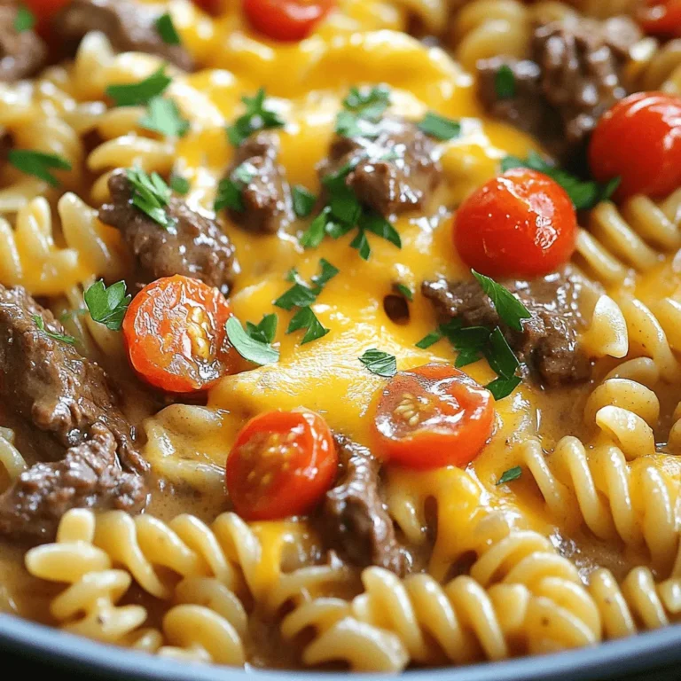 To make One-Pot Beef and Cheddar Ranch Pasta, you need simple and fresh ingredients. Here’s the list: - 1 pound ground beef - 1 medium onion, diced - 2 cloves garlic, minced - 2 cups beef broth - 8 ounces rotini pasta - 1 packet ranch seasoning mix - 1 cup sharp cheddar cheese, shredded - 1 cup cherry tomatoes, halved - 1 tablespoon olive oil - Salt and pepper to taste - Fresh parsley, chopped (for garnish) These ingredients come together to create a hearty dish. The ground beef provides protein, while the rotini pasta offers a fun texture. The ranch seasoning adds a zesty flavor, making the dish exciting and rich. Fresh cherry tomatoes give a pop of color and sweetness. Sharp cheddar cheese melts beautifully, creating a creamy finish. You can find most of these items in your pantry or local store. For the full recipe, check the section above. Gather all your ingredients first. This will help you cook smoothly. You will need: - 1 pound ground beef - 1 medium onion, diced - 2 cloves garlic, minced - 2 cups beef broth - 8 ounces rotini pasta - 1 packet ranch seasoning mix - 1 cup sharp cheddar cheese, shredded - 1 cup cherry tomatoes, halved - 1 tablespoon olive oil - Salt and pepper to taste - Fresh parsley, chopped (for garnish) Chop the onion and mince the garlic. This step adds great flavor to the dish. Heat the olive oil in a large pot over medium heat. Add the diced onion and cook it until it turns clear, about 3-4 minutes. Next, add the minced garlic and ground beef. Cook the beef while breaking it apart with a wooden spoon. Brown the beef well, which takes about 5-7 minutes. Season with salt and pepper to enhance the taste. If there is extra grease in the pot, drain it out. Then, stir in the ranch seasoning mix. Pour in the beef broth and bring this mix to a gentle boil. Once it bubbles, add the rotini pasta. Stir it well to combine. Reduce the heat to a simmer and cover the pot. Let it cook for about 10-12 minutes, until the pasta is tender. Stir occasionally to avoid sticking. After the pasta cooks, take the pot off the heat. Stir in the shredded cheddar cheese until it melts. This creates a creamy, cheesy sauce. Gently fold in the halved cherry tomatoes, warming them through. Taste and adjust the seasoning if needed. Serve the dish right away, garnished with fresh parsley for a nice finish. Enjoy this one-pot meal that is easy and full of flavor! For a complete recipe, check the Full Recipe above. To make this dish creamier, add more cheese. After cooking, mix in extra cheddar. You can also add a splash of heavy cream. This will give the pasta a rich taste. Stir it in right before serving. Taste is key. Adjust seasoning to match your preference. If it feels bland, add more ranch mix or salt. You can also toss in some pepper for extra flavor. Remember, seasoning can change the whole dish. Pasta types can change cooking times. If you use a different shape, check the package for timing. Stir often to prevent sticking. For softer pasta, cook a little longer. Just watch it closely to avoid mushy noodles. For more details on the recipe, check out the Full Recipe. {{image_2}} You can swap ground beef for other meats. Ground turkey is leaner and still tasty. Ground chicken offers a milder flavor. For a vegetarian option, try lentils or plant-based meat. Each choice will give you a different taste and texture, but the dish stays delicious. Rotini works well, but you can try other pasta shapes. Penne has ridges that hold sauce nicely. Fusilli is fun and adds a twist to each bite. If you prefer whole grain or gluten-free pasta, those options work too. Just adjust the cook time to match your pasta type. Adding vegetables boosts flavor and nutrition. Diced bell peppers add crunch and color. Spinach wilts nicely into the dish, adding greens. You can also toss in zucchini or broccoli for extra texture. Just remember to adjust cooking time for the vegetables you choose. For the full recipe, check the section provided. To store your One-Pot Beef and Cheddar Ranch Pasta, let it cool first. Place it in an airtight container. It can last in the fridge for up to three days. When you want to eat it again, just check for any odd smells or colors before warming up. You can freeze this dish too. Portion it into freezer-safe containers. Be sure to leave some space at the top, as the pasta may expand. It’s best to eat it within three months for the best taste. To thaw, move it to the fridge overnight before reheating. When you are ready to enjoy your pasta again, reheat it on the stove or in the microwave. If it seems dry, add a splash of beef broth or water. Stir it well to mix everything. Heat until it is warm all the way through, and then serve. For a fresh touch, consider sprinkling more cheese or parsley on top. Yes, you can prepare this dish ahead of time. Cook the pasta and beef, then cool it. Store it in an airtight container in the fridge for up to three days. When ready to eat, reheat it on the stove. Add a splash of broth to keep it moist. This way, you can enjoy a quick meal on busy days. If you need a substitute for ranch seasoning, try this simple mix. Combine 1 teaspoon of garlic powder, 1 teaspoon of onion powder, and 1 teaspoon of dried dill. This mix gives a similar flavor to ranch. You can also use Italian seasoning or taco seasoning for a fun twist. Adjust the amount to match your taste. To make One-Pot Beef and Cheddar Ranch Pasta gluten-free, switch to gluten-free pasta. Many brands offer tasty options, like rice or corn pasta. Ensure your beef broth is gluten-free too. Most brands are safe, but always check the label. This way, everyone can enjoy this dish without worry. This blog post covers a tasty one-pot beef and cheddar ranch pasta. You learned the key ingredients, simple steps, and useful tips to make it great. I shared ways to add your twist, plus storage and reheating advice. Making this dish can be fun and easy. You can impress friends and family with your cooking skills. Enjoy creating your own version and savor every bite!