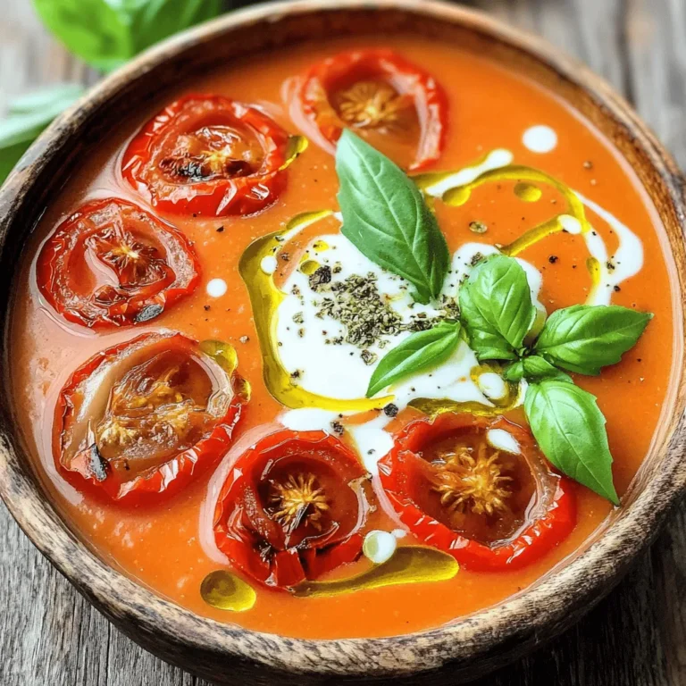 To make a bowl of easy roasted tomato soup, you need a few fresh ingredients. Here’s the list: - 2 lbs ripe tomatoes, halved - 1 medium onion, quartered - 4 cloves garlic, unpeeled - 2 tablespoons olive oil - 1 teaspoon dried oregano - 1 teaspoon sugar (to taste) - 2 cups vegetable broth - Salt and pepper to taste - Fresh basil leaves for garnish - Optional: ½ cup heavy cream or coconut cream These ingredients create a rich and tasty soup that warms the soul. The ripe tomatoes are key. They bring sweetness and depth to the soup. Choose tomatoes that are firm and fragrant for the best flavor. The onion adds a savory touch, while garlic gives a wonderful aroma. Olive oil helps to roast the veggies and enhances their natural flavors. Adding dried oregano gives the soup a hint of earthiness. The sugar balances the acidity of the tomatoes, which is important for flavor. Vegetable broth adds body and richness, making each spoonful comforting. Finally, basil leaves on top add a fresh finish. If you like creaminess, the optional cream can make the soup even more luscious. You can get the full recipe to see how to bring these ingredients together for a delightful dish. First, you need to preheat the oven to 400°F (200°C). This temperature helps the tomatoes roast well. Next, arrange your halved tomatoes, quartered onion, and unpeeled garlic on a baking sheet. It’s best to use parchment paper to keep things tidy. Now, drizzle the olive oil over the veggies. Season them with salt, pepper, and dried oregano. Toss everything to coat well. This step adds flavor! Roast the vegetables in the oven for about 30-35 minutes. You want them to get soft and caramelized. The roasting time can vary, so keep an eye on them. Once the veggies are done roasting, take them out and let them cool for a few minutes. Squeeze the garlic from its skin into a bowl and discard the skins. In a blender, combine the roasted vegetables, garlic, sugar, and vegetable broth. Blend until smooth. Pour the blended soup into a pot and heat over medium. If you like it creamy, stir in the heavy cream or coconut cream. Adjust the seasoning with salt and pepper as needed. Simmer for 5-10 minutes to meld the flavors. This step is key for a rich taste! For the full recipe, check out the Easy Roasted Tomato Soup section. Enjoy your delicious soup! Choosing the right tomatoes makes a big difference. I like to use Roma or vine-ripened tomatoes. They have a sweet taste and juicy flesh. You want your tomatoes to be ripe for the best flavor. Roasting time is very important. Aim for 30 to 35 minutes at 400°F. This allows the tomatoes and onion to caramelize. You will notice a rich, deep flavor develop as they roast. Adjusting seasoning can elevate your soup. Start with salt and pepper. Taste your soup after blending. If it needs more flavor, add a pinch of salt or more oregano. You can also add a teaspoon of sugar to balance acidity. Adding cream gives your soup a rich texture. You can use heavy cream or coconut cream. Stir it in right before serving for a smooth finish. This small touch makes the soup feel extra special. For the complete recipe, check out the Full Recipe section. {{image_2}} You can make your soup creamy by adding different types of cream. If you want a lighter option, use coconut cream. It adds a nice flavor and keeps it dairy-free. Heavy cream gives a rich, smooth taste. You can also add spices to boost the flavor. Consider garlic powder or smoked paprika. They add warmth and depth to your soup. A pinch of red pepper flakes can give it a nice kick. To decide on the texture, think about blending. For a smooth soup, blend it well until it’s creamy. If you prefer a chunky version, blend just half of the soup. Leave the rest unblended for texture. Adding vegetables can enhance heartiness. Cooked carrots or bell peppers work great. You can also toss in beans for protein. Chickpeas or white beans add a nice bite and nutrition. After enjoying your easy roasted tomato soup, store the leftovers in the fridge. Use an airtight container to keep it fresh. The soup stays good for about three to five days. If you want to keep it longer, freezing is a great option. Let the soup cool down before pouring it into freezer-safe bags. Remove as much air as possible. It can last for up to three months in the freezer. When you are ready to enjoy your soup again, reheating it properly is key. The best method is to use a pot on the stove. Heat it over medium heat, stirring often. If you want to use a microwave, transfer the soup to a microwave-safe bowl. Heat it in short bursts, stirring in between. To avoid separation while reheating, stir the soup well. If you added cream, mix it in slowly. This will help keep the texture smooth. Enjoy your comforting soup just like the first time! To make the soup vegan, simply skip the heavy cream. You can use coconut cream or serve it without any cream. Both options keep the soup rich and tasty. Using vegetable broth ensures the soup remains plant-based. This way, you enjoy a scrumptious vegan dish without sacrificing flavor. Yes, you can use canned tomatoes. They save time and still taste great. Choose whole peeled tomatoes for the best flavor. Drain excess liquid to keep the soup from being too watery. Use about 2 cans (14.5 oz each) to match the fresh tomatoes. Canned tomatoes add a nice depth to the soup. Roasted tomato soup pairs well with many sides. Here are some tasty options: - Grilled cheese sandwiches - Crusty bread or baguette - Garlic bread - Fresh salads - Croutons for added crunch These options enhance the meal and make it more filling. You can even try a dollop of pesto for a fun twist. For the full recipe, check out the Easy Roasted Tomato Soup section above! You can create a delicious roasted tomato soup with simple steps. You learned about the best ingredients, from ripe tomatoes to flavorful herbs. The roasting brings out the sweet taste of veggies, and blending provides a silky finish. Remember, you can add cream for richness or leave it out for a lighter dish. Store leftovers properly to enjoy later. With these tips, you’ll make a soup that warms hearts. Keep exploring variations to make it your own. Enjoy your cooking!