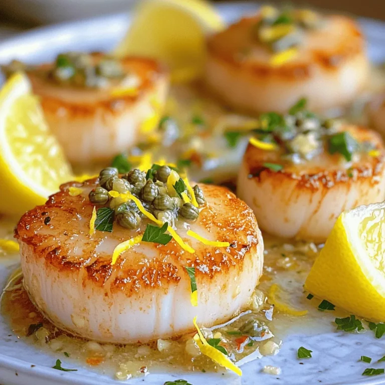 - 12 large sea scallops, patted dry - 2 tablespoons olive oil - 1 tablespoon unsalted butter - 2 cloves garlic, minced - Zest of 1 lemon - 2 tablespoons fresh parsley, finely chopped - 1 tablespoon capers, rinsed and drained The key to great scallops is to start with fresh, high-quality seafood. Make sure your scallops are very dry. This helps them cook well. If they are wet, they won't sear properly. Olive oil and butter add rich flavor and help with browning. Garlic, lemon zest, and capers bring a fresh taste that lifts the dish. - Salt and black pepper, to taste - Lemon wedges for garnish Seasoning is crucial for scallops. Use salt and black pepper to enhance their natural taste. Lemon wedges add a nice touch when serving. They give your dish a bright finish. This simple seasoning makes the scallops shine. You can serve them with fresh herbs on top for extra color and flavor. For the full recipe, check out the complete guide to gourmet pan-seared scallops. To start, you need to dry the scallops well. This step is important. Use paper towels to pat them dry. If there is moisture, they won't sear properly. Next, season both sides with salt and black pepper. Seasoning brings out the flavor. A good amount of salt and pepper makes a big difference. Now, let’s cook. Heat your skillet over medium-high heat. Add two tablespoons of olive oil. Wait until the oil shimmers but does not smoke. This shows it's hot enough. Place the scallops in the skillet. Do not overcrowd them. Leave space between each scallop. This helps them brown nicely. Sear the scallops for 2-3 minutes on one side. Don't move them around. You want a golden crust. After that, flip them over. Sear for another 1-2 minutes. When done, transfer them to a plate and cover them to keep warm. In the same skillet, lower the heat to medium. Add one tablespoon of unsalted butter and two cloves of minced garlic. Sauté for about 30 seconds. The garlic should smell great but not brown. Next, add the zest of one lemon, rinsed capers, and finely chopped parsley. Stir to blend the flavors. Return the scallops to the pan. Gently toss them in the sauce for about 30 seconds. This heats them through. Finally, plate your scallops. Spoon the garlic-caper sauce over them. Garnish with lemon wedges for a fresh touch. For the full recipe, check the complete instructions. To get that perfect sear, start by heating your skillet properly. Use medium-high heat for best results. The pan should be hot when you add the scallops. You can test the heat by adding a drop of water. If it sizzles, you're ready. Avoid overcrowding the pan. If you add too many scallops, they will steam instead of sear. This can ruin the crust you want. Cook in batches if needed. Season your scallops with salt and black pepper. This simple step boosts the natural flavor. You can also experiment with other seasonings like paprika or cayenne for a kick. Adding fresh herbs can elevate the dish. Try thyme, basil, or even dill. They pair well with scallops. You can also mix in some lemon zest for brightness. This adds layers of flavor and makes the dish pop. For more details, check the Full Recipe to see how you can make these scallops shine on your plate. {{image_2}} You can spice up your scallops with easy additions. Try using smoked paprika for a warm flavor. A dash of cayenne pepper can add a nice kick. If you like sweetness, drizzle honey or maple syrup over the scallops before cooking. For sauce lovers, a splash of soy sauce or a squeeze of orange juice can create a unique taste. When it comes to oils, olive oil works great, but you can also use avocado oil for a buttery taste. If you're in the mood for herbs, try adding fresh thyme or basil. These herbs will brighten the dish and add freshness. Pair your scallops with tasty sides for a full meal. Rice, especially lemon or herb rice, goes well with scallops. You can also serve them with a crisp salad for a light touch. Roasted vegetables, like asparagus or zucchini, create a colorful plate. For plating ideas, stack the scallops on a bed of greens. Drizzle the garlic-caper sauce artfully around the plate. Add a few lemon wedges for color. You can even sprinkle some extra parsley on top for a touch of elegance. This makes your dish not just tasty but beautiful too! To store leftover scallops, first let them cool. Place them in an airtight container. This keeps out air and moisture, which can spoil the scallops. Make sure to use a container that fits well. Glass containers work great. You can also use plastic containers. Store the scallops in the fridge for up to two days. For longer storage, consider freezing them. But keep in mind, freezing can change the texture. When reheating scallops, do it gently. Use a skillet over low heat. This helps keep the scallops tender. You can also use the microwave, but do it carefully. Heat for short bursts to avoid cooking them too much. Check often to prevent overcooking. Scallops should be warm, not hot. This keeps them soft and tasty. Enjoy them with the garlic-caper sauce from the full recipe for extra flavor. How do I know when scallops are cooked? Scallops cook quickly. They should turn opaque and firm to the touch. A nice golden crust forms on the outside. If you cut one, it should be white or slightly translucent in the center. Overcooking makes them tough, so watch closely. Can I use frozen scallops for this recipe? Yes, you can use frozen scallops. Just thaw them properly first. Place them in the fridge overnight or run them under cold water. Make sure to pat them dry before cooking. This step helps to get that perfect sear. What tips does Gordon Ramsay recommend for perfect scallops? Gordon Ramsay stresses the need for dry scallops. Pat them dry with paper towels. Use high heat for cooking, and don’t crowd the pan. This lets each scallop sear well. He also recommends using good quality olive oil and butter for flavor. Are there alternative cooking methods for scallops? Yes, you can grill or bake scallops. Grilling adds a nice smoky flavor. Baking is another easy option; just place them in a hot oven. You can also try poaching them in butter or broth for a different taste. Each method gives scallops a unique flavor. In this post, we explored how to make Gordon Ramsay's pan-seared scallops. We covered the essential ingredients, step-by-step cooking instructions, and tips for a perfect finish. You learned about flavor variations and how to store leftovers properly. Remember, drying and seasoning your scallops is key for the best flavor. Follow these steps, and you will impress anyone with your cooking skills. Enjoy your next meal with these delicious scallops!