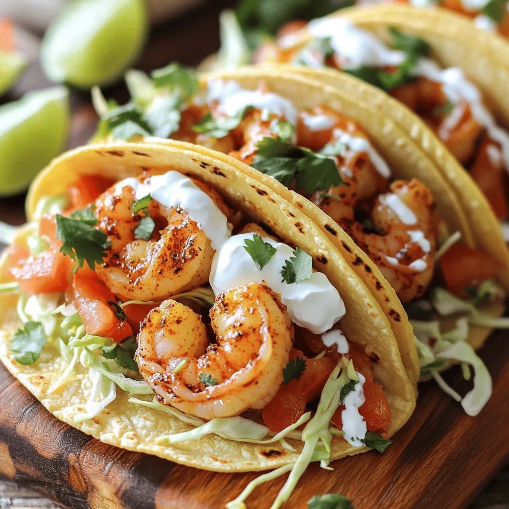 - 1 lb shrimp, peeled and deveined - 3 tablespoons olive oil - 4 cloves garlic, minced - Chili powder - Paprika - Cumin - Cayenne pepper - Salt and pepper to taste - Juice of 1 lime - 8 small corn or flour tortillas - Shredded cabbage - Diced tomatoes - Chopped fresh cilantro - Sour cream or Greek yogurt (optional) In spicy garlic shrimp tacos, fresh ingredients make all the difference. Start with shrimp. I prefer medium-sized shrimp. They cook quickly and pack a lot of flavor. Peel and devein them for a clean bite. Next, olive oil is key. It helps the shrimp sear well and adds taste. Garlic adds a punch. Use fresh garlic for the best flavor. You can mince it finely or use a garlic press. For seasoning, chili powder, paprika, cumin, and cayenne pepper give a nice kick. Adjust the cayenne to your heat level. Don't forget salt and pepper; they enhance all the flavors. Squeeze a fresh lime over the shrimp at the end. It brings brightness to your dish. Now, think about the tortillas. I love small corn or flour tortillas. They hold the shrimp and toppings well. For toppings, use shredded cabbage for crunch. Diced tomatoes add juiciness, and cilantro brings a fresh taste. If you like creaminess, add sour cream or Greek yogurt. For the full recipe, check the details above. Enjoy the burst of flavors in each bite! - In a bowl, combine the shrimp with olive oil and seasonings. - Toss well until the shrimp are coated. - Let the shrimp sit for a few minutes for optimal flavor. - Heat a skillet over medium-high heat. - Add the seasoned shrimp to the hot skillet in a single layer. - Cook for about 2-3 minutes on each side. - The shrimp should turn pink and opaque. - Squeeze lime juice over the shrimp while they cook. - Warm tortillas in a separate dry skillet for 20-30 seconds on each side. - Lay a generous amount of shredded cabbage on each tortilla. - Top with the spicy garlic shrimp, diced tomatoes, and chopped cilantro. - If you like, add sour cream or Greek yogurt on top. - Serve with lime wedges for added zing. For the complete recipe, refer to the [Full Recipe]. To cook shrimp perfectly, aim for 2-3 minutes on each side. They should be pink and opaque. Overcooking makes them tough. If you like more heat, add extra cayenne pepper. If you prefer milder flavors, cut back on it. You can also swap spices to fit your taste. Warm tortillas bring out the best in your tacos. Heat them in a dry skillet for 20-30 seconds on each side. This makes them soft and pliable. You can choose between corn or flour tortillas. Corn adds a nice flavor, while flour is softer. Try both to find your favorite! Serve your tacos with sides like rice or beans for a full meal. A fresh salad pairs well too. For garnishes, add lime wedges, cilantro, or diced avocado. These add a splash of color and flavor. They make your tacos look great and taste even better! For the full recipe, check out the instructions provided earlier. {{image_2}} You can swap shrimp for other proteins. Fish works well, too. Try using white fish like tilapia or cod. Chicken is another great choice. Just grill or sauté it with the same spices. For a vegetarian meal, use black beans or mushrooms. Both add great texture and flavor to your tacos. Adding fruits can take your tacos to the next level. Mango adds a sweet touch that pairs well with shrimp. Avocado also brings creaminess and richness. You can mix in different sauces or salsas, like mango salsa or a spicy chipotle sauce. These additions bring freshness and a kick of flavor. If you need a gluten-free choice, use gluten-free tortillas. They hold up well and taste great. You can also add toppings like crunchy radishes or fresh jalapeños for extra texture. These toppings add a nice crunch and boost the flavor profile of your tacos. For the full recipe, refer to the complete guide above. To keep your cooked shrimp fresh, place them in an airtight container. This method prevents moisture loss and keeps them tasty. Store the shrimp in the fridge for up to three days. After that, they may lose their flavor and texture. Always check for any off smells before using leftover shrimp. For the toppings, store them separately. Use small containers to keep the shredded cabbage, diced tomatoes, and cilantro fresh. This way, they stay crisp and ready to use. When you want to enjoy your tacos again, reassemble them just before eating. Warm the tortillas slightly for the best experience. Yes, you can freeze cooked shrimp! Place them in a freezer-safe bag, removing as much air as possible. They can stay frozen for up to three months. For tortillas, wrap them in foil or wax paper and then place them in a freezer bag. You can also freeze toppings like shredded cabbage. Just thaw everything in the fridge before using. For a detailed recipe, check the Full Recipe for Spicy Garlic Shrimp Tacos. You can serve a variety of sides with spicy garlic shrimp tacos. Here are some great options: - Mexican rice - Black beans - Corn on the cob - Grilled veggies - Fresh guacamole - Salsa or pico de gallo - Chilled drinks like limeade or a light beer These sides add color and flavor. They also make your meal feel complete and festive. To lower the heat in your shrimp tacos, you can make a few simple changes: - Reduce the cayenne pepper to ¼ teaspoon or omit it. - Add more olive oil to tone down the spice. - Include a mild sauce or yogurt to balance flavors. These adjustments keep the meal tasty without overwhelming your palate. Yes, you can make these tacos ahead of time. Here are some tips: - Cook the shrimp and store it in the fridge for up to two days. - Prepare toppings like cabbage and tomatoes early. Keep them in airtight containers. - Warm tortillas just before serving for the best texture. This way, you can enjoy a delicious meal with less stress. For the full recipe, check out the details above. Spicy Garlic Shrimp Tacos are a treat packed with bold flavors and easy steps. Start with fresh shrimp and vibrant spices for a delightful meal. You learned to marinate and cook shrimp perfectly, plus tips for warming tortillas and assembling tasty tacos. Try different proteins and toppings to keep it fun. Store leftovers wisely for future meals. Enjoy your cooking, and share these tacos with friends!