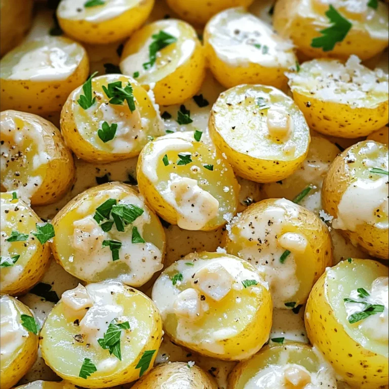 - 1.5 lbs baby potatoes, halved - 4 cloves garlic, minced - 1 cup heavy cream - 1/2 cup grated Parmesan cheese - 2 tablespoons olive oil - 1 teaspoon dried thyme - Salt and pepper to taste - Fresh parsley, chopped (for garnish) In this recipe, you need simple yet tasty ingredients to make creamy garlic sauce baby potatoes. First, the baby potatoes are the star. Their small size gives a nice bite. Halving them helps them cook quicker, which is great for busy cooks. Next, garlic brings a punch of flavor. I always use fresh garlic for the best taste. Minced garlic cooks well in oil, adding richness to the dish. The heavy cream is key for creating that creamy texture. It blends beautifully with the garlic and cheese. Parmesan cheese adds a salty, nutty flavor that pairs well. Olive oil is essential for sautéing the garlic. It gives a smooth base for the sauce. For seasoning, dried thyme adds herbal notes. A little salt and pepper bring balance. Finally, fresh parsley adds color and freshness. It’s the perfect finishing touch. You can find the full recipe in the article, which guides you through each step. This dish is simple yet packed with flavor, making it a go-to side for any meal. - Washing and halving the baby potatoes: First, rinse the baby potatoes under cold water. Scrub them gently to remove dirt. Then, halve each potato to help them cook evenly. - Boiling the potatoes in salted water: Place the halved potatoes in a large pot. Fill it with water and add a good amount of salt. Bring the water to a boil over high heat. Cook the potatoes for 15-20 minutes. They should be tender when pierced with a fork. - Sautéing the minced garlic: While the potatoes cook, heat olive oil in a skillet over medium heat. Add the minced garlic and sauté for 1-2 minutes. You want it fragrant but not burnt. - Incorporating heavy cream and Parmesan cheese: Lower the heat after the garlic is ready. Pour in the heavy cream, stirring constantly. Add the grated Parmesan cheese, dried thyme, salt, and pepper. Let this simmer for about 5 minutes. It should thicken slightly. - Tossing potatoes in the creamy garlic sauce: Once the potatoes are cooked, drain them well. Add them to the skillet with the creamy sauce. Gently toss the potatoes to coat them evenly. - Garnishing before serving: Transfer the creamy garlic sauce baby potatoes to a serving dish. Sprinkle with fresh parsley for color and added flavor. For the complete recipe, check out the Full Recipe. To make your creamy garlic sauce smooth, start with fresh cream. Use heavy cream for rich flavor. Stir it well as you heat it. This helps mix in the cheese and garlic. If the sauce seems too thick, add a splash of milk. Always taste your sauce. Adjust the salt and pepper as you like. A little extra thyme can enhance the flavor too. When boiling the potatoes, use enough water to cover them fully. Salt the water well; this adds flavor. Cook them until they are just tender. You want them soft but not mushy. Drain them carefully to avoid burns. For sautéing garlic, keep the heat low to medium. This helps prevent burning. Stir the garlic often, just until you smell it. If it turns brown, it becomes bitter. You want it golden and fragrant. This step is key for a tasty sauce. Explore the [Full Recipe] for more details! {{image_2}} You may want to change some ingredients to suit your taste. Here are a few ideas. - Alternatives to heavy cream: You can use coconut cream for a dairy-free option. Cashew cream is another great choice. Both give a rich taste. - Different types of cheese: If you want a twist, try gouda or cheddar. Each cheese offers a unique flavor. You can even mix cheeses for a richer taste. Spicing up your creamy garlic sauce baby potatoes is easy. Here are some fun ideas. - Incorporating additional herbs or spices: Fresh basil or rosemary adds a bright taste. You can also sprinkle in some red pepper flakes for heat. - Mixing in other vegetables: Add some sautéed spinach or peas for color and nutrition. Roasted bell peppers can give a sweet touch. Just toss them in with the potatoes for a tasty blend. These variations not only add flavor but also make the dish your own. Check out the Full Recipe for more details! To store leftovers of creamy garlic sauce baby potatoes, let them cool first. Place the cooled potatoes in an airtight container. This will help keep them fresh longer. You can store them in the fridge for up to three days. If you want to keep them longer, consider freezing. Use a freezer-safe container and label it with the date. When reheating, aim to keep the potatoes creamy and tasty. The best way is to use a skillet. Heat the skillet over medium-low heat and add a splash of cream. This keeps the sauce from drying out. Stir gently as the potatoes warm up. You can also use the microwave. Place the potatoes in a microwave-safe dish. Cover it loosely with a lid or paper towel. Heat for about one to two minutes, checking to see if they are warm. For the best quality, try to eat them within a few days of making them. For the full recipe, check out the Creamy Garlic Sauce Baby Potatoes section above. Yes, you can! While baby potatoes work great, you can try other types. Yukon Gold or red potatoes are good choices too. They are creamy and flavorful. Cut them into similar sizes for even cooking. If you prefer a different texture, try sweet potatoes for a twist. They add a lovely sweetness to the sauce. Absolutely! This dish shines when made ahead. Cook the potatoes and make the sauce separately. Store them in airtight containers in the fridge. To serve, just combine and heat. This saves time on busy days. You can easily enjoy a tasty meal whenever you want. Making this dish vegan is simple and fun. Swap heavy cream for coconut milk or cashew cream. These options add creaminess without dairy. For cheese, use a vegan Parmesan or nutritional yeast for flavor. You can also add more herbs to enhance taste. With these swaps, you still get a creamy garlic sauce that is just as delicious. You now have a complete guide for making creamy garlic potatoes. This dish features tender baby potatoes with rich sauce. Remember, using quality ingredients is key to great flavor. Don't hesitate to try different cheeses or add your favorite herbs. Store leftovers properly to keep them tasty for later. Whether it's meal prep or a cozy dinner, this dish shines. With these tips, you're all set to impress! Happy cooking!