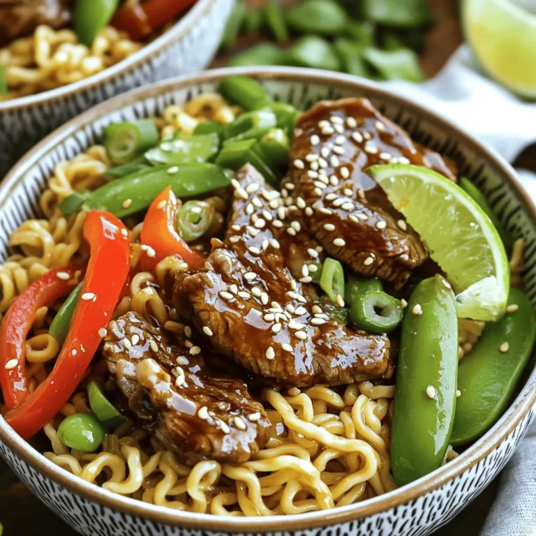 - 8 oz egg noodles - 1 lb flank steak, thinly sliced - 3 tablespoons soy sauce - 2 tablespoons hoisin sauce - 2 tablespoons oyster sauce (optional) - 2 teaspoons cornstarch - 2 tablespoons vegetable oil - 1 tablespoon ginger, minced - 2 cloves garlic, minced - 1 red bell pepper, thinly sliced - 1 cup snap peas - 3 green onions, sliced (both white and green parts) - 1 teaspoon sesame oil - Salt and pepper to taste - You can use rice noodles instead of egg noodles. They have a nice texture. - For beef, chicken or pork can work well. You can also use tofu for a vegan dish. - If you want a healthier option, try zucchini noodles or whole wheat noodles. Mongolian Beef Noodles can fit many tastes with these swaps. Enjoy making it your own! For more details, check the Full Recipe. - Start by cooking 8 oz egg noodles according to the package instructions. - Once cooked, rinse them under cold water to prevent sticking. Set aside for later use. - In a bowl, combine sliced flank steak with 3 tablespoons soy sauce, 2 tablespoons hoisin sauce, and 2 teaspoons cornstarch. - Mix well until the beef is coated. Let it marinate for 15 minutes to soak in the flavors. - Heat 1 tablespoon of vegetable oil in a large skillet or wok over medium-high heat. - Add the marinated beef slices in a single layer. Cook for 2-3 minutes until browned and tender. - Remove the beef from the pan and set aside to keep it juicy. - In the same skillet, add 1 tablespoon of vegetable oil. - Toss in 1 tablespoon minced ginger and 2 cloves minced garlic, stirring for about 30 seconds. This brings out a great aroma. - Next, add 1 red bell pepper and 1 cup snap peas. Sauté for 2-3 minutes until the veggies are tender-crisp. - Return the cooked beef to the skillet with the sautéed vegetables. - Add the cooked egg noodles and toss everything together. Drizzle with 1 teaspoon sesame oil. - Season with salt and pepper to taste. Stir-fry for another minute to heat through and mix flavors. - Transfer the Mongolian beef noodles to serving plates. - Garnish with sliced green onions for a pop of color. - You can also add lime wedges on the side for a fresh squeeze before eating. - To avoid overcooking the beef, cook it quickly. High heat helps keep it tender. - Cook the beef for just 2-3 minutes. Take it out when it turns brown. - For vegetables, add them after the beef. They should stay crisp, not mushy. - Stir-fry the veggies for 2-3 minutes. You want them tender but still bright. - Use soy sauce, hoisin sauce, or oyster sauce for rich flavor. They add depth. - For a kick, try adding chili sauce or red pepper flakes. - Fresh herbs like cilantro or basil can brighten the dish. Add them right before serving. - Green onions are great for garnish. They add a fresh crunch and color. - A wok is best for stir-frying. It heats evenly and allows great movement. - If you don’t have a wok, a large skillet works too. - Use a sharp knife to slice the beef thinly. A good knife makes it easier. - Have a spatula ready for tossing the ingredients. It helps mix everything well. {{image_2}} You can switch up the protein in this dish. Chicken or pork works well. Just slice them thinly like the beef. Marinate them in the same sauces for great flavor. If you prefer a vegetarian dish, try tofu. Firm tofu holds up well when stir-fried. Cut it into cubes and use the same marinade. If you want to change the noodles, consider rice noodles or udon. Rice noodles are light and cook quickly. Udon noodles are thick and chewy, adding a nice texture. For a gluten-free option, use rice noodles. They are naturally gluten-free and easy to find. Adding seasonal vegetables boosts nutrition and flavor. In spring, try asparagus or peas. In summer, use zucchini or bell peppers. Fall brings great options like carrots or sweet potatoes. In winter, consider broccoli or bok choy. You can also mix in greens like spinach or kale for extra nutrients. To store leftover Mongolian beef noodles, let them cool first. Place them in airtight containers. Glass or plastic containers work well. Store them in the fridge for up to three days. This keeps the flavors fresh and tasty. For longer storage, you can freeze the noodles. Use freezer-safe bags or containers to prevent freezer burn. Make sure to remove as much air as you can. When you want to eat them, thaw in the fridge overnight. Reheat in a pan or microwave until hot. To keep your dish fresh, eat within three days when stored in the fridge. If frozen, use within two months for best flavor. Check for signs of spoilage, like off smells or changes in color. If you notice these signs, it’s best to toss the leftovers. Enjoy your delicious meal worry-free! You can try many sauces to mix things up. Here are some tasty options: - Teriyaki sauce for sweetness. - Black bean sauce for deep flavor. - Chili paste for heat. These alternatives will change the taste. Experiment to find your favorite! Yes, you can make this dish ahead. Here’s how: - Cook the noodles and store them in the fridge. - Marinate the beef and keep it sealed. - Sauté vegetables fresh when you are ready to eat. This method keeps the dish tasty and fresh! You can change the spice level easily. Here are some ideas: - Add crushed red pepper for heat. - Use fresh chili peppers for a kick. - Skip the spicy ingredients for a milder dish. Adjust to your taste for the perfect balance! For the complete recipe, refer to the Full Recipe section. It has all the details you need! Yes, this dish is perfect for meal prep. Try these tips: - Divide the meal into containers. - Store the beef and noodles separately to avoid sogginess. - Reheat in the microwave or on the stove. You’ll have a quick, delicious meal ready to go! Mongolian Beef Noodles offers a tasty and simple meal you can make at home. We covered key ingredients, step-by-step cooking, and various tips to enhance flavors. You can also try new proteins and vegetable options for variety. Remember to store leftovers properly to keep them fresh. This dish is easy to adjust to your taste. Enjoy experimenting with the recipe and making it your own!