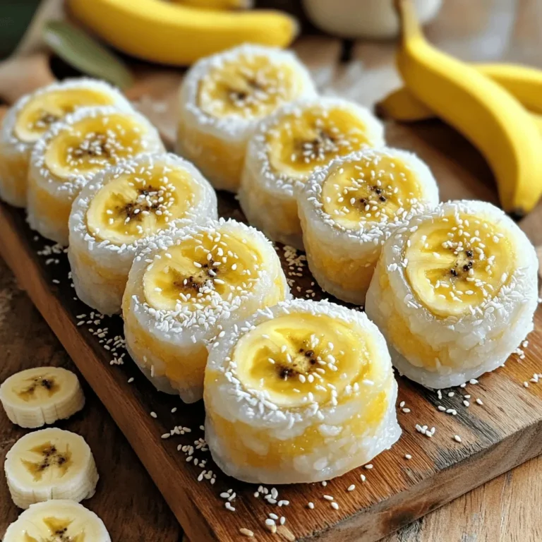 To make delicious banana mochi rolls, you need some simple ingredients. Here’s what you will need: - 1 cup glutinous rice flour - 1/4 cup sugar - 1/2 cup water - 1/2 teaspoon vanilla extract - 2 ripe bananas, sliced - 1/4 cup sweetened coconut flakes - Cornstarch or potato starch, for dusting - Optional: 1 tablespoon sesame seeds for garnish Each ingredient plays a key role. Glutinous rice flour gives the mochi its chewy texture. Sugar and vanilla add sweetness and flavor. Water helps mix everything together. The ripe bananas provide a fruity filling. Coconut flakes bring a delightful crunch. Dusting with cornstarch keeps the dough from sticking. Make sure to choose ripe bananas. They should be soft and sweet. This will enhance the flavor of your rolls. The coconut flakes can be sweetened or unsweetened, based on your taste. For the full recipe, follow the instructions carefully to create these fun and tasty rolls! To start, mix the glutinous rice flour and sugar in a bowl. This is the base of our mochi. Gradually add the water and vanilla extract. Stir the mixture until it is smooth and free of lumps. A smooth mixture is key. It helps the dough cook evenly and taste great. Now, transfer the mixture to a microwave-safe bowl. Cover it tightly with plastic wrap. Microwave on high for 1 minute. After the first minute, carefully stir the dough. Cover it again and microwave for another minute. Repeat this process one more time, cooking for about 3 minutes total. The dough should look translucent and feel sticky. Once the dough is cooked, allow it to cool for a few minutes. It should be warm but easy to handle. Dust your working surface with cornstarch or potato starch. This prevents the dough from sticking. Take small portions of the dough, about a tablespoon each, and flatten them into thin discs. Use your hands or a rolling pin for this. Dust with starch as needed to keep it from sticking. Next, place a slice of banana in the center of each disc. Fold the edges over to create a roll. Make sure to seal the banana inside well. This prevents it from leaking out while you enjoy your treat. Once sealed, roll each mochi in sweetened coconut flakes. This adds a delightful texture. If you want, sprinkle sesame seeds on top for extra crunch. To know if your mochi is cooked right, look for a smooth, shiny surface. It should be slightly sticky but not wet. A common mistake is overcooking the dough, which makes it tough. Always check after each minute in the microwave. If it feels too firm, it needs more time. When you serve banana mochi rolls, presentation is key. Use a wooden board or a bright plate. Sprinkle extra coconut flakes on top for a fun touch. You can also serve it with chocolate sauce or honey for a sweet dip. Fresh fruit on the side adds color and taste. You’ll need some basic tools to make these mochi rolls: - Microwave-safe bowl - Plastic wrap - Mixing spoon - Rolling pin - Dusting surface For ingredients, I recommend brands like Mochiko for glutinous rice flour and Ghirardelli for chocolate sauce. These brands ensure quality and taste. Check your local stores or online shops for the best deals. To make this delightful treat, follow the Full Recipe for step-by-step guidance. {{image_2}} To make banana mochi rolls vegan and gluten-free, use specific substitutes. Replace sugar with maple syrup or agave nectar. Choose gluten-free glutinous rice flour instead of regular flour. This keeps the mochi soft and chewy. To maintain flavor and texture, add a small pinch of salt. This enhances the sweetness without affecting the diet. If the dough feels too sticky, add a bit of starch. This helps you handle the dough easily. Besides bananas, many fruits work well in mochi rolls. Try strawberries, mangoes, or even blueberries. Each fruit brings a fresh twist that excites your taste buds. You can also explore creative fillings. Consider nut butter, chocolate, or sweetened red bean paste. These options add fun flavors and textures. Adding extracts or powders can change the dough's taste. A few drops of almond or coconut extract create depth. You can also mix in cocoa powder for a chocolatey experience. For natural colorings, use beet juice or matcha powder. These ingredients not only brighten the dough but also add unique flavors. To keep your banana mochi rolls fresh, use an airtight container. This helps avoid moisture loss and keeps the rolls soft. Line the container with parchment paper to absorb any excess moisture. Store your mochi rolls in the fridge. The ideal temperature is around 35 to 40 degrees Fahrenheit. This keeps them cool and enjoyable for days. Banana mochi rolls last about three to five days in the fridge. Make sure to check for any signs of spoilage before enjoying them. If you want to save some for later, freezing is a great option. To freeze, wrap each roll in plastic wrap and place them in a freezer-safe bag. They can stay fresh for up to three months in the freezer. Just thaw them in the fridge before serving. For detailed instructions, check the Full Recipe. You can use regular rice flour as a substitute. However, it will change the texture. Regular rice flour makes the mochi less chewy. You can also try sweet rice flour. This flour gives a similar chewy feel to glutinous rice flour. However, it may not be as easy to find. Always check your local grocery store. Yes, you can use frozen bananas. They work well in this recipe. Just remember to thaw them first. Frozen bananas tend to be softer than fresh ones. This can make them easier to mash. However, they may not hold their shape as well in the rolls. If you prefer a firmer bite, use fresh bananas. You can find banana mochi rolls in local Asian grocery stores. Many places sell fresh mochi in their dessert sections. If you can't find them nearby, you can order online. Many websites offer ready-made mochi, including banana flavor. Just make sure to read reviews before ordering to ensure quality. Yes, you can prepare banana mochi rolls in advance. Make the rolls and store them in the fridge. They will stay fresh for a few days. If you want to serve them later, chill them for 30 minutes before serving. You can also freeze the rolls. Just let them thaw in the fridge before enjoying them again. You’ve learned how to make banana mochi rolls from start to finish. We covered key ingredients, cooking methods, and helpful tips. Remember to aim for a smooth dough and avoid common mistakes. Don’t hesitate to try different fillings or flavors. Mochi is versatile and fun to make. With the right storage, your treats can last longer. Enjoy sharing your creations with friends and family. Making mochi can be an exciting and tasty adventure that enhances your cooking skills.