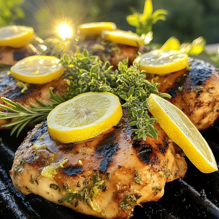 - Chicken: 4 boneless, skinless chicken breasts - Marinade: 1/4 cup olive oil, 2 lemons (juice and zest), 4 cloves garlic, minced - Fresh Herbs: 1 tablespoon each of rosemary, thyme, and parsley - Seasoning: Salt and pepper to taste - Garnish: Lemon slices and herb sprigs When I make Lemon Herb Grilled Chicken, I love using fresh ingredients. They make a big difference in taste. I choose boneless, skinless chicken breasts. They cook evenly and stay juicy. The marinade is the key. It blends olive oil, lemon juice, zest, garlic, and herbs. This mix makes the chicken flavorful. I prefer using fresh herbs like rosemary, thyme, and parsley. They add bright flavors to the dish. It is so easy to chop them up. You can use dried herbs, but fresh ones give a better taste. Don't forget the salt and pepper! They enhance the flavors of the chicken. I suggest using a good quality olive oil. It adds richness to the marinade. For a beautiful finish, I like to garnish the chicken with lemon slices and herb sprigs. It makes the plate look lovely and inviting. You can find the full recipe above. It covers everything you need to know for this dish. Enjoy cooking! To make the marinade, start by whisking together the following ingredients: - 1/4 cup olive oil - Juice and zest of 2 lemons - 4 cloves garlic, minced - 1 tablespoon fresh rosemary, finely chopped - 1 tablespoon fresh thyme, finely chopped - 1 tablespoon fresh parsley, finely chopped - Salt and pepper to taste Whisk these ingredients in a bowl until they blend well. This mix brings a bright flavor to the chicken. Next, place the chicken breasts in a resealable plastic bag or a shallow dish. Pour the marinade over the chicken. Seal the bag or cover the dish and put it in the fridge. Let it marinate for at least 1 hour, but if you can, let it sit for up to 4 hours. This time helps the flavors soak in. Now, it’s time to grill! First, preheat your grill to medium-high heat. This step ensures the chicken cooks evenly. Take the chicken out of the marinade. Let any extra marinade drip off, then discard the marinade. Place the chicken on the hot grill. Cook it for about 6-8 minutes on each side. You want the chicken to reach an internal temperature of 165°F (74°C). Look for nice grill marks, too. After grilling, take the chicken off the grill. Let it rest for a few minutes. This step keeps it juicy. For a beautiful presentation, slice the chicken and arrange it on a platter. Add some fresh lemon slices and herb sprigs as garnishes. These small touches make your dish pop visually. For the complete recipe, check the [Full Recipe]. How long should I marinate the chicken? Marinate the chicken for at least 1 hour. For the best flavor, aim for 4 hours. Longer marinating lets the herbs and lemon soak in. This makes each bite full of taste. What temperature is best for marinating? Always marinate in the fridge. Keeping chicken cold prevents bacteria growth. Room temperature is not safe. How do I maintain grill temperature? Preheat your grill to medium-high heat. This gives a nice sear. Keep the lid closed while cooking to hold the heat. You want a steady temperature for even cooking. How do I ensure juiciness in chicken breasts? Let the chicken rest after grilling. This keeps the juices inside. Cutting right away makes juices spill out. What additional spices can I use? Try adding paprika or cumin for a warm flavor. You can also use a pinch of red pepper flakes for a kick. These spices add depth to the marinade. Can I use different meats? Yes, you can use pork or turkey. Just adjust the cooking time. Chicken is great, but other meats can also shine with this marinade. For the full recipe, check out my Lemon Herb Grilled Chicken section! {{image_2}} You can change the taste of the chicken by using different herbs. Try substituting rosemary or thyme with basil or cilantro. Each herb brings its own flavor. For example, basil adds a sweet note, while cilantro gives a fresh taste. You can also mix different herbs. Combining rosemary, thyme, and parsley creates a rich flavor. Feel free to get creative! The more herbs you try, the more unique your dish will be. Think about adding fruit-based marinades for a twist. You can use orange juice or peach puree. These fruits add sweetness and a new flavor profile. If you like heat, add spices or peppers. A pinch of red pepper flakes can bring warmth. You can also use jalapeños for a spicy kick. Adjust the heat based on your taste. You can make this dish even if you don’t have a grill. Baking the chicken in the oven is an easy option. Preheat your oven to 400°F (200°C). Place the marinated chicken on a baking tray. Bake for about 25-30 minutes. Make sure to check that it reaches 165°F (74°C). Stovetop cooking is another great choice. Heat a pan with some olive oil over medium heat. Cook the chicken for about 6-8 minutes on each side. This method helps keep the chicken juicy and flavorful. For the full recipe, refer to the section above. To keep your leftover Lemon Herb Grilled Chicken fresh, store it properly. Place the chicken in an airtight container. You can also wrap it tightly in plastic wrap or aluminum foil. Make sure the chicken cools down first. This way, it won't create steam inside the container. Leftovers stay good in the fridge for about 3 to 4 days. If you plan to eat them later, consider freezing them. Freezing grilled chicken is easy. First, let the chicken cool completely. Then, place it in a freezer-safe bag or container. Remove as much air as possible before sealing it. Label the bag with the date. This helps you keep track of how long it’s been frozen. You can freeze the chicken for up to 3 months. When you’re ready to eat it, thaw it in the fridge overnight. Reheat it in the oven or on the stovetop for best results. To check if your chicken has gone bad, look for a few signs. If it smells sour or off, it’s time to toss it. Also, check for a change in color. Fresh chicken should look pink, while spoiled chicken may appear gray or dull. If you see any slime on the surface, this is another red flag. Always wash your hands and surfaces after handling raw chicken. This helps prevent the spread of germs. You should marinate the chicken for at least 1 hour. This allows the chicken to soak in all the great flavors from the marinade. For the best taste, aim for 4 hours. If you can, marinate overnight in the fridge. This extra time really helps the herbs and lemon infuse into the meat. You can serve Lemon Herb Grilled Chicken with many tasty sides. Here are some great options: - Grilled vegetables, like zucchini or bell peppers - Steamed rice or quinoa for a filling base - A fresh green salad with lemon vinaigrette - Roasted potatoes or sweet potatoes for a crispy side - Garlic bread for a fun touch These sides pair well with the bright flavors of the chicken. Yes, you can use frozen chicken breasts. Just make sure to thaw them first. The safest way is to leave them in the fridge overnight. If you’re short on time, you can also use the microwave. After thawing, follow the recipe as usual. Just remember, if the chicken is still a bit icy, it might not marinate as well. For the best result, always marinate thawed chicken. For the full recipe, check out the details above. Lemon Herb Grilled Chicken is easy and packed with flavor. You learned about the key ingredients and how to make a perfect marinade. I shared tips for grilling and serving your chicken. Plus, you discovered variations and storage tips for leftovers. Cooking should be fun, and this recipe helps you enjoy it. Whether you grill, bake, or adjust flavors, you can create something great. Keep experimenting, and enjoy every bite.