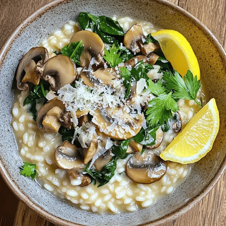To make creamy mushroom risotto, gather these ingredients: - 1 cup Arborio rice - 4 cups vegetable broth - 1 cup mushrooms (mixed varieties, e.g., cremini, shiitake), sliced - 1 medium onion, finely chopped - 3 cloves garlic, minced - 1 cup fresh spinach, roughly chopped - 1/2 cup grated Parmesan cheese (or nutritional yeast for a vegan option) - 3 tablespoons olive oil - 1 tablespoon unsalted butter (omit for vegan option) - Salt and pepper to taste - Fresh parsley, chopped for garnish - Zest of 1 lemon When choosing mushrooms, look for fresh, firm ones. They should not feel slimy or soft. Color matters too; bright mushrooms often taste better. Mixed varieties, like cremini and shiitake, add depth to the dish. Don’t forget to smell them! Fresh mushrooms will have a pleasant, earthy aroma. Avoid those with strong or off smells, as this can indicate spoilage. You can easily adjust this recipe to fit various diets. For a vegan option, swap out the butter for more olive oil and use nutritional yeast instead of Parmesan. If you want a gluten-free version, the ingredients are already gluten-free, as Arborio rice contains no gluten. For a heartier dish, consider adding cooked chicken or shrimp. Customize it to fit your tastes! You can find the Full Recipe to explore more options. Start by heating the vegetable broth. Use a medium saucepan for this. Keep it on low heat. This step helps keep the broth warm. Warm broth makes the risotto cook better. You can use store-bought or homemade broth. Use about four cups for this recipe. Next, grab a large skillet. Heat two tablespoons of olive oil and one tablespoon of butter over medium heat. Once the butter melts, add the chopped onion. Cook the onion until it is soft and clear, around three to five minutes. Then, add three cloves of minced garlic and one cup of sliced mushrooms. I like to mix varieties like cremini and shiitake. Cook these for five to seven minutes. You want the mushrooms to be tender and lightly browned. Now, it’s time to add the rice. Grab one cup of Arborio rice and stir it into the skillet. Cook the rice for one to two minutes. This lets the rice soak up those tasty flavors. After that, start adding your warm vegetable broth. Use one ladle at a time. Stir often as you add the broth. Wait for the rice to absorb the broth before adding more. This will take about 18 to 20 minutes. Keep stirring gently. You want the risotto to be creamy and the rice cooked al dente. For the full recipe, don’t forget to check the detailed steps above. Enjoy your cooking! To get that perfect creamy texture, start with Arborio rice. This rice has high starch content, which gives risotto its creamy feel. Cook it slowly, adding broth a little at a time. Stir often. This helps release the starch from the rice. When the rice is firm but tender, it’s ready. Don't rush the process; patience pays off. Many cooks make mistakes when making risotto. Here are a few to watch for: - Adding too much broth at once: This can lead to uneven cooking. - Not stirring enough: Stirring releases starch and is key to creaminess. - Using cold broth: Always keep your broth warm. Cold broth slows cooking. - Overcooking the rice: Aim for al dente, where the rice is firm yet tender. Avoid these pitfalls, and you'll impress everyone with your risotto! To boost the flavor of your risotto, try these tips: - Herbs: Fresh herbs like thyme or rosemary add depth. - Wine: A splash of white wine can enhance the taste. Just add it after sautéing the onions and mushrooms. - Broth: Use homemade or high-quality broth. The better the broth, the better the risotto. - Cheese: A good amount of grated Parmesan adds richness. Nutritional yeast works well for vegan options. Experiment with these ideas for a dish that shines! For the full recipe, check out the detailed instructions above. {{image_2}} If you want a vegetarian risotto, just follow the Full Recipe. Use vegetable broth and add cheese for creaminess. For a vegan twist, swap the Parmesan for nutritional yeast. This gives you a cheesy flavor without the dairy. You can also skip the butter to keep it vegan. Olive oil will add a nice richness to your dish. Mushrooms bring deep flavor to risotto. You can mix various types for more taste. Try using shiitake, cremini, or portobello mushrooms. Each type adds its own unique notes. For a more earthy flavor, consider adding dried mushrooms. Just soak them in warm water before use to rehydrate. This will make your risotto even richer and more satisfying. Adding proteins can turn your risotto into a full meal. Cooked chicken, shrimp, or even tofu work well. Just add them after the mushrooms. This ensures they warm through without overcooking. For a plant-based protein, consider chickpeas or lentils. They add texture and keep the dish healthy. With these additions, your creamy mushroom risotto will be even more filling and delicious. To store leftover risotto, cool it first. Spread it out on a baking sheet. This helps it to cool down faster. Once cool, place it in an airtight container. Store it in the fridge. It will last for up to three days. If you notice any change in smell or texture, it’s best to toss it. When reheating risotto, add some liquid. This keeps it creamy and moist. You can use broth, water, or even a splash of wine. Heat it slowly on the stove over low heat. Stir it often to avoid sticking. If you prefer the microwave, use a microwave-safe bowl. Add a little liquid, cover it, and heat in short intervals. Stir between each interval until warm. You can freeze risotto for later use. First, let it cool completely. Then, portion it into freezer bags. Remove as much air as possible before sealing. You can freeze it for up to three months. To thaw, place the bag in the fridge overnight. Reheat it as mentioned above. Enjoy your creamy mushroom risotto later! For the full recipe, refer to the previous sections. Making creamy mushroom risotto takes about 35 minutes. This includes 10 minutes of prep time and 25 minutes of cooking. The key is to stir often and add broth slowly. This helps the rice become creamy and soft. Yes, you can use other types of rice, but Arborio rice is best. It has high starch, which makes risotto creamy. If you want to try another rice, use Carnaroli or Vialone Nano. These types also work well. Just keep in mind that cooking times may change. Creamy mushroom risotto pairs well with many dishes. Here are some great options: - Grilled chicken or fish - Roasted vegetables - A fresh salad - Garlic bread These sides balance the rich flavors of the risotto. For a special touch, serve the risotto with a sprinkle of fresh herbs or a squeeze of lemon. For the full recipe, check out the detailed cooking instructions above. This blog post covered the essentials for making creamy mushroom risotto. We explored key ingredients, tips for choosing mushrooms, and alternative options for diets. I shared step-by-step cooking instructions, common mistakes, and tricks to create that perfect creamy texture. We also examined ways to customize your risotto with variations, from vegetarian to protein-packed versions. Finally, proper storage and reheating methods help you enjoy leftovers later. Risotto is fun and flexible. Experiment with flavors to make it your own. Enjoy your cooking journey!