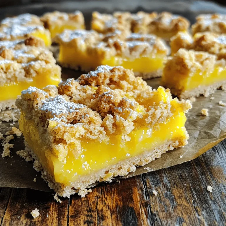 To make the best lemon crumb bars, gather these key ingredients: - 1 ½ cups all-purpose flour - ½ cup powdered sugar - ½ teaspoon baking powder - ½ teaspoon salt - ½ cup unsalted butter, softened - 1 large egg - 1 cup granulated sugar - 2 large lemons (zest and juice) - 2 tablespoons cornstarch - 1 teaspoon vanilla extract - Powdered sugar for dusting (optional) These ingredients work together to create a sweet and tart treat. The lemons give a bright flavor, while the butter adds richness. You can switch things up with a few optional ingredients: - A pinch of cinnamon for warmth - Fresh berries like raspberries or blueberries for added flavor - Coconut flakes for a tropical twist These options let you get creative. Experiment to find your favorite combination! To make these lemon crumb bars, you will need: - An 8x8 inch baking dish - A mixing bowl - A whisk - A knife for cutting - Parchment paper (optional, for easy cleanup) Having the right tools makes the process easier and more fun. With this equipment, you’ll be ready to bake and enjoy! For the complete recipe, check out the Full Recipe section. To start, preheat your oven to 350°F (175°C). This step is key for a nice, even bake. Next, grab a mixing bowl. Combine 1 ½ cups all-purpose flour, ½ cup powdered sugar, ½ teaspoon baking powder, and ½ teaspoon salt. Whisk these dry ingredients well. Now, add ½ cup softened unsalted butter. Mix until it looks like coarse sand. Take about ½ cup of this crumb mixture and set it aside for later. Press the rest of the mixture into the bottom of an 8x8 inch baking dish. Make sure it's even and compact. Bake this crust for 15 minutes. Look for a light golden color. Once done, remove it from the oven. Let it cool slightly while you work on the lemon filling. In a clean bowl, whisk together 1 cup granulated sugar, 1 large egg, the zest and juice of 2 large lemons, 2 tablespoons cornstarch, and 1 teaspoon vanilla extract. Mix until the filling is smooth and creamy. This filling is the heart of your bars, so make it nice! Pour this mixture evenly over your slightly cooled crust. Make sure it covers every bit. Now, sprinkle the reserved crumb mixture on top of the filling. This will create a lovely crumble once baked. Now it’s time to bake again! Place the dish back into the oven. Bake for another 20 to 25 minutes. Look for a set filling and a golden brown top. When it’s done, remove it from the oven. Let it cool completely on a wire rack. Once cool, slice your bars with a sharp knife. You can dust them with powdered sugar if you like. Enjoy your delicious lemon crumb bars! For the full recipe, check the section above. Use fresh lemons for the best flavor. Their zest adds a nice zing. Make sure your butter is soft. This helps blend well with the other ingredients. Don’t skip preheating the oven. It ensures even baking. Let the crust cool a bit before adding the filling. This keeps the crust crisp. When adding the lemon filling, spread it evenly. This helps each bar bake perfectly. One common mistake is overmixing the crust. Mix just until crumbly. If you bake too long, the filling can get dry. Check for a light golden top. Avoid using old baking powder. Fresh ingredients lead to better results. If you rush cooling, the bars may crumble. Give them time to set well in the pan. Serve your lemon crumb bars chilled or at room temperature. Dust with powdered sugar for a nice touch. Pair them with fresh berries for extra flavor. A dollop of whipped cream makes a lovely addition. Consider a scoop of vanilla ice cream on the side. It adds creaminess to the tangy bars. For a fun twist, try adding mint leaves as garnish. This adds color and a fresh taste. {{image_2}} You can add fruits to your lemon crumb bars for a twist. Consider using fresh berries like blueberries or raspberries. These fruits pair well with the tartness of lemon. You can also experiment with other flavors. Try adding a touch of almond extract instead of vanilla. A hint of coconut can bring a tropical vibe to the bars. If you need a gluten-free version, swap the all-purpose flour for a gluten-free blend. Many blends work well in baking. Look for one that includes xanthan gum. This helps mimic the texture of regular flour. You can make the crust and filling just like the traditional recipe. The taste will be just as delightful! Want to make these bars vegan? Replace the egg with a flax egg. Mix one tablespoon of ground flaxseed with three tablespoons of water. Let it sit until it thickens. Also, use vegan butter instead of regular butter. This keeps the same creamy texture while making it plant-based. You can still enjoy the zesty flavor and crumbly texture. These variations allow you to enjoy lemon crumb bars in many ways. Each twist brings a new and exciting flavor to this classic treat! To keep your lemon crumb bars fresh, store them in an airtight container. This helps to lock in moisture and flavor. You can layer parchment paper between bars to prevent sticking. If you have extra bars, you can also wrap them in plastic wrap before placing them in the container. Lemon crumb bars can last for about four to five days at room temperature. They can be stored in the fridge for up to one week. Make sure the container is sealed well to keep them from drying out. The taste remains fresh, and the filling stays zesty this way. If you want to save some for later, freezing is a great option. Wrap each bar tightly in plastic wrap. Then, place them in a freezer-safe bag or container. They can last for up to three months in the freezer. When you're ready to enjoy, simply thaw them in the fridge overnight. To cut lemon crumb bars, first, let them cool completely. Use a sharp knife for clean cuts. I recommend using a ruler for even slices. Cut the bars into squares or rectangles. Wipe the knife with a damp cloth between cuts to keep edges clean. This makes each piece look nice and neat. Yes, you can make lemon crumb bars ahead of time. They taste great after resting for a few hours. For the best flavor, I suggest making them the day before serving. Store them in an airtight container at room temperature. If you need to, you can also refrigerate them. Just bring them back to room temp before serving. You will know the lemon crumb bars are done when the top is golden brown. The filling should also look set and not jiggly. A toothpick inserted in the center should come out clean. If it has some filling, bake for a few more minutes. Keep a close eye on them to avoid overbaking. You learned about the key ingredients and steps needed to make lemon crumb bars. These treats are simple and tasty, with options for all diets. Use tips to avoid mistakes and serve them like a pro. I hope you feel ready to bake. Don’t forget to store them right to keep the flavor fresh. Enjoy making your bars and experiment with flavors. You'll impress everyone with your skills. Happy baking!