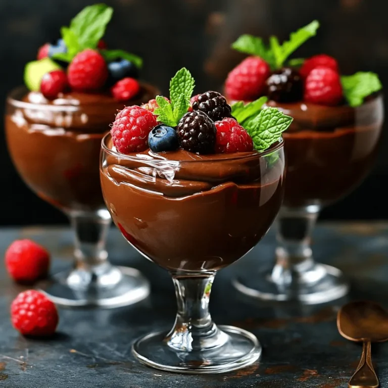 - 2 ripe avocados - 1/2 cup unsweetened cocoa powder - 1/2 cup maple syrup or honey - 1/2 cup almond milk or any milk of choice - 1 teaspoon vanilla extract - A pinch of sea salt - Fresh berries and mint leaves for garnish To make my chocolate avocado mousse, I start with ripe avocados. They give the mousse its creamy texture. You want them soft but not brown. Next, I grab unsweetened cocoa powder. This adds that rich chocolate flavor we all love. I use maple syrup or honey for sweetness. Both work well. You can adjust the amount based on your taste. Then, I pour in almond milk. It helps blend everything smoothly. You can use any milk you like, even dairy milk. I add a teaspoon of vanilla extract for extra flavor. Finally, a pinch of sea salt balances the sweetness. It enhances the chocolate taste. For garnish, fresh berries and mint leaves add color and a nice touch. They make the mousse look beautiful on the table. - Nut butter for added creaminess - Dark chocolate shavings for garnish If you want an even creamier mousse, you can add nut butter. It gives a richer taste. Dark chocolate shavings also make a great garnish. They add a fancy touch and extra chocolate flavor. This chocolate avocado mousse recipe is easy and fun to make. For the full details, check the [Full Recipe]. Enjoy creating this delicious treat! - Start by blending the ripe avocados until they are smooth. - Next, mix in the unsweetened cocoa powder and your choice of sweetener. - Scrape down the sides of your food processor to combine everything. - Blend again until the mixture is silky and smooth. - Once ready, transfer the mousse into serving bowls or dessert glasses. - Refrigerate the mousse for at least 30 minutes. - This chilling time helps the mousse firm up and taste even better. - Serve the mousse chilled for a rich and creamy delight. For the full recipe, check out the instructions above. To get a silky consistency, use very ripe avocados. They should have a slight give when you press them. This softness helps the mousse blend smoothly. If your avocados are not ripe, the mousse will be chunky. Always check for dark green or black skin and feel for softness. You can add spices like cinnamon for extra depth. Just a pinch can make a big difference. Maple syrup and honey work well, but feel free to try other sweeteners like agave or stevia. Each option brings its own unique taste. This mousse pairs well with fresh fruits like berries or banana slices. You can also serve it with a dollop of whipped cream for a rich touch. For garnishing, use mint leaves on top for a pop of color. Drizzle with chocolate sauce for added flair. Try these ideas to impress your guests! For more detailed steps, refer to the [Full Recipe]. {{image_2}} For a vegan twist, use maple syrup instead of honey. This swap keeps the mousse plant-based. The creamy avocado pairs well with the rich cocoa. Maple syrup adds a unique sweetness. You still get that delightful texture. Just blend everything as usual. Your guests won’t even know it’s vegan! This mousse is naturally gluten-free. Just make sure all your ingredients are certified gluten-free. Cocoa powder and maple syrup are safe choices. Using almond milk or any other milk works too. This dessert is great for anyone avoiding gluten. You can serve it with confidence. Want to mix it up? Try adding espresso for a coffee kick. It brings out the chocolate flavor nicely. If you prefer something minty, add peppermint extract. Just a drop or two will do. These twists can change the whole taste. Experiment and find your favorite version! To keep your mousse fresh, cover it tightly with plastic wrap. You can also use an airtight container. This helps prevent any air from getting in and keeps it smooth. The mousse will stay good in the fridge for about three days. Yes, you can freeze chocolate avocado mousse! It’s a great way to save leftovers. Just place it in a freezer-safe container. Make sure to leave some space at the top, as it may expand when frozen. After freezing, you should thaw the mousse in the fridge overnight. Once thawed, blend it again for a smoother texture. If it seems too thick, add a splash of almond milk and mix until creamy. Enjoy your mousse just like fresh! For the full recipe, check out the details above. Yes, you can use dairy milk in this mousse. Almond milk adds a nutty taste. However, whole milk or cream will give a richer flavor. If you prefer dairy, go for it! Just keep in mind the mousse may be a bit heavier. Absolutely! Kids love this mousse. Avocados are packed with healthy fats and vitamins. They provide energy and support growth. Plus, the chocolate flavor makes it a fun treat. This dessert can be a great way to sneak in some nutrition. To make this mousse sugar-free, swap maple syrup for a low-carb sweetener. Options like stevia or erythritol work well. Adjust the amount based on your taste. You can still enjoy the rich flavor without added sugars! If you want to switch cocoa powder, try carob powder. It has a similar taste but is sweeter. Another option is chocolate protein powder, which adds extra nutrition. Just adjust the sweetness as needed for the best flavor. To check if avocados are ripe, gently squeeze them. They should feel slightly soft but not mushy. Look for dark green skin. If the stem comes off easily and is green underneath, the avocado is ready. Use ripe avocados for the best mousse texture and taste. This blog post shared a simple and tasty recipe for chocolate avocado mousse. You learned about the key ingredients, step-by-step instructions, and tips to make it perfect. Explore fun variations like vegan and gluten-free options. Store leftovers properly, and enjoy this treat when you want something sweet. With ripe avocados, you'll create a creamy dessert everyone will love. Try it, and I bet you'll impress your friends and family! Enjoy your cooking and the delicious results!