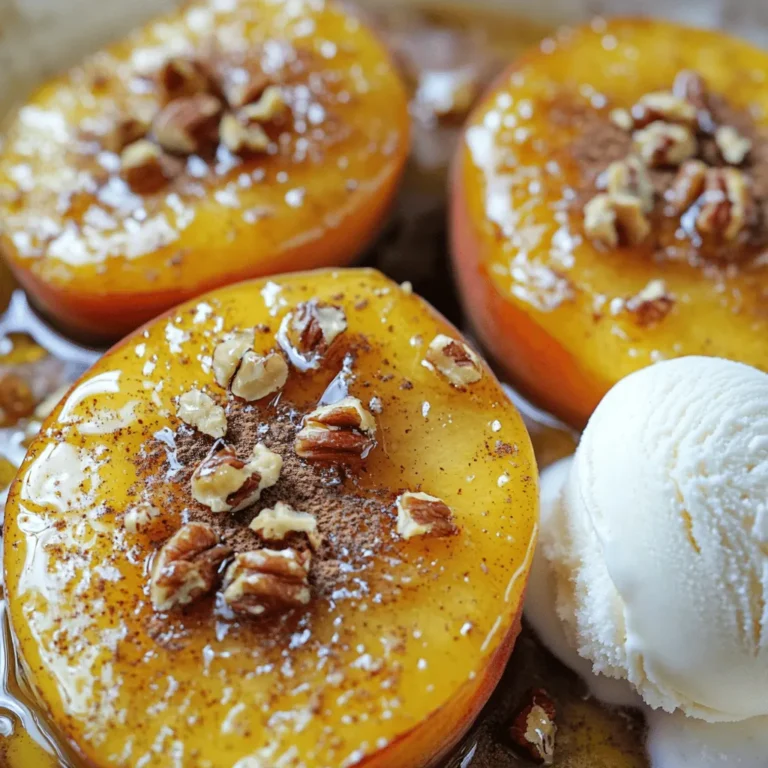- 4 ripe peaches, halved and pitted - 2 tablespoons honey - 1 teaspoon cinnamon - 1 tablespoon lemon juice - 1 tablespoon melted butter (or coconut oil for a vegan option) - Vanilla ice cream or Greek yogurt for serving Fresh peaches are the star of this dish. Look for peaches that are soft and fragrant. They should give a little when you press them gently. This means they will cook well in the air fryer and taste sweet. The glaze brings a rich flavor. Honey adds sweetness, while cinnamon gives warmth. Lemon juice brightens the dish. The melted butter or coconut oil makes everything smooth and tasty. You can top the peaches with vanilla ice cream or Greek yogurt. This adds creaminess and a cool touch. The warm peaches will pair well with the cold toppings. You can also sprinkle nuts for crunch, if you like. For the full recipe, check the details above. Start by washing your peaches under cool water. This removes dirt and makes them clean. Next, cut each peach in half and remove the pits. I like to slice a small crosshatch in the flesh. This helps the flavors soak in during cooking. In a small bowl, whisk together the honey, cinnamon, lemon juice, and melted butter. This glaze adds flavor and sweetness to the peaches. Make sure it’s mixed well. A good glaze makes all the difference! Preheat your air fryer to 350°F (175°C). Place the peach halves cut side up in the air fryer basket. Brush the glaze over each peach half. Cook for 10 to 12 minutes until they are soft and caramelized. The sweet smell fills the kitchen! Once done, use tongs to carefully remove the peaches. Enjoy them warm, maybe with ice cream or yogurt. This recipe is simple and tasty! For the full recipe, check out the details above. When picking peaches, look for ones that are ripe. They should feel slightly soft when you press them. A sweet smell is a good sign, too. Avoid peaches that are too hard or have blemishes. Yellow or orange skin indicates ripeness. If you can’t find ripe peaches, choose firm ones. You can let them ripen at home for a few days. A few mistakes can ruin your air fryer peaches. First, don’t skip the glaze. It adds flavor and helps caramelize the peaches. Second, make sure to slice a small crosshatch in the flesh. This lets the glaze soak in better. Finally, don’t overcrowd the air fryer basket. This ensures even cooking and browning. To make your peaches pop with flavor, try adding different spices. Cinnamon works well, but nutmeg or cardamom can add a lovely twist. For a tangy taste, consider adding more lemon juice. If you love sweetness, a dash of brown sugar can enhance the glaze. You can also sprinkle nuts or coconut on top for extra crunch. Each choice adds a new layer of flavor to your peaches. For the complete recipe, check out the Full Recipe section. {{image_2}} You can easily make this recipe vegan. Instead of using honey, try maple syrup. This keeps the flavor sweet and delicious. For the butter, swap it for coconut oil. It adds a nice tropical taste. The rest of the steps stay the same. You will love the tasty result! You have many choices for sweeteners. If you don’t have honey or maple syrup, use agave nectar. Brown sugar is another great option. It adds a rich flavor. You can also try stevia for a low-calorie choice. Adjust the amount to match your taste. Each sweetener gives a unique twist to the dish. To serve air fryer peaches, think about great pairings. Vanilla ice cream is a classic favorite. The cold ice cream contrasts well with warm peaches. Greek yogurt adds creaminess and a tangy taste. For a crunch, sprinkle chopped nuts on top. You can also drizzle extra honey or caramel over the peaches for more sweetness. Each topping makes the dish special! Check out the Full Recipe for more ideas. Once you make air fryer peaches, let them cool. Place them in an airtight container. Store in the fridge for up to three days. This keeps them fresh and tasty. If you want to eat them later, you can enjoy them cold or warmed up. To reheat your peaches, use the air fryer. Set it to 350°F (175°C) for about 3-5 minutes. This method keeps the peaches soft and brings back their sweet flavor. You can also warm them in the microwave. Heat for just 20-30 seconds, so they don’t get too hot. If you want to save your peaches longer, freezing is a great option. First, let them cool completely. Place the peach halves in a single layer on a baking sheet. Freeze them for about two hours. Then, move them to a freezer bag. They can last up to three months. When you are ready to eat them, thaw them in the fridge overnight before reheating. For the full recipe, check out the detailed steps above. Yes, you can use frozen peaches. Just make sure to thaw them first. Pat them dry with a paper towel. This helps avoid excess moisture during cooking. Frozen peaches may not get as caramelized as fresh ones. However, they will still taste great! You will know the peaches are done when they feel soft. A fork should easily pierce the flesh. Look for a light golden color on the edges. This shows they are caramelizing nicely. Keep an eye on them while cooking to avoid overcooking. Air fryer peaches are delicious on their own. You can serve them with vanilla ice cream or Greek yogurt. The cool creaminess pairs well with warm peaches. You might also add chopped nuts for a nice crunch. For a twist, drizzle extra honey on top for added sweetness. For the full recipe, check the section above! In this post, we covered how to make delicious air-fried peaches. You learned about fresh peaches, glaze ingredients, and toppings. I shared steps for preparing, mixing, and air frying. We discussed tips for choosing peaches and avoiding mistakes. You explored variations, storage tips, and answers to common questions. Air frying peaches is simple and tasty. You can enjoy them fresh or create fun variations. Try it out and enjoy your sweet treat!