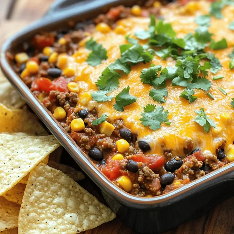 - 1 lb ground beef - 1 lb ground sausage - 1 can (10 oz) diced tomatoes with green chilies, drained - 1 can (15 oz) black beans, rinsed and drained - 1 can (15 oz) corn, drained - 1 package (8 oz) cream cheese, softened - 2 cups shredded cheddar cheese - 1 cup sour cream - 1 tablespoon taco seasoning - 1 tablespoon garlic powder - 1 tablespoon onion powder - Fresh cilantro, chopped (for garnish) - Tortilla chips or veggie sticks (for serving) When I make Meaty Texas Trash Dip, I love the mix of bold flavors. You start with ground beef and sausage, which give a hearty base. Then, the diced tomatoes with green chilies add some zest. Black beans and corn bring texture and sweetness. Together, these ingredients create a rich, savory dip that everyone loves. The dairy ingredients make this dip creamy and lush. Cream cheese is key here; it adds smoothness. Shredded cheddar cheese on top melts beautifully, making it ooey-gooey. Sour cream helps to balance the flavors, giving a cool finish. Finally, fresh cilantro adds a pop of color and freshness. Serve this dip with crispy tortilla chips or crunchy veggie sticks. It’s perfect for parties, game day, or a cozy night in. Try this recipe for a dish that packs a punch! For the full recipe, click here: [Full Recipe]. - Cook ground beef and sausage in a large skillet. - Drain excess grease if necessary. In a large skillet, place your ground beef and sausage. Use medium heat to cook the meat until it's all brown. This gives the dip a great base flavor. You may need to drain some grease. This helps keep the dip from being too oily. - Add diced tomatoes, black beans, and corn to the meat. - Incorporate cream cheese until melted. Once the meat is ready, it’s time to mix in some fun flavors. Add the drained diced tomatoes, black beans, and corn to the skillet. Stir them well into the meat. Next, add the cream cheese. Stir until it melts and blends in with the other ingredients. This creates a rich and creamy base. - Add spices and cheddar cheese, mixing until creamy. - Transfer to an oven-safe dish and bake at 350°F for 20-25 minutes. - Garnish with cilantro before serving. Now for the magic! Sprinkle in the taco seasoning, garlic powder, and onion powder. Mix everything until it’s creamy and smooth. Gradually fold in the shredded cheddar cheese. Save a bit for later to top the dip. Next, pour the mixture into an oven-safe dish. Add the reserved cheddar cheese on top. Bake it in a preheated oven at 350°F for 20 to 25 minutes. You want it bubbly and golden brown. Once it’s done, take it out and let it cool slightly. Finally, garnish with fresh chopped cilantro. Serve with tortilla chips or veggie sticks for a perfect dip experience. For the complete recipe, check out the [Full Recipe]. To get the best texture for your Meaty Texas Trash Dip, start with softened cream cheese. This makes mixing easy and smooth. If the cream cheese is cold, it will clump. You want a creamy dip, not a chunky one. When cooking, avoid overcooking the dip. Too much heat can dry it out. Keep it creamy and luscious. For a flavor boost, think about adding extra spices. A dash of hot sauce can really wake up the taste. You might want to try different cheese combinations too. Mixing cheddar with Monterey Jack adds depth and richness. Don’t be afraid to experiment! When serving, pair this dip with sliced jalapeños for a spicy kick. You can also add a side of salsa for freshness. If you're looking for a healthier option, veggie sticks work great. Carrots, cucumbers, or bell peppers are tasty choices for dipping. This way, everyone can enjoy the dip in their own style. {{image_2}} - You can use ground turkey or chicken for a leaner option. This swap cuts fat but keeps flavor. - For extra flavor, add diced bacon. It adds a nice crunch and smoky taste. - If you want a veggie dip, replace the meat with a black bean or lentil mix. This keeps the dip hearty and satisfying. - To balance the flavors, increase the cheese and other ingredients. This adds creaminess and richness to your veggie dip. - If you like heat, add fresh jalapeños or hot salsa. This gives your dip a bold kick. - Another option is to use pepper jack cheese. It melts well and adds a spicy twist to the dish. Feel free to explore these variations to make the Meaty Texas Trash Dip your own. You can enjoy the full recipe and try out these ideas. Store leftovers in an airtight container for up to 3 days. This keeps the dip fresh and tasty. When you want to enjoy it again, just reheat in the oven or microwave before serving. You can freeze this dip in a sealed container for up to 2 months. This is great for meal prep or if you want a snack ready to go. When you’re ready to eat it, thaw it in the refrigerator before reheating. To keep the cheese creamy, reheat slowly on low heat. This helps avoid burning. If the dip thickens too much, add a splash of sour cream. This brings back its smooth texture and taste. Yes, prepare and bake the dip ahead, then reheat before serving. This way, you save time and enjoy the bold flavor without stress. Just let it cool, cover it, and store it in the fridge until you are ready to eat. Serve warm with tortilla chips or veggie sticks for dipping. The crispy chips contrast nicely with the creamy dip. You can also add sliced jalapeños for an extra kick. Absolutely! Feel free to substitute with your favorite cheese for unique flavors. Cheddar works well, but you might try pepper jack for heat or mozzarella for a milder taste. Mixing cheeses can elevate your dip's flavor. This blog post covered the key ingredients and simple steps for making Meaty Texas Trash Dip. You learned how to blend meats, cheese, and spices into a creamy treat. Remember to explore variations and tips for your best batch. Don't hesitate to get creative with flavors or serve it your way. This dip is perfect for gatherings, and leftovers are easy to store. Dive in and enjoy each delicious bite!
