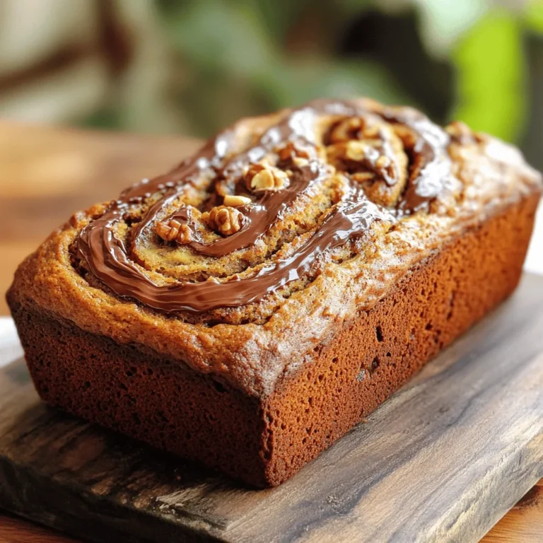 - 3 ripe bananas, mashed - 1/2 cup unsalted butter, melted - 3/4 cup brown sugar - 1 large egg - 1 teaspoon vanilla extract - 1 teaspoon baking soda - 1/4 teaspoon salt - 1 1/2 cups all-purpose flour - 1/2 cup Nutella - 1/4 cup chopped walnuts (optional) - 1/4 cup chocolate chips (optional) Choosing the right bananas Always use ripe bananas. They should have lots of brown spots. This ripeness gives your bread natural sweetness and moisture. Substitute options for key ingredients If you don’t have brown sugar, you can use white sugar instead. It will change the flavor slightly, but it works. You can also swap all-purpose flour for whole wheat flour for added nutrition. Importance of room temperature ingredients Make sure your butter and egg are at room temperature. This helps them mix better with the bananas. It leads to a smoother batter and a fluffier bread. This recipe is a delightful way to enjoy a classic treat. For the full recipe, check the section above. Preheat your oven to 350°F (175°C). Grease a 9x5 inch loaf pan with butter. This helps the bread slide out easily. A metal or glass loaf pan works best. Both allow for even baking and a nice crust. Start by mixing the ripe bananas and melted butter in a large bowl. Stir until they blend well. Next, add the brown sugar and mix in the egg and vanilla extract. Keep stirring until it's smooth. Sprinkle the baking soda and salt on top, then mix again. Now, slowly add the all-purpose flour. Stir until just combined. Do not overmix, as this can make the bread dense. To fold in Nutella, use a spoon. Scoop it in and gently mix to create swirls. Don't stir too much; you want to see the Nutella. Place the pan in the preheated oven. Bake for 60-65 minutes. The bread is done when a toothpick inserted into the center comes out clean. You may see some melted Nutella, but that’s okay. Let the bread cool in the pan for about 10 minutes. Then, transfer it to a wire rack to cool completely. Enjoy the rich aroma of Nutella banana bread! For the full recipe, check out the detailed steps and tips to perfect your loaf! To keep your banana bread light, use ripe bananas. They add moisture and sweetness. Overripe bananas work best. They help avoid dense bread. Mixing is key. When you combine your ingredients, mix just until blended. Overmixing can make your bread tough. Stir gently to keep that soft texture. Swirling Nutella is fun and easy. Pour half the batter in the pan first. Add dollops of Nutella on top. Use a knife to swirl it gently. Go for a figure-eight motion for a lovely design. Want to switch it up? You can try peanut butter or almond butter instead of Nutella. These options still give a creamy, sweet touch to your bread. Want to add extra flavor? Consider spices like cinnamon or nutmeg. They give a warm taste that pairs well with bananas. You can also add walnuts or chocolate chips for extra bites. Fold them in gently with your batter. This adds texture and makes the bread even more delicious. For the full recipe, check out the details above. {{image_2}} Vegan adjustments for Nutella Banana Bread To make this recipe vegan, swap the egg for a flax egg. Just mix one tablespoon of ground flaxseed with three tablespoons of water. Let it sit for five minutes until it thickens. You can also replace the butter with coconut oil or a vegan butter substitute. This keeps the bread moist and delicious. Gluten-free options for the flour For a gluten-free version, use a gluten-free flour blend. Look for one that includes xanthan gum. This helps the bread stay fluffy. You can also use almond flour or oat flour, but you may need to adjust the liquid in the recipe. Adding fruit or nuts for added texture You can add chopped nuts, like walnuts or pecans, to give your bread a nice crunch. Dried fruit, such as raisins or cranberries, also adds a sweet touch. These additions make every slice exciting and different. Creative ways to enhance chocolate flavor To boost the chocolate taste, mix in chocolate chips or cocoa powder. You can also try a pinch of espresso powder. This will deepen the chocolate flavor without adding more sweetness. Pairing Nutella Banana Bread with spreads or drinks Nutella banana bread is great on its own. But you can serve it with whipped cream or a scoop of ice cream. Pair it with a cup of coffee or a glass of milk for a perfect snack. Serving ideas for brunch or dessert For brunch, slice the bread and serve with fresh fruit. You can also toast it and spread more Nutella on top. As a dessert, drizzle it with warm chocolate sauce. This makes it extra special for guests. Don't forget to check out the Full Recipe for all the details! To keep your Nutella banana bread fresh, let it cool completely. Once cool, wrap it tightly in plastic wrap or foil. You can also use an airtight container for storage. This method keeps the bread moist and tasty. I recommend storing it at room temperature for a few days. Freezing banana bread is easy. First, slice the bread into pieces. Wrap each slice in plastic wrap. Then, place the wrapped slices in a freezer bag. This keeps them fresh for up to three months. When you want to enjoy a slice, take it out and let it thaw at room temperature. To reheat the frozen banana bread, you can use the microwave. Heat it in 15-second bursts until warm. You can also toast it if you like a crispy edge. At room temperature, Nutella banana bread lasts about 3 to 4 days. Make sure to check for signs of spoilage. If you see mold or an off smell, it’s time to toss it. Enjoy your delicious banana bread while it’s fresh! For the full recipe, check out the details above. Can I use frozen bananas for this recipe? Yes, you can use frozen bananas! Just thaw them first. Drain excess liquid for the best texture. Frozen bananas work great since they are very ripe. How do I know when my banana bread is done? Check it with a toothpick. Insert it in the center. If it comes out clean, your bread is ready! The edges should pull away from the pan a bit too. Approximate calorie count per slice Each slice has about 200 calories. This can change based on added ingredients like nuts or chocolate chips. Healthier alternatives for sugar and fat content You can swap brown sugar for coconut sugar. For butter, try applesauce or Greek yogurt. These options can cut calories and fat. Can I make mini loaves? Yes, you can make mini loaves! Use a mini loaf pan and fill it halfway. Bake for about 30-40 minutes. Check often to avoid overbaking. How do I adjust baking time for different pan sizes? If you use a larger pan, reduce the time. If you use a smaller pan, increase the time. Always check with a toothpick for doneness. This blog covered everything about making Nutella banana bread. We discussed the ingredients, tips, and baking steps. You learned how to achieve the right texture and explore fun variations. Proper storage methods ensure your bread stays fresh. With these details, you can bake a delicious loaf with ease. Trust me, you’ll enjoy sharing this treat with friends and family. So get your bananas and start baking! Enjoy each slice of this sweet delight.