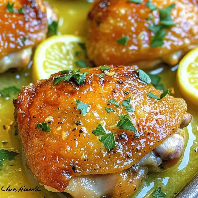 - 4 chicken thighs (skin-on, bone-in) - 1/2 cup unsalted butter, melted - 3 tablespoons fresh lemon juice - Zest of 1 lemon - 4 cloves garlic, minced - 1 teaspoon dried oregano - 1 teaspoon salt - 1/2 teaspoon black pepper - Fresh parsley, chopped (for garnish) - Lemon slices (for garnish) You can swap unsalted butter for olive oil or coconut oil. If you want less sodium, use a low-sodium salt. For fresh lemon juice, try bottled lemon juice. You will need a baking dish for cooking. A mixing bowl helps to mix the ingredients. Use a basting brush or spoon to coat the chicken well. Gather these items before starting. Having everything ready makes cooking easy and fun. Each ingredient adds flavor and moisture to your chicken, making it juicy and tender. You can find the full recipe above to guide you through the steps. First, preheat your oven to 400°F (200°C). This step is key for even cooking. Next, grab a bowl and mix your melted butter, lemon juice, lemon zest, minced garlic, oregano, salt, and pepper. Stir until it combines well. Take your chicken thighs and place them in a baking dish, skin-side up. Pour the lemon butter mixture over the chicken. Make sure each piece is well coated. Now, it's time for baking. Place the dish in your preheated oven. Set the timer for 35-45 minutes. The goal is to reach an internal temperature of 165°F (74°C). Halfway through, use a brush or spoon to baste the chicken with the juices in the dish. This adds more flavor to the skin and meat. To check if your chicken is done, use a meat thermometer inserted into the thickest part. Look for a reading of 165°F (74°C). You can also check the skin; it should be golden brown and crispy. If the chicken is firm to the touch, it’s likely done. Let the chicken rest for about 5 minutes before serving. This helps keep it juicy. Enjoy your meal! For the full recipe, refer to the details mentioned above. To get crispy skin on your chicken, start by patting the skin dry with paper towels. This step helps remove moisture. Then, coat the chicken well with the lemon butter mixture. Basting halfway through cooking adds flavor and helps crisp the skin. You can also try using fresh herbs like thyme or rosemary. These herbs brighten the dish and add depth to the flavor. Baked lemon butter chicken pairs well with many sides. I love serving it with roasted vegetables or fluffy rice. A fresh salad with lemon vinaigrette also works nicely. For plating, place the chicken on a large plate. Arrange colorful sides around it. Add lemon slices and a sprinkle of parsley for a bright touch. One big mistake is overcooking the chicken. Always check the internal temperature with a meat thermometer. It should reach 165°F (74°C) for safe eating. Another mistake is forgetting to baste the chicken. Basting keeps the meat moist and flavorful. Make sure to baste every 15 minutes for the best results. {{image_2}} You can easily change the Baked Lemon Butter Chicken recipe to suit your taste. - Adding vegetables: Toss in some chopped carrots, bell peppers, or broccoli. They add color and flavor to the dish. The veggies soak up the lemon butter sauce, making them tasty. - Spicy lemon butter version: If you love spice, add red pepper flakes or a splash of hot sauce. This will give your chicken a nice kick. It balances well with the lemony flavor. Baked Lemon Butter Chicken isn’t just for chicken. You can switch up the protein. - Using chicken breasts or drumsticks: Chicken thighs are juicy, but breasts work, too. Drumsticks are fun and easy to eat. Just adjust your cooking time as needed. - Adapting for fish or tofu: You can use salmon or cod for a lighter meal. Tofu is great for a plant-based option. Just be gentle with the cooking time to avoid drying out the fish or tofu. Want to make this dish fit your diet? Here are some ideas. - Making it gluten-free: This recipe is gluten-free as is. Just ensure your butter and seasonings are gluten-free. - Suggestions for a low-calorie version: Swap out the butter for olive oil. You can also use skinless chicken. This helps cut calories without losing flavor. For the full recipe, check out the complete details. Enjoy these variations and make the dish your own! To keep your baked lemon butter chicken fresh, store it in the fridge. First, let the chicken cool down. Then, place it in an airtight container. This helps keep the chicken moist and tasty. Make sure to eat the leftovers within three to four days for best results. You can also wrap the chicken tightly in plastic wrap before placing it in the container. When you reheat chicken, you want to keep it juicy. The best way is to use the oven. Preheat the oven to 350°F (175°C). Place the chicken in a baking dish and cover it with foil. Heat for about 20-25 minutes. Check the internal temperature; it should be at least 165°F (74°C). If using a microwave, heat in short bursts and cover it to trap steam. Always check that the chicken is hot all the way through. You can freeze baked lemon butter chicken for later use. First, make sure the chicken is completely cool. Wrap each piece in plastic wrap tightly. Then, place it in a freezer-safe bag or container. This helps avoid freezer burn. You can freeze it for up to three months. When you are ready to eat, move the chicken to the fridge to thaw overnight. For best results, do not refreeze once thawed. For the full recipe, check the earlier sections. Enjoy your meal! You can pair Baked Lemon Butter Chicken with many tasty sides. Here are some great options: - Best side dishes: - Steamed green beans - Roasted potatoes - Garlic bread - Mixed salad with lemon vinaigrette - Beverage pairings: - Crisp white wine, like Sauvignon Blanc - Iced tea with lemon - Sparkling water with mint These choices will make your meal even more enjoyable! Yes, you can use different cuts of chicken. Here are some tips: - Different cuts and their cooking times: - Chicken breasts: Cook for 25-30 minutes. - Drumsticks: Cook for 35-40 minutes. - Adjustments for boneless vs. bone-in chicken: - Boneless chicken cooks faster. Reduce the time by about 10 minutes. Choose the cut you like best! Baked Lemon Butter Chicken stays fresh for a while. Here’s what you need to know: - Shelf life in the fridge vs. freezer: - In the fridge, it lasts 3-4 days. - In the freezer, it can last up to 3 months. - Signs of spoilage: - Look for a change in color. - If it smells sour or off, it’s best to throw it away. You can find the full recipe details in our recipe section. Just look for Baked Lemon Butter Chicken, and you’ll get all the steps and tips to make this dish at home! This blog post covered how to make a tasty baked lemon butter chicken. We discussed key ingredients, equipment, and steps for perfecting your dish. You learned about tips for cooking and serving, and even how to store leftovers. I hope these ideas inspire you to create a delicious meal. Enjoy your cooking and share it with others. Simple steps and fresh flavors will make your chicken shine. Happy cooking!