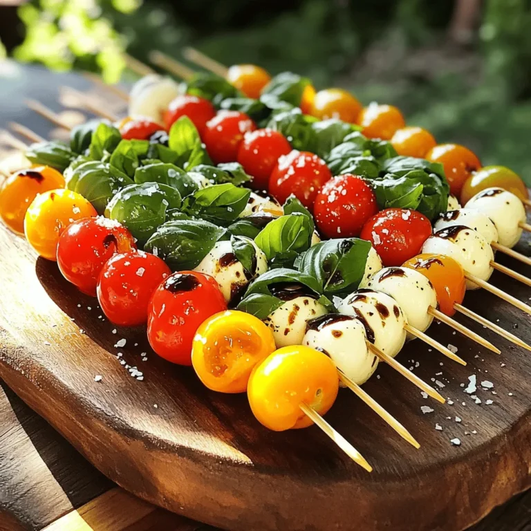 - Cherry tomatoes - Fresh mozzarella balls (bocconcini) - Fresh basil leaves - Balsamic glaze - Olive oil - Salt and pepper - Skewers To make quick Caprese salad skewers, you need just a few simple ingredients. Start with ripe cherry tomatoes for the best flavor. They should be bright and firm. Fresh mozzarella balls, called bocconcini, are key for that creamy texture. Look for high-quality cheese, as it enhances the dish. Fresh basil leaves add a burst of herbal notes. Choose vibrant, green leaves to brighten your skewers. Balsamic glaze gives a sweet-tart finish. You can buy it or make your own by reducing balsamic vinegar. Olive oil adds richness and helps meld the flavors together. Lastly, salt and pepper will balance the taste. Grab some skewers, either wooden or metal. If you use wooden ones, soak them in water for about 30 minutes. This will prevent them from burning on the grill or in the oven. This recipe is simple, fresh, and perfect for any gathering. You can find the full recipe above. 1. Soaking wooden skewers: If you use wooden skewers, soak them in water for about 30 minutes. This helps stop them from burning on the grill. Metal skewers do not need soaking. 2. Assembling the skewers: Take a soaked skewer and start threading your ingredients. First, add a half cherry tomato. Next, add a fresh basil leaf. After that, slide on a mozzarella ball. Repeat this pattern until the skewer is filled. Leave space at both ends for easy handling. 3. Filling pattern: You can fit about 3-4 sets of tomato, basil, and mozzarella on each skewer. This mix makes each bite delicious and colorful. 1. Drizzling with olive oil and balsamic glaze: Once your skewers are assembled, drizzle olive oil and balsamic glaze over them. This adds a rich flavor and makes them shine. 2. Seasoning with salt and pepper: Lightly sprinkle salt and pepper on your skewers. This step enhances the taste and balances the flavors. - Presentation tips for serving: Arrange your skewers on a large platter. You can add extra basil leaves or a few cherry tomatoes around the skewers. This makes the dish look bright and inviting. Serve them cold or at room temperature for the best taste. For the full recipe, check out the details above. Selecting ripe cherry tomatoes is key. Look for bright, smooth ones. They should feel firm, not mushy. Ripe tomatoes add sweet flavor to your skewers. Opting for high-quality mozzarella makes a big difference. Fresh mozzarella balls, or bocconcini, are soft and creamy. They pair well with tomatoes and basil. Always choose mozzarella that is stored in water for the best taste. Prepping ingredients ahead of time saves you effort. Wash the tomatoes and basil, and drain the mozzarella. Cut the tomatoes in half and keep everything close. This way, you can move fast. Using seasoned helpers is a fun way to assemble. Friends or kids can help thread the ingredients. This makes the task quicker and more enjoyable. Plus, it's a great way to share the joy of cooking! {{image_2}} You can mix up your Caprese salad skewers easily. Try using heirloom tomatoes instead of cherry tomatoes. Heirloom tomatoes have rich flavors and come in many colors. They add a fun twist to your dish. Another option is to swap the mozzarella for different cheeses. Feta or goat cheese work great here. They bring a tangy taste that contrasts nicely with the sweet tomatoes. Feel free to experiment with what you have at home! Add some extra flavor to your skewers with simple touches. Drizzle a bit of pesto over the skewers. It adds a fresh, herby taste that everyone will love. You can also toss in some Italian herbs like oregano or basil. If you want a savory twist, add cured meats like prosciutto. The saltiness of the meat balances the sweetness of the tomatoes. This makes every bite delicious and satisfying. For the full recipe, check out the Quick Caprese Salad Skewers. Enjoy these tasty treats! To keep your Caprese salad skewers fresh, store them in the fridge. Place the assembled skewers in an airtight container. This helps maintain their taste and texture. If you want them to last longer, separate the ingredients. Store cherry tomatoes, mozzarella, and basil in their own bags or containers. This way, they stay fresh for a longer time. When stored correctly, skewers last about 2-3 days in the fridge. After that, the ingredients may lose their crispness. If you have leftover ingredients, you can use them in many ways. Toss cherry tomatoes and mozzarella into a salad. You can also add fresh basil to pasta or a sandwich. These ideas help reduce waste and keep meals exciting. For the full recipe, check the previous section. To make Caprese salad skewers, gather your ingredients. You need cherry tomatoes, mozzarella balls, and fresh basil. Start by soaking wooden skewers in water for about 30 minutes. This step helps prevent burning. Next, take a skewer and thread a cherry tomato half, a basil leaf, and a mozzarella ball. Repeat this until the skewer is filled. Leave space on each end for easy handling. Once done, drizzle with olive oil and balsamic glaze. Season with salt and pepper to taste. Yes, you can make Caprese salad skewers ahead of time. Prepare the skewers and store them in the fridge. Keep them covered with plastic wrap or in an airtight container. This way, they stay fresh and tasty. I recommend making them no more than a day in advance. This keeps the basil vibrant and the mozzarella firm. Serve Caprese skewers on a large platter. Arrange them neatly for a nice look. Drizzle a little extra balsamic glaze on top for flair. You can also add some fresh basil leaves or cherry tomatoes around the skewers. This adds color and makes them more appealing. These skewers are best served cold or at room temperature. Yes, you can make vegetarian or vegan Caprese skewers. For a vegan option, replace mozzarella with marinated tofu or vegan cheese. These options provide a similar texture. You can also add avocado slices for creaminess. Use the same assembly method with these ingredients. This way, everyone can enjoy this simple and tasty treat. For the full recipe, check the earlier section. In this post, I covered how to make Caprese salad skewers that are fresh and tasty. We discussed the key ingredients, like cherry tomatoes and mozzarella, and how to assemble them. I shared tips for choosing the best items and efficient assembly. You can even vary the recipe with different cheeses and flavors. Remember to store any leftovers properly to keep them fresh. Enjoy making and sharing these skewers for a fun snack or appetizer!