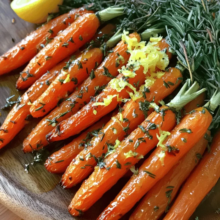 - 1 pound of baby carrots (or whole carrots cut into sticks) - 4 cloves of garlic, minced - 2 tablespoons olive oil - 1 tablespoon fresh thyme leaves - 1 tablespoon fresh rosemary, chopped - 1 teaspoon honey - Salt and pepper to taste - Zest of 1 lemon - Fresh herbs - Lemon wedges When making Garlic Herb Roasted Carrots, you want fresh ingredients. The baby carrots are sweet and tender. If you can’t find them, regular carrots work too. Just cut them into sticks. Garlic adds a bold flavor, while olive oil helps everything roast nicely. Fresh thyme and rosemary bring a lovely aroma. Honey adds a touch of sweetness that balances the dish. Don’t forget salt and pepper—they're key to making the flavors pop. The lemon zest brightens the dish and gives it a fresh taste. For a finishing touch, consider garnishing with fresh herbs or lemon wedges. These add color and make the dish look appealing. Enjoy the simplicity and flavor of this dish! For the complete method, check out the Full Recipe. - Preheat your oven to 425°F (220°C). - Gather all ingredients. You will need: - 1 pound of baby carrots (or whole carrots cut into sticks) - 4 cloves of garlic, minced - 2 tablespoons olive oil - 1 tablespoon fresh thyme leaves - 1 tablespoon fresh rosemary, chopped - 1 teaspoon honey - Salt and pepper to taste - Zest of 1 lemon - Combine garlic, olive oil, honey, thyme, rosemary, lemon zest, salt, and pepper in a bowl. - Mix well to create a tasty marinade. This blend gives the carrots great flavor. - Toss the carrots in the marinade. Make sure they coat well. - Spread the carrots in a single layer on a baking sheet. This helps them roast evenly. - Roast the carrots in the preheated oven for 20-25 minutes, turning them halfway through. - Look for tender carrots with a hint of caramelization. This makes them sweet and flavorful. Enjoy your Garlic Herb Roasted Carrots! For the full recipe, check the [Full Recipe]. To make these garlic herb roasted carrots shine, adjust the seasoning to your taste. Start with salt and pepper. You can also add a splash of balsamic vinegar. This adds a sweet tang that elevates the dish. Roasting carrots in a single layer is key. This helps them cook evenly and caramelize nicely. To check if they are done, use a fork. They should be tender but still hold their shape. For family dinners or gatherings, serve the roasted carrots on a colorful platter. Add a sprig of fresh rosemary on top. A sprinkle of lemon zest brings a bright touch that catches the eye. For more tips, check out the Full Recipe. {{image_2}} You can change the flavor of garlic herb roasted carrots by using different herbs. Try parsley for a fresh taste. Dill gives a bright and unique flavor. Basil can add a sweet and earthy note. Each herb brings its own twist to the dish. This way, you can make it your own! If you want a little heat, add chili flakes or paprika. This sweet and spicy option gives a nice kick to the carrots. Just a pinch will make a big difference. You can adjust the amount based on your taste. This variation makes the dish exciting and full of flavor! Mix in other root veggies for a colorful side dish. Parsnips add a sweet, nutty flavor. Sweet potatoes bring a creamy texture. Simply cut them into similar sizes as carrots. This way, they cook evenly. You can enjoy a tasty medley that makes your plate look great! For the full recipe, check out the link provided. To keep your roasted carrots fresh, store them in an airtight container. Place a paper towel inside to absorb moisture. This helps prevent sogginess. Refrigerate them within two hours of cooking. They stay good for up to four days. For the best taste, reheat roasted carrots in the oven. Preheat the oven to 350°F (175°C). Spread the carrots on a baking sheet and heat for about 10 minutes. This keeps them crisp. If you must use a microwave, place them in a bowl. Cover with a damp paper towel and heat for 1-2 minutes. This works, but they may lose some crunch. Freezing roasted carrots is easy. Let them cool completely and spread them on a baking sheet. Freeze them until firm, about one hour. Then, transfer them to a freezer-safe bag. Remove as much air as possible to prevent freezer burn. They can be frozen for up to three months. To thaw, place them in the fridge overnight or warm them directly from the freezer in a pan. Yes, you can use regular carrots. Just cut them into sticks. This makes them cook evenly. Regular carrots take a bit longer to roast. Aim for about 30 minutes instead of 20-25. Check for tenderness with a fork. They should be soft and sweet. You can tell if the carrots are done by looking at them. They should be tender and slightly caramelized. Use a fork to poke them. If your fork goes in easily, they are ready. The color should be bright and vibrant, not dull. Yes, you can prepare the carrots ahead of time. Toss them in the marinade and store them in the fridge. You can do this a day before cooking. When you are ready, spread them on a baking sheet and roast. They taste best fresh, but you can reheat leftovers too. Check the full recipe for more tips. This blog post covered how to make delicious roasted carrots with garlic and herbs. You learned about the ingredients needed and the step-by-step process for roasting. I shared tips to enhance flavor and achieve the perfect texture. Remember, you can also get creative with variations, add garnishes, and store leftovers properly. Roasted carrots can be a delightful side dish for any meal. I hope you enjoy making this recipe and share it with friends and family. Happy cooking!