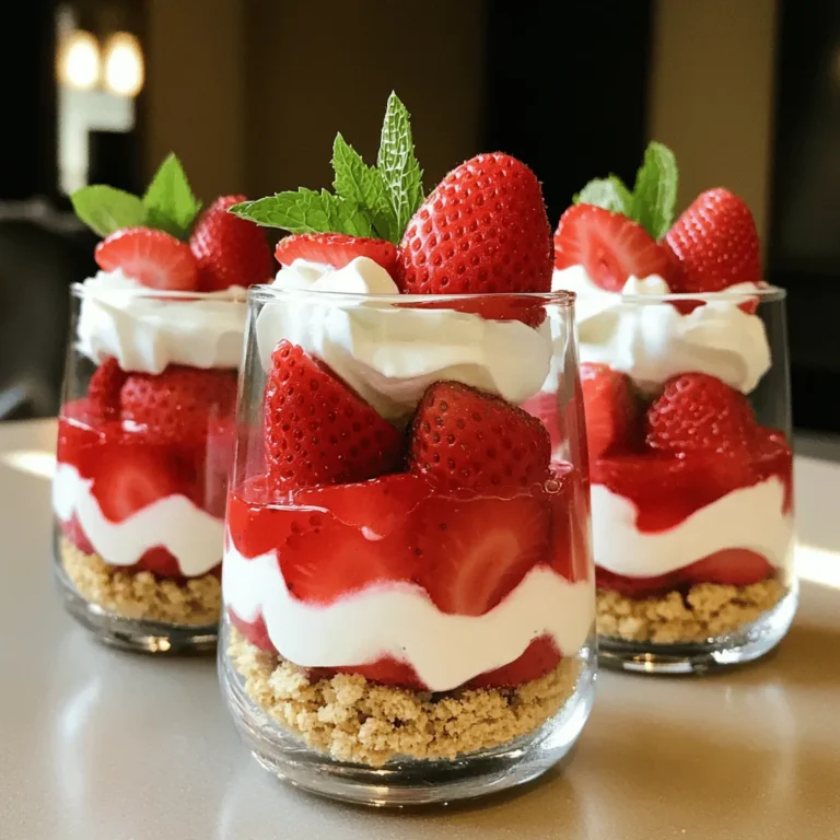 To make a No-Bake Strawberry Shortcake, you will need a few simple ingredients. Here’s the list: - 2 cups fresh strawberries, hulled and sliced - 2 tablespoons sugar (divided) - 1 cup heavy whipping cream - 8 ounces cream cheese, softened - 1 cup powdered sugar - 1 teaspoon vanilla extract - 6-8 graham crackers, crushed - Fresh mint leaves for garnish (optional) These ingredients create a delicious and easy dessert. The fresh strawberries provide sweetness and color. The cream cheese adds a rich, creamy texture. Heavy cream gives the dessert a light and fluffy feel. Crushed graham crackers serve as the perfect base, adding crunch and flavor. You can find the full recipe [here](#). Using fresh strawberries makes a big difference in taste. Make sure to choose ripe and juicy berries for the best flavor. You can also adjust the sugar based on how sweet your strawberries are. Enjoy gathering these ingredients as you prepare for a fun cooking experience! - First, slice 2 cups of fresh strawberries. - Add 1 tablespoon of sugar to the strawberries. - Toss them gently to coat in the sugar. - Set the bowl aside for 15 minutes. - This lets the strawberries macerate, which brings out their natural juices. - In a clean bowl, pour in 1 cup of heavy whipping cream. - Use an electric mixer to whip the cream. - Beat it until you see stiff peaks form. - This should take about 4 to 5 minutes. - In another bowl, beat 8 ounces of softened cream cheese. - Add the remaining 1 tablespoon of sugar and 1 cup of powdered sugar. - Mix in 1 teaspoon of vanilla extract. - Beat until the mixture is smooth and creamy. - Gently fold in the whipped cream until combined. - Start with a layer of crushed graham crackers. - Follow this with a layer of the cream cheese mixture. - Next, add a layer of the macerated strawberries. - Repeat these layers until you finish your ingredients. - End with a layer of strawberries on top. - Chill the assembled shortcake in the refrigerator. - Let it sit for at least 1 hour. - This helps the flavors blend and the texture set. - Before serving, add fresh mint leaves for a lovely touch. To see the full process, check the Full Recipe! - Use clear glasses for visual appeal. - Show off the layers of strawberries and cream. - Add fresh mint leaves on top for a pop of color. - Drizzle some sauce or syrup around the plate for flair. - Ensure strawberries are fresh for the best taste. - Choose ripe, sweet berries for maximum flavor. - Adjust sugar levels based on berry sweetness. - Taste the strawberries first to decide how much sugar to add. - Use a hand mixer or stand mixer for whipping cream. - A large mixing bowl helps mix the cream cheese and sugar well. - Clear serving containers let guests see the dessert layers. - Individual cups or jars work great for single servings. For the complete list of ingredients and steps, check out the Full Recipe. {{image_2}} You can easily change the flavor of your no-bake strawberry shortcake. - Add lemon zest for a fresh, zesty kick. - Substitute strawberries with blueberries, raspberries, or blackberries for a fruit twist. These swaps keep the dessert fun and exciting. You can mix and match flavors based on the season or your mood. The base of your shortcake can vary too. - Use crushed digestive biscuits instead of graham crackers. This gives a richer taste. - Try homemade sponge cake layers for a delightful texture. These alternatives can bring a unique twist while keeping the dessert easy to prepare. Dietary needs can change how we make recipes. - Make it gluten-free by using gluten-free crackers. This way, everyone can enjoy it. - Use low-fat cream cheese for a lighter version that still tastes great. These modifications help accommodate different diets without losing flavor. You can enjoy this treat while being mindful of your health! To keep your no-bake strawberry shortcake fresh, store leftovers in the fridge. Use an airtight container to prevent odors from other foods. The shortcake stays tasty for about three days. However, the texture may change if left too long. You can freeze the assembled shortcake for up to a month. Wrap it tightly in plastic wrap, then place it in a freezer-safe container. This helps keep the layers intact. When you're ready to enjoy it, defrost the shortcake in the fridge overnight. Avoid using a microwave, as it can alter the texture. Let it sit at room temperature for about 30 minutes before serving. This way, you can enjoy that creamy, delicious flavor just like when it was fresh. No-Bake Strawberry Shortcake lasts for about 3 days when stored in the fridge. Make sure to keep it covered. This helps keep it fresh and tasty. The flavors will blend nicely, giving you a delightful dessert each time you serve it. Yes, you can make this dessert ahead of time. It’s best to prepare it at least 1 hour before serving. This allows the layers to set and flavors to meld. You can keep it in the fridge for up to 3 days. Just remember to cover it well to prevent drying out. You can use many other fruits in this recipe. Here are some great options: - Blueberries - Raspberries - Peaches - Bananas Feel free to mix and match your favorite fruits. Just be sure to adjust the sugar to fit the sweetness of the fruit you choose. This no-bake strawberry shortcake combines fresh strawberries, creamy layers, and crunchy graham crackers. You learned how to prep the strawberries, whip the cream, make the cream cheese mix, and assemble the dessert. I shared tips for presentation, texture, and flavor. There are variations for different tastes and dietary needs. Lastly, you discovered how to store leftovers correctly. Enjoy making this simple, tasty treat. It’s a delicious way to impress family and friends!