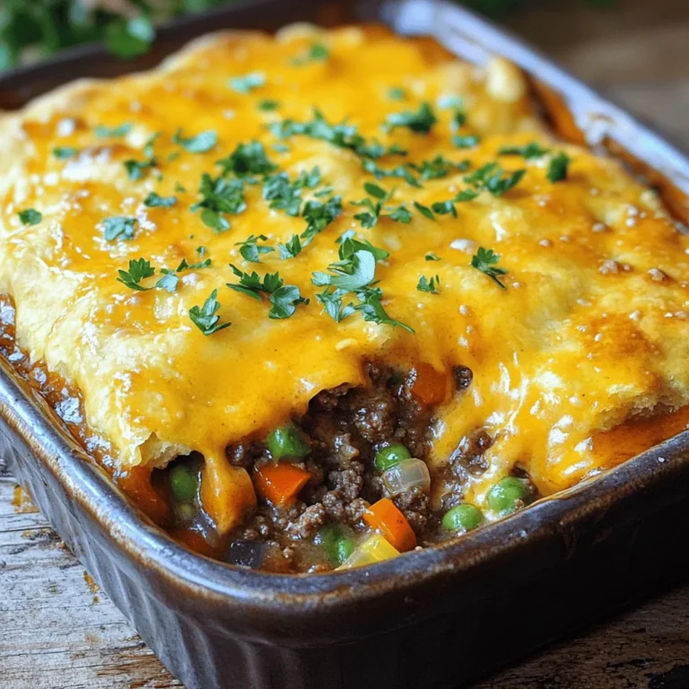 The Cheddar Bay Ground Beef Cobbler blends savory flavors and rich textures. Here’s what you need: - 1 lb ground beef - 1 medium onion, diced - 2 cloves garlic, minced - 1 cup frozen mixed vegetables (carrots, peas, corn) - 1 teaspoon Worcestershire sauce - 1 teaspoon salt - 1/2 teaspoon black pepper - 1 cup beef broth - 2 cups shredded cheddar cheese - 1 ½ cups all-purpose flour - 1 tablespoon baking powder - 1/2 teaspoon garlic powder - 1/2 teaspoon paprika - 1/4 cup cold butter, cubed - 3/4 cup milk - Fresh parsley, for garnish (optional) These ingredients create a hearty dish perfect for any meal. Accurate measuring makes a big difference in cooking. Here are some helpful tips: - Use dry measuring cups for flour and other dry goods. - For liquids, always use a liquid measuring cup. - Level off dry ingredients with a straight edge for precision. - Use a kitchen scale for ground beef if you want exact weight. - Spoon flour into the measuring cup instead of scooping. This keeps it from being packed down. These simple steps ensure your cobbler will turn out just right. Some brands stand out for quality. Here are my recommendations: - Ground Beef: Look for 80/20 ground beef for flavor and juiciness. Brands like Angus or Certified Organic work well. - Cheddar Cheese: I prefer sharp cheddar cheese for a stronger flavor. Brands like Tillamook or Cabot are excellent choices. - Beef Broth: Swanson or Kitchen Basics offer rich beef broth. You can also use homemade broth for a fresher taste. - Flour: King Arthur is a trusted brand for all-purpose flour. Use gluten-free flour if needed, like Bob's Red Mill. Feel free to mix and match based on your taste and what you have on hand! For the full recipe, refer to the comprehensive details above. To start, preheat your oven to 400°F (200°C). This heat is key for a perfect bake. In a large skillet, cook 1 pound of ground beef over medium heat. Stir until the beef is browned. Make sure to drain any fat. Next, add in 1 medium diced onion and 2 minced garlic cloves. Sauté until the onion turns soft, about 4 minutes. Now, toss in 1 cup of frozen mixed vegetables, 1 teaspoon of Worcestershire sauce, 1 teaspoon of salt, and 1/2 teaspoon of black pepper. Cook this mix for another 5 minutes. The veggies should be warm. Then, pour in 1 cup of beef broth and let it simmer for 3 to 4 minutes. Once done, remove the skillet from the heat. Transfer the beef mixture to a greased 9x13 inch baking dish. In a separate bowl, mix 1 ½ cups of all-purpose flour, 1 tablespoon of baking powder, 1/2 teaspoon of garlic powder, and 1/2 teaspoon of paprika. This blend gives flavor and rise. Cut in 1/4 cup of cold cubed butter. Use a pastry cutter or your fingertips. Aim for coarse crumbs. Now, gradually stir in 3/4 cup of milk. Mix until a soft dough forms. This dough will be the topping. Gently fold in 1 cup of shredded cheddar cheese. This adds a rich taste to your cobbler. Spoon the dough over the beef mixture. Try to cover as much of the surface as possible. This helps it bake evenly. Then, sprinkle the remaining 1 cup of cheddar cheese on top of the dough. This will create a cheesy crust. Place the dish in your preheated oven. Bake the cobbler for 25 to 30 minutes. Look for a golden brown top. Once it's done, let it cool for a few minutes. You can garnish with fresh parsley if you want. Now, you’re ready to enjoy your Cheddar Bay Ground Beef Cobbler! For the full recipe, check the earlier section. To boost the flavor of your Cheddar Bay Ground Beef Cobbler, use fresh herbs. Adding thyme or rosemary gives a nice touch. You can also use different cheeses for depth. Try a mix of mozzarella and cheddar for creaminess. Add a splash of hot sauce for heat if you like spice. Lastly, don’t skip the Worcestershire sauce; it adds a savory umami flavor. For a soft and flaky biscuit topping, keep the butter cold. This helps create steam as it bakes, making the biscuits rise. When mixing your dough, don’t overwork it. Stir until just combined. This keeps your biscuits light. Use a pastry cutter or your hands to cut the butter into the flour. Aim for pea-sized pieces for the best texture. A common mistake is using warm butter. It can make your biscuits tough. Avoid adding too much milk; it can make the dough runny. If you see lumps in your dough, that’s fine. It means you will get nice flaky biscuits. Lastly, don’t skimp on baking time. A golden top means the biscuits are cooked through. For the full recipe, check out the details above. {{image_2}} If you need to make changes for dietary reasons, you have options. You can swap ground beef for ground turkey or chicken. For a vegetarian dish, use lentils or a meat substitute. If you are gluten-free, try almond flour or a gluten-free blend in the topping. For dairy-free needs, use plant-based cheese and milk. You can have fun adding new flavors to your cobbler. Consider adding diced bell peppers or mushrooms to the beef layer. You could mix in some cooked bacon for a smoky taste. If you love heat, add diced jalapeños or red pepper flakes. Fresh herbs like thyme or rosemary can boost the flavor too, making it unique every time. The topping is where you can get creative as well. Instead of cheddar, try using pepper jack cheese for a spicy kick. You can also use cornbread mix for a different texture and taste. If you want a lighter option, drop spoonfuls of biscuit dough or a simple pancake mix on top. These changes can make the dish your own and keep it exciting. For the full recipe, check it out! After enjoying your Cheddar Bay Ground Beef Cobbler, let it cool down for about 30 minutes. This step helps prevent moisture buildup. Once cooled, cover the dish tightly with plastic wrap or aluminum foil. It’s best to store it in the fridge within two hours of cooking. Properly stored, it can last for up to three days. If you want to save some for later, freezing is a great option. First, allow the cobbler to cool completely. Then, cut it into portions for easy serving. Wrap each portion in plastic wrap, and then place them in airtight freezer bags. Make sure to remove as much air as possible. This method can keep it fresh for up to three months. When you’re ready to enjoy your cobbler again, preheat your oven to 350°F (175°C). Place the cobbler in an oven-safe dish and cover it with foil. Heat for about 20-25 minutes, or until it’s warmed through. This helps keep the biscuit topping nice and soft. For a crispy top, remove the foil for the last 5 minutes. Enjoy your meal! For the full recipe, check out the instructions above. Cheddar Bay Ground Beef Cobbler lasts about 3 to 4 days in the fridge. Store it in an airtight container to keep it fresh. Make sure it cools down before sealing it. This helps keep the flavors intact. Yes, you can use leftover beef in this recipe. It’s a great way to reduce waste. Just chop it into small pieces before adding it to the skillet. The beef will mix well with the other ingredients and save you time. Many sides go well with Cheddar Bay Ground Beef Cobbler. Here are some tasty options: - A fresh garden salad - Steamed broccoli or green beans - Mashed potatoes for extra comfort - Garlic bread for a crunchy touch These sides balance the flavors and add texture to your meal. Enjoy your cooking adventure with this delicious cobbler! For the full recipe, check out the details above. This article covered the key ingredients for a tasty Cheddar Bay Ground Beef Cobbler. I shared tips on measuring and recommended brands to use. You learned how to cook the beef, make the biscuit topping, and assemble everything. I also included tips to boost flavor and avoid common mistakes. Remember, variations enhance your dish and accommodate dietary needs. Proper storage keeps your leftovers fresh for longer. Enjoy your cooking journey!