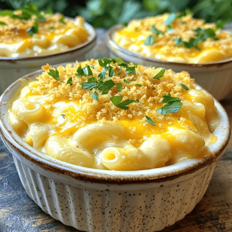 - 2 cups elbow macaroni - 4 cups shredded sharp cheddar cheese - 1 cup grated Parmesan cheese - 3 cups whole milk - 1/4 cup unsalted butter - 1/4 cup all-purpose flour - 1 tablespoon Dijon mustard - 1 teaspoon garlic powder - 1 teaspoon onion powder - 1/2 teaspoon paprika - Salt and black pepper to taste - 1/2 cup breadcrumbs (for topping) - 2 tablespoons melted butter (for topping) Gathering fresh ingredients is key for great baked macaroni and cheese. Start with elbow macaroni. This pasta shape holds sauce well. Next, grab sharp cheddar cheese and Parmesan cheese. They add rich flavor and creaminess. Whole milk makes your cheese sauce smooth and thick. Unsalted butter and all-purpose flour help create a roux, which thickens the sauce. For flavor, use Dijon mustard, garlic powder, onion powder, and paprika. Salt and black pepper help balance the taste. Don't forget the breadcrumbs! They give a crispy topping. Add melted butter to the breadcrumbs for extra crunch. When you have these ingredients ready, you can make the best baked mac and cheese. Check out the Full Recipe for detailed steps! - Preheat the oven to 350°F (175°C). - Cook elbow macaroni until al dente. - Drain macaroni and set aside. - Create the roux with butter and flour. - Gradually mix in whole milk, stirring to avoid lumps. - Add spices and cheeses for flavor and creaminess. - Combine macaroni with cheese sauce and transfer to a baking dish. - Prepare breadcrumbs for topping. - Bake until golden brown and bubbly. Making baked macaroni and cheese is simple and fun. When you follow these steps, you will get a creamy and cheesy dish. You can find the full recipe above to guide you. As you cook, enjoy the smells and sounds of the kitchen. Each step builds on the last, creating a meal that the whole family will love. - Use a mix of cheeses for varied flavors. - Add cream cheese to the cheese sauce. To make your baked macaroni and cheese even creamier, mix different cheeses. A blend of sharp cheddar, Gruyère, and a bit of mozzarella gives a rich flavor and a smooth texture. Cream cheese can also boost creaminess. Just whisk it into your cheese sauce until it melts. This small step makes a big difference in taste and texture. - Experiment with additional spices like cayenne pepper or nutmeg. - Incorporate cooked bacon or sautéed onions for extra depth. To enhance flavor, try adding spices. A pinch of cayenne pepper adds heat, while nutmeg gives a warm, nutty taste. You can also mix in cooked bacon or sautéed onions. These add savory depth that makes your dish stand out. It’s a fun way to make your recipe your own. - Avoid overcooking macaroni to maintain texture. - Let the dish sit before serving for optimized consistency. For the best texture, don’t overcook the macaroni. Aim for al dente, so it stays firm when baked. After baking, let your dish sit for a few minutes before serving. This helps the cheese sauce thicken a bit, making it easier to scoop and serve. These simple tips can elevate your baked macaroni and cheese to a new level. {{image_2}} You can change the cheese for fun flavors. Swap cheddar for Gruyère or Gouda. Both give your dish a nice twist. If you want heat, mix in pepper jack cheese. This adds a spicy kick that makes it exciting. Think about adding more to your mac and cheese. You can add vegetables like spinach or broccoli. These add color and nutrients. For more protein, include shredded chicken or crab. This makes it a full meal that will satisfy everyone. If you need a faster meal, try a stovetop version. This method cooks the pasta and sauce together. It saves time and still tastes great. You can also make a vegan version. Use plant-based cheeses and milk for a tasty option that everyone can enjoy. You can store leftover baked macaroni and cheese in an airtight container. Make sure to refrigerate it within two hours. It will stay fresh for up to three days. Allow the dish to cool first. This helps keep the texture nice and creamy. If you want to keep it longer, freezing is a great option. Freeze baked mac and cheese in portions. This makes reheating easy. When you are ready to eat it, thaw it in the fridge overnight. Thawing helps maintain the dish's quality. To reheat, use the oven for the best taste. Set the oven to 350°F. Bake it until hot all the way through, about 20 minutes. If you are short on time, use the microwave. Just cover it to keep the moisture in. This will help the mac and cheese stay delicious. To get that rich, creamy texture, I suggest using a mix of cheeses. Sharp cheddar gives great flavor, but you can also add cream cheese to the sauce. This extra step makes your mac and cheese extra smooth and delicious. The cream cheese melts in and binds everything together. It’s a secret weapons of mine for creating that perfect cheesy goodness. Yes, you can prepare the dish ahead of time. Just make the whole recipe and then refrigerate it before baking. When you’re ready to enjoy, simply pop it in the oven. This lets you save time on busy days. You can have a comforting meal ready in no time. There are so many fun ways to change up mac and cheese! You can add crispy bacon for a smoky flavor. If you like a bit of heat, throw in some jalapeños. Mixing different cheese blends also adds excitement. Try using Gouda or pepper jack for a twist. Each variation brings a unique taste that keeps things interesting. Baked mac and cheese can last up to 3 days in the fridge. Just make sure to store it in an airtight container. Allow it to cool down before placing it in the fridge to keep the texture nice. This way, you can enjoy leftovers without losing any of that creamy goodness. Baked macaroni and cheese is a crowd-pleaser that’s easy to make. You've learned about its key ingredients, step-by-step preparation, and various fun twists. Remember, you can adjust the recipe to your taste. Add extras like vegetables or different cheeses for a unique flavor. Store leftovers wisely for delicious meals later. Enjoy your cooking, and make this dish a staple in your kitchen! Trust me, you won't regret it!