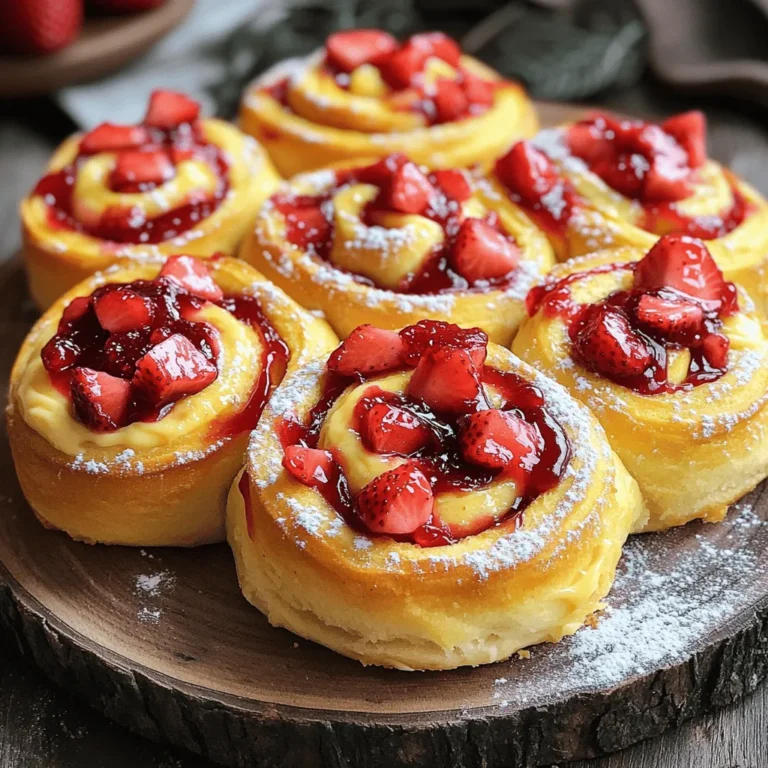 To make these delightful strawberry cheesecake sweet rolls, gather the following ingredients: - 2 cups all-purpose flour - 2 tablespoons sugar - 1 teaspoon instant yeast - 1/2 teaspoon salt - 1/2 cup warm milk (110°F) - 2 tablespoons unsalted butter, melted - 1 large egg - 1 cup fresh strawberries, diced - 4 ounces cream cheese, softened - 1/4 cup powdered sugar - 1 teaspoon vanilla extract - 1/4 cup strawberry jam - 1 egg wash (1 egg beaten with 1 tablespoon of water) - Optional: additional powdered sugar for dusting Each ingredient plays a key role in creating the sweet rolls. The flour gives structure, while sugar adds sweetness. Yeast makes the rolls light and fluffy. Warm milk helps activate the yeast. Butter adds richness, and the egg gives moisture and binding. The cream cheese filling brings that classic cheesecake flavor. Fresh strawberries add a burst of fruity goodness. Strawberry jam enhances the sweetness and flavor. If you like, you can dust with powdered sugar for a beautiful finish. For the full recipe, check out the instructions that follow to craft these irresistible rolls. 1. Mixing dry ingredients: Start by grabbing a large mixing bowl. Add 2 cups of all-purpose flour, 2 tablespoons of sugar, 1 teaspoon of instant yeast, and 1/2 teaspoon of salt. Stir them well until mixed evenly. 2. Combining wet ingredients: In a different bowl, whisk together 1/2 cup of warm milk (110°F), 2 tablespoons of melted unsalted butter, and 1 large egg. Mix until smooth and combined. 3. Kneading the dough: Gradually add the wet mixture to the dry bowl. Use your hands to knead the dough for about 5-7 minutes. The dough should feel smooth and elastic. Once done, place it in a greased bowl. Cover it with a damp cloth and let it rise in a warm spot for 1 hour, or until it doubles in size. 1. Mixing cream cheese and sugar: While the dough rises, prepare the filling. In a bowl, mix 4 ounces of softened cream cheese with 1/4 cup of powdered sugar and 1 teaspoon of vanilla extract. Beat until you get a creamy and smooth texture. 2. Preparing strawberries: Take 1 cup of fresh strawberries and dice them into small pieces. Set them aside for later. 1. Rolling out the dough: After the dough has risen, punch it down to release air. Roll it out on a floured surface into a rectangle, about 12x18 inches. 2. Spreading the filling and strawberries: Spread the cream cheese mixture evenly over the dough, leaving a 1-inch border. Sprinkle the diced strawberries over the cream cheese layer. Drizzle 1/4 cup of strawberry jam on top. 3. Cutting and placing in baking dish: Starting from one end, tightly roll the dough into a log shape. Cut the log into 12 equal rolls. Place the rolls in a greased baking dish. Cover them with plastic wrap and let them rise for another 30 minutes. 1. Preheating the oven: Preheat your oven to 350°F (175°C) while the rolls rise. 2. Applying egg wash: Brush the tops of the rolls with an egg wash made from 1 beaten egg mixed with 1 tablespoon of water. This gives them a nice golden color. 3. Baking time and indicators: Bake the rolls for 20-25 minutes. They should turn golden brown and look fully cooked. Allow them to cool slightly before serving. You can find the Full Recipe for this delightful treat in the previous sections. To get the best dough, knead it well. Kneading helps develop the gluten. Use your palms to press and roll the dough. Aim for about 5-7 minutes of kneading. You want the dough to feel smooth and elastic. Resting time is key. After kneading, let the dough rise. This step makes it light and fluffy. Keep it in a warm spot, covered with a cloth. Allow it to double in size, which takes about 1 hour. The filling is where you can get creative! You can try other flavors with the cream cheese. Mix in lemon zest for a zesty twist. You can also add a dash of cinnamon for warmth. If you want to switch up the fruit, think beyond strawberries. Blueberries and raspberries work great. You can also use diced peaches or apples for a fun change. Each fruit brings its own unique taste. When serving, presentation matters. Place the rolls on a fancy platter. Dust them with powdered sugar for a sweet touch. Drizzle extra strawberry jam on top for added flair. For extra flavor, serve with sauces. A simple vanilla glaze can enhance the taste. You can also offer whipped cream or a scoop of ice cream. This makes for a delightful treat! For the full recipe, check out the Strawberry Cheesecake Sweet Rolls 🥐. {{image_2}} You can switch up the fruit in these rolls. Try blueberries or raspberries for a twist. They add fresh flavor and vibrant color. Seasonal fruits work well too. In summer, peaches or cherries can shine. In fall, consider apples or pears. Each fruit brings its own charm. This keeps your rolls exciting and new. You don’t have to stick with traditional dough. Using crescent roll dough saves time. It gives a flaky texture, which many enjoy. If you need gluten-free options, there are good choices available. Many brands offer gluten-free dough. Just follow the package instructions for best results. This way, everyone can enjoy these sweet rolls. Want a vegan option? You can easily make these rolls dairy-free. Use plant-based cream cheese and milk. Almond or soy milk works great. For the dough, swap the egg with a flaxseed meal. Mix one tablespoon of flaxseed with three tablespoons of water. Let it sit until it thickens. This will help bind your dough without eggs. Enjoy creating your own version of strawberry cheesecake sweet rolls! For the detailed instructions, check out the Full Recipe. To store leftover rolls, place them in an airtight container. This keeps them fresh for a few days. You can also wrap them in plastic wrap for added protection. If you want to reheat them, use the oven. Preheat it to 350°F (175°C). Heat the rolls for 5-10 minutes until warm. This method keeps the rolls soft and tasty. For long-term storage, you can freeze the rolls. Let them cool completely first. Then, wrap each roll in plastic wrap and place them in a freezer bag. They can last for up to three months in the freezer. When you want to enjoy them, take the rolls out of the freezer. Thaw them in the fridge overnight. To refresh them, preheat the oven to 350°F (175°C). Bake for 10-15 minutes. This brings back their fresh-baked flavor. You can also microwave them for a quick treat, but they may not be as soft. For the full recipe, check out the earlier section. Enjoy your sweet rolls any time! Can I make the dough ahead of time? Yes, you can prepare the dough a day before. Just let it rise, then refrigerate it. When you are ready to bake, let it sit at room temperature for about 30 minutes before rolling it out. What can I substitute for strawberries? If you don’t have strawberries, you can use blueberries, raspberries, or diced peaches. Each fruit adds its unique flavor. Just make sure to adjust the sweetness if needed. How do I know when the rolls are done baking? The rolls should turn golden brown on top. You can also tap the bottom; a hollow sound means they are baked through. If you have a thermometer, the center should reach 190°F. Where can I find ready-made strawberry cheesecake sweet rolls? You can find them at local bakeries, grocery stores, or specialty shops. Some places even sell them frozen. Check the bakery section for fresh options or the frozen aisle for convenience. How long do these rolls last at room temperature? The rolls last for about 2 days at room temperature if kept in an airtight container. For longer storage, consider refrigerating them, which can extend their freshness for up to a week. In this blog post, we covered how to make delicious strawberry cheesecake sweet rolls. We discussed the key ingredients, the step-by-step instructions, and tips to perfect your dough and filling. I shared variations for different tastes and storage tips to keep your rolls fresh. Making these rolls is fun and rewarding. They’re perfect for breakfast, snacks, or special occasions. Enjoy the process, and share your tasty results with friends and family!