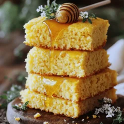 - 2 cups cornmeal - 1 cup all-purpose flour - 3 tablespoons sugar - 1 tablespoon baking powder - 1 teaspoon baking soda - 1 teaspoon salt - 2 cups buttermilk - 2 large eggs - 1/2 cup unsalted butter, melted - 1 cup honey - 1/2 cup unsalted butter (for honey butter) - 2 teaspoons cinnamon (optional) Use stone-ground cornmeal for great flavor. It gives your cake a nice texture. Look for fine or medium grind. Avoid the coarser types for this recipe. Buttermilk adds moisture and a slight tang. It also helps the cake rise. If you can't find buttermilk, mix milk with vinegar or lemon juice. Unsalted butter lets you control the salt in your dish. It also provides a rich flavor. Always use fresh butter for the best results. This recipe is a fun way to explore layers of flavor. Be sure to check out the Full Recipe for more details and helpful tips! Start by preheating your oven to 400°F (200°C). This is key for even baking. Next, grease and flour your cake pans. Use a small amount of butter or oil to coat the pans. Then, sprinkle flour inside the pans. Shake out any excess flour. This helps the cakes come out cleanly after baking. In a large bowl, mix the dry ingredients well. Combine 2 cups of cornmeal, 1 cup of all-purpose flour, 3 tablespoons of sugar, 1 tablespoon of baking powder, 1 teaspoon of baking soda, and 1 teaspoon of salt. If you want a hint of spice, add 2 teaspoons of cinnamon. Stir until everything looks even. This step is important for a balanced taste. In another bowl, whisk together 2 cups of buttermilk, 2 large eggs, and 1/2 cup of melted butter. Make sure it’s all blended well. Pour the wet mix into the dry mix. Stir gently until just combined. Do not overmix. Some lumps are fine. This keeps the cake fluffy. Divide the batter evenly between the two prepared pans. Bake for 20-25 minutes. To check if they are done, insert a toothpick in the center. If it comes out clean, the cakes are ready. Let them cool in the pans for 10 minutes. After that, turn them out onto wire racks to cool completely. While the cakes cool, make your honey butter. In a small bowl, beat together 1/2 cup of softened butter and 1 cup of honey. Mix until smooth and creamy. If you want it sweeter, add more honey. Taste as you go to get it just right. Once the cakes are cool, slice each cake in half horizontally. You will have four layers total. Place one layer on a serving plate and spread a layer of honey butter on top. Add the next layer and repeat. Finish with honey butter on the top layer. For extra flair, drizzle some honey on top. You can also add fresh herbs or flowers for decoration. For the full recipe, check [Full Recipe]. - Overmixing the batter: Mixing too much makes the cake tough. Stir until just mixed. Lumps are fine. - Incorrect baking times: Each oven is different. Check your cake a few minutes early. Use a toothpick to test for doneness. - Pairing ideas for the layered cornbread cake: Enjoy it with chili, BBQ, or a fresh salad. It balances well with rich flavors. - Presentation tips for an inviting look: Use a cake stand for height. Garnish with fresh herbs or edible flowers. A drizzle of honey adds shine and sweetness. - Essential kitchen tools for baking: You need mixing bowls, a whisk, measuring cups, and a spatula. A good cake knife is also key for slicing. - Recommended brands for best results: Look for brands like Pyrex for bowls and OXO for spatulas. They last long and work well. {{image_2}} You can easily change the taste of your cornbread cake. Adding flavors like vanilla or almond gives it a twist. Just a teaspoon of either works well. You can also mix in fruits or nuts into the batter. Try blueberries, chopped apples, or pecans. These additions add moisture and texture to your cake. For those who need gluten-free options, you can swap all-purpose flour with a gluten-free blend. Look for blends that work well in baking. They provide the structure your cake needs. If you want a vegan honey butter, use maple syrup instead of honey. Mix it with vegan butter for a creamy spread. Leftover cake can become something special. Transform it into a trifle. Simply layer pieces of the cake with cream and fruit in a glass dish. It looks great and tastes even better. You can also use cake layers in other desserts. Cut the layers into cubes and use them in parfaits or puddings for a fun treat. For complete details, check the Full Recipe. To keep your layered cornbread cake fresh, store it in the fridge. Use an airtight container to protect the cake from drying out. You can also wrap it tightly in plastic wrap. If you want to freeze it, slice the cake first. Place the slices in a freezer bag and remove as much air as you can. The cake stays fresh for about three to four days in the fridge. If frozen, it can last for up to three months. Check for signs of spoilage, like mold or an off smell. If the cake feels hard or dry, it is best to toss it. To enjoy your cake warm, use the oven. Set it to 350°F (175°C). Place slices on a baking sheet and heat for about 10 minutes. This method keeps the cake moist. You can also microwave a slice for about 15-20 seconds. Just be careful not to overheat it, as that can dry it out. You can use plain yogurt or sour cream. Mix one cup of yogurt or sour cream with a tablespoon of lemon juice or vinegar. Let it sit for five minutes. This mix mimics buttermilk's tangy taste. Yes, you can. Bake the cake layers a day in advance. Wrap them tightly in plastic wrap. Store them at room temperature. This keeps them fresh and moist until you are ready to assemble. Insert a toothpick into the center of the cake. If it comes out clean or with a few crumbs, the cake is done. If it has wet batter, bake for a few more minutes. If your honey butter is too thin, add more softened butter. Mix it in well until you achieve a thicker texture. You can also chill it in the fridge for a bit. Yes, you can use whole wheat flour or gluten-free flour. Keep in mind that the texture may change a bit. Experiment to find the blend that works best for you. Yes, you can use different pan sizes. Adjust the baking time based on the size. Smaller pans may bake quicker, while larger pans may take longer. Keep an eye on the cake as it bakes. This blog post covered everything you need for a layered cornbread cake. I shared key ingredients, from cornmeal to honey. You learned step-by-step instructions to prepare, bake, and assemble the cake. I included tips to avoid mistakes and creative serving ideas. As you bake, remember to enjoy the process. Your cake will be delicious, and so will your time spent with it. Embrace your creativity and share the joy of baking with others. Happy baking!