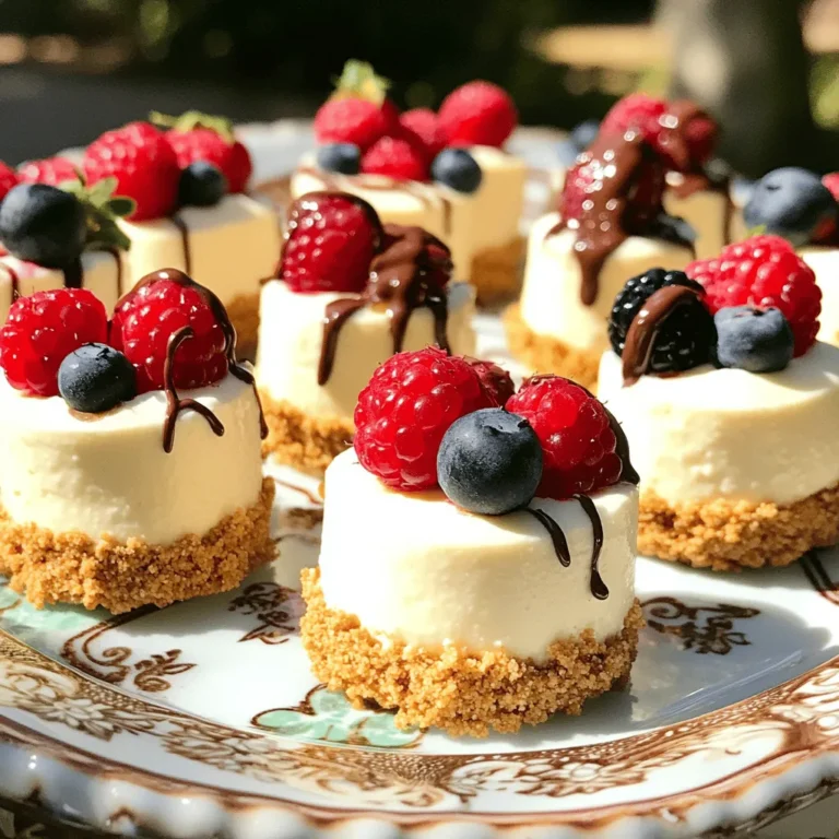 To make these no-bake cheesecake bites, you need a few simple ingredients. They are easy to find and fun to use. Here’s what you need: - 1 cup cream cheese, softened - 1/2 cup Greek yogurt - 1/3 cup powdered sugar - 1 teaspoon vanilla extract - 1/2 cup crushed graham crackers - 1/4 cup unsweetened cocoa powder (for chocolate version) - 1/4 cup mini chocolate chips (optional) - Fresh berries for topping These ingredients blend together to create a creamy and delicious treat. Cream cheese gives a rich flavor. Greek yogurt adds a nice tang, making each bite light. The powdered sugar sweetens the mix just right. You can choose to make a chocolate version by adding cocoa powder. If you love chocolate, don’t skip the mini chocolate chips! Fresh berries on top add color and freshness. This recipe is perfect for any occasion. You can whip it up in just 15 minutes. Then, let it chill in the fridge for two hours. For the full recipe, check out the instructions below! Start by taking a medium mixing bowl. Combine 1 cup of softened cream cheese and 1/2 cup of Greek yogurt. Use an electric mixer to blend them together until smooth. This will make your base creamy and rich. Next, add in 1/3 cup of powdered sugar and 1 teaspoon of vanilla extract. Mix again until everything is silky and well combined. If you want a chocolate twist, add 1/4 cup of unsweetened cocoa powder. Mix it in until the color changes and everything is evenly blended. This chocolate version is rich and delicious, perfect for chocolate lovers. Once your mixture is ready, it's time to shape the bites. Take a small amount of the mixture and roll it into a ball about 1 inch wide. Use your hands or a small cookie scoop for even size. Place each ball on a parchment-lined baking sheet. After forming all the bites, refrigerate them for at least 2 hours. This helps them set and makes them easier to eat. Before serving, top with fresh berries for a colorful finish. For the full recipe, check out the detailed instructions above. To get the best texture for your no-bake cheesecake bites, start with softened cream cheese. Softened cream cheese blends easily. It ensures a smooth and creamy mix. If your cream cheese is cold, it will be lumpy. Let it sit out for about 30 minutes before use. Mixing techniques matter too. Use an electric mixer at medium speed. This will help to fully combine the cream cheese and yogurt. Mix until the mixture looks silky and smooth. Avoid over-mixing, as this can incorporate too much air. Garnishing your cheesecake bites can make them pop. Fresh berries add a lovely touch. Try strawberries, blueberries, or raspberries. They add color and flavor. Place one berry on top of each bite for a fresh look. Serving on decorative platters can make a big impact. Use a colorful plate or a rustic wooden board. Arrange the bites in a circle or a line. This creates a fun and inviting display. To keep your leftover bites fresh, store them in the fridge. Use an airtight container. They will stay good for up to five days. Always place a piece of parchment paper between layers to avoid sticking. If you want to keep them longer, freezing is a great option. Just place them in a single layer on a baking sheet. Freeze until solid, then transfer to a freezer-safe bag. They can last for up to three months. When ready to eat, thaw in the fridge overnight. Enjoy your no-bake cheesecake bites anytime! {{image_2}} You can make your no-bake cheesecake bites even more exciting. Try adding different flavors. - Chocolate cheesecake bites: Simply add 1/4 cup of unsweetened cocoa powder to your mix. This gives a rich, chocolatey taste. You can also fold in mini chocolate chips for extra fun. - Fruit-flavored options: Add fruit to the cream cheese base. You can use fresh strawberries or lemon zest. Both give a fresh twist. For strawberry bites, blend in some pureed strawberries. For lemon, add lemon juice and zest for a zesty kick. You can also make these bites fit your diet. Here are some easy swaps: - Gluten-free alternatives for graham crackers: Use gluten-free cookies or almond flour instead of regular graham crackers. This keeps the bites tasty and safe for those with gluten allergies. - Low-sugar versions: Replace powdered sugar with a sweetener like stevia or erythritol. This way, you can enjoy the bites without too much sugar. Get creative with your cheesecake bites. Adding fun extras can change everything. - Incorporating nuts or dried fruit: Mix in chopped nuts like walnuts or pecans. Dried fruits like cranberries or raisins can also add a nice texture and flavor. - Experimenting with different toppings: Try different toppings like shredded coconut or crushed cookies. Each topping adds a unique twist to your bites. These variations let you enjoy no-bake cheesecake bites in many ways. You can check out the Full Recipe for all the details you need. Store your no-bake cheesecake bites in an airtight container. This keeps them fresh and tasty. They will last in the fridge for about five days. Enjoy them cold for the best flavor. To freeze the cheesecake bites, place them in a single layer on a baking sheet. After they freeze solid, transfer them to a freezer-safe bag or container. They can stay frozen for about three months. When you're ready to enjoy them, thaw the bites in the fridge overnight. Freezing may change the texture slightly, making them a bit softer. However, the flavor will still be just as delicious. For the best taste, serve them chilled. To make your cheesecake bites creamy, start with softened cream cheese. This helps blend it well. Use an electric mixer to mix the cream cheese and Greek yogurt. Mix until the texture is smooth. Gradually add powdered sugar and vanilla extract. This will keep the mixture silky. If you want a chocolate version, mix in cocoa powder well. Make sure there are no lumps for the best texture. Yes, you can make these bites ahead of time. I recommend preparing them the day before your event. They need at least 2 hours in the fridge to set. This way, they will be ready when you need them. Just keep them stored in an airtight container. This helps keep them fresh and tasty. Serve your cheesecake bites chilled for the best taste. Arrange them on a pretty platter. You can add fresh berries on top for a nice touch. A dusting of powdered sugar adds a special look. Pair them with a cup of tea or coffee. This makes for a delightful dessert experience. Absolutely! You can easily change the flavors of your cheesecake bites. For a fruit flavor, add pureed strawberries or lemon zest. You can also try using flavored yogurt. If you like chocolate, just add more cocoa powder. For a nutty taste, mix in some crushed nuts. The fun of these bites is that you can be creative! Check the Full Recipe for more ways to enjoy these treats. You now have a clear guide to making delicious cheesecake bites. Start by mixing cream cheese and Greek yogurt, add your favorite toppings, and chill your creations. Experiment with flavors and dietary needs to find what suits you best. Remember to store leftovers properly for future enjoyment. These bites are easy to customize and fun to share. With these tips and tricks, you can impress friends and family with your tasty treats. Enjoy making these cheesecake bites your way!