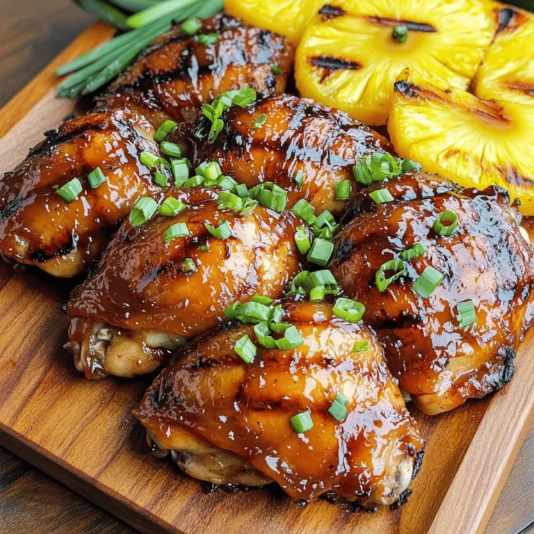 To make Huli Huli Chicken, you need a few key items. Here’s the list: - 4 chicken thighs, boneless and skinless - 1/2 cup soy sauce - 1/4 cup brown sugar - 1/4 cup pineapple juice - 2 tablespoons rice vinegar - 2 tablespoons sesame oil - 4 cloves garlic, minced - 1 inch ginger, grated These ingredients blend for a sweet and savory taste. The soy sauce gives it depth. Pineapple juice adds a tropical twist. The brown sugar balances the saltiness. You can add extra elements to amp up the flavor. Consider these options: - 1 teaspoon red pepper flakes (optional) - 1/4 cup green onions, chopped (for garnish) - Pineapple slices for grilling (optional) Red pepper flakes add heat. Grilled pineapple gives a nice caramelized touch. Green onions add freshness and color to your dish. Huli Huli Chicken pairs well with various sides. Here are some tasty ideas: - Steamed rice - Coconut rice - Grilled veggies - Fresh salad - Macaroni salad These sides complement the chicken's flavors. They add texture and balance to your meal. For a complete feast, serve it all together! Check the Full Recipe for more details on making this delicious dish. To start, gather your ingredients. You will need soy sauce, brown sugar, pineapple juice, rice vinegar, sesame oil, garlic, ginger, and optional red pepper flakes. In a mixing bowl, combine 1/2 cup of soy sauce with 1/4 cup of brown sugar. Then, add 1/4 cup of pineapple juice, 2 tablespoons of rice vinegar, and 2 tablespoons of sesame oil. Next, mix in 4 cloves of minced garlic and 1 inch of grated ginger. If you like heat, add 1 teaspoon of red pepper flakes. Whisk until the sugar dissolves. This marinade packs a flavor punch! Now, take 4 boneless, skinless chicken thighs. Place them in a large resealable bag or shallow dish. Pour the marinade over the chicken, ensuring they are fully coated. Seal the bag or cover the dish tightly. Let the chicken marinate in the fridge for at least 1 hour, or up to 4 hours for a richer flavor. The longer you marinate, the better the taste! When you're ready to grill, preheat your grill to medium-high heat, around 375°F. Remove the chicken from the marinade and let the excess drip off. Save the marinade for basting later. Grill the chicken thighs for about 6-7 minutes on one side. Flip them over, then baste with the reserved marinade. Grill for another 5-6 minutes, or until fully cooked. For added fun, grill pineapple slices during the last few minutes. Once cooked, let the chicken rest for 5 minutes before slicing. This resting time keeps it juicy. Check out the Full Recipe for more details! To get those perfect grill marks, start with a hot grill. Preheat it to medium-high heat. When you place the chicken on the grill, do not move it for the first few minutes. This helps create those beautiful sear lines. After about 3-4 minutes, you can flip it. The chicken should lift easily if it has formed a good crust. To really infuse flavor, marinate the chicken for at least an hour. For more flavor, let it sit for up to four hours. Use a resealable bag or shallow dish for the marinade. Make sure the chicken is fully covered. The soy sauce, brown sugar, and pineapple juice work together to create a sweet and salty taste that soaks in nicely. To keep the chicken juicy, avoid overcooking it. Use a meat thermometer. The chicken is done at 165°F (75°C). Let the chicken rest for five minutes after grilling. This helps the juices redistribute. You can also baste the chicken with reserved marinade while it cooks. This adds extra flavor and keeps it moist. For the full experience, check the Full Recipe for detailed steps. {{image_2}} You can switch up the flavors in Huli Huli chicken easily. Here are some ideas: - Coconut Milk: Use coconut milk instead of soy sauce for a creamier taste. - Honey: Swap brown sugar for honey for a different sweetness. - Spices: Add cumin or paprika for a smoky touch. - Citrus Juices: Try orange or lime juice for a zesty kick. These changes let you explore new flavor paths while keeping the essence of Huli Huli chicken. You can bake Huli Huli chicken if you don’t have a grill. Here’s how: 1. Preheat your oven to 400°F (200°C). 2. Place marinated chicken thighs on a baking sheet. 3. Bake for 25-30 minutes or until the chicken reaches 165°F (74°C). 4. Baste the chicken halfway through with the reserved marinade for extra flavor. Baking gives you a juicy chicken with a nice glaze. You can still enjoy the flavors of Huli Huli chicken without meat. Try these options: - Tofu: Use firm tofu, marinated and grilled for a great texture. - Tempeh: Marinate tempeh for a nutty flavor that soaks up the sauce well. - Mushrooms: Grill portobello mushrooms for a hearty, meaty bite. These options let everyone enjoy this Hawaiian delight. For the full recipe, check out the earlier section on ingredients and instructions. To keep your Huli Huli Chicken fresh, store it in an airtight container. Let it cool before sealing. Place it in the fridge within two hours of cooking. Properly stored, it can last for up to three days. Use a marker to note the date you stored it. This helps you remember when to eat it. When you're ready to enjoy leftovers, use the oven or microwave. For the oven, preheat it to 350°F (175°C). Place the chicken on a baking sheet and cover it with foil. Heat for about 15-20 minutes until warm. If using a microwave, place the chicken on a plate and cover it with a damp paper towel. Heat for 1-2 minutes, checking often to avoid overcooking. Freezing is a great way to save Huli Huli Chicken for later. Wrap each piece tightly in plastic wrap. Then, place them in a freezer bag and squeeze out extra air. Label the bag with the date. Frozen, it can last for up to three months. To thaw, move it to the fridge overnight before reheating. Enjoy your delicious Hawaiian dish anytime! "Huli Huli" means "turn, turn" in Hawaiian. It refers to the method of turning the chicken while grilling. This technique helps the chicken cook evenly. The name reflects the fun of cooking outdoors in Hawaii. The dish brings together sweet and savory flavors. Yes, you can use different cuts for Huli Huli Chicken. Chicken thighs work best because they stay moist. You can also use drumsticks or wings. Just adjust the cooking time for smaller pieces. Make sure all pieces marinate well for the best flavor. Huli Huli Chicken is not very spicy. The red pepper flakes add a mild heat. You can leave them out for a milder taste. If you want more heat, add more red pepper flakes or a hot sauce. The sweetness of the marinade balances the heat nicely. Huli Huli Chicken is a tasty dish loaded with flavor. You learned about key ingredients, marinating tips, and cooking secrets. Exploring various ways to enjoy Huli Huli Chicken lets you customize it to your taste. Remember to store leftovers properly and try the recipe with different cuts of chicken. Enjoy this delicious dish with friends and family. It’s sure to impress everyone around your table. Happy grilling!