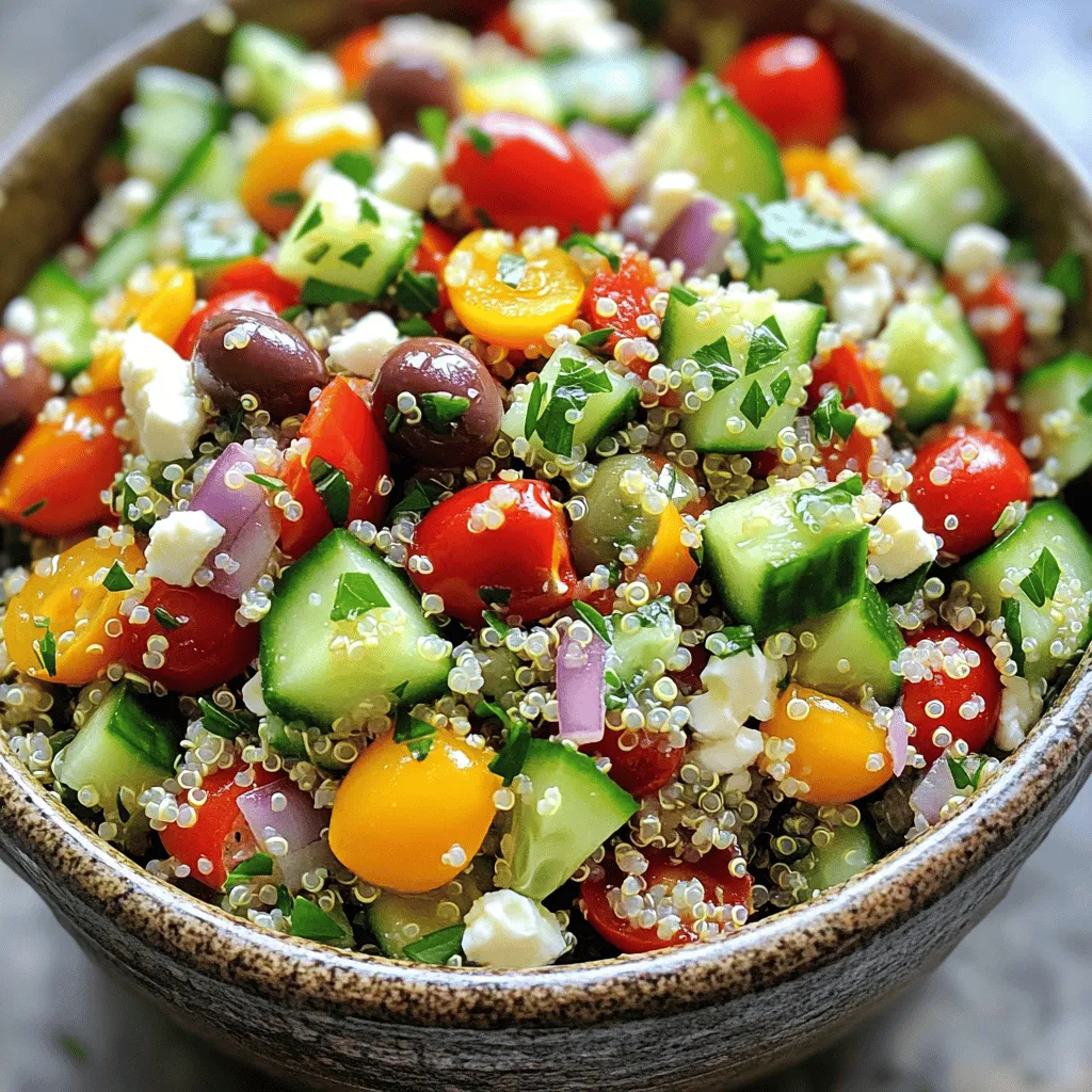 To make a tasty Mediterranean quinoa salad, you need fresh and simple ingredients. Here’s what you will need: - 1 cup quinoa, rinsed - 2 cups water or vegetable broth - 1 cucumber, diced - 1 red bell pepper, diced - 1 cup cherry tomatoes, halved - 1/2 red onion, finely chopped - 1 cup chickpeas, drained and rinsed - 1/2 cup Kalamata olives, pitted and sliced - 1/4 cup feta cheese, crumbled (optional) - 1/4 cup fresh parsley, chopped - 1/4 cup olive oil - 2 tablespoons lemon juice - 1 teaspoon dried oregano - Salt and pepper to taste These ingredients bring a mix of flavors and colors. Quinoa serves as a great base. It is high in protein and very filling. The veggies add crunch and freshness. Each ingredient works well together, creating a healthy and delicious meal. When you use fresh herbs like parsley, it brightens the dish. Kalamata olives and feta cheese bring a salty flavor that balances well with the lemon juice. The olive oil adds richness and helps bind everything together. Gathering these ingredients is easy. Most are available year-round. You can adjust the amounts based on your taste or what you have on hand. Once you have everything ready, you can follow the [Full Recipe] to create a delightful salad! To cook quinoa, start by boiling two cups of water or vegetable broth in a medium saucepan. Once it boils, add one cup of rinsed quinoa. Rinsing quinoa is key. It removes a bitter coating called saponin, which can ruin the taste. After adding the quinoa, reduce the heat to low. Cover the pot and let it simmer for about 15 minutes. You will know the quinoa is ready when all the liquid is absorbed. The grains will be fluffy. If you want a perfect texture, let it sit off the heat for a few minutes before fluffing it with a fork. While the quinoa cooks, you can prep the veggies. Start with the cucumber and bell pepper. Chop them into small, even pieces. For the cherry tomatoes, cut them in half. Dice the red onion finely. Use a sharp knife for clean cuts. This makes the salad look nice and helps flavors mix well. If you don't have a vegetable on the list, you can swap it out. Zucchini or avocado can add a fun twist. After the quinoa cools, it’s time to mix everything. In a large bowl, combine the quinoa, cucumber, bell pepper, cherry tomatoes, red onion, chickpeas, Kalamata olives, and parsley. If you want a creamy touch, add the feta cheese. For the dressing, whisk together olive oil, lemon juice, oregano, salt, and pepper in a small bowl until mixed well. This dressing brightens the flavors in your salad. Now, it’s time to toss the salad. Drizzle your dressing over the salad mix. Gently toss all the ingredients together. Make sure everything is coated with the dressing. Letting the salad sit for at least 15 minutes is important. This allows the flavors to meld together, enhancing the taste. You can serve it chilled or at room temperature. Enjoy your fresh Mediterranean quinoa salad! For the full recipe, check out the details above. To make the best Mediterranean quinoa salad, focus on ratios. Use one cup of quinoa for every quarter cup of dressing. This balance keeps the salad moist but not soggy. For seasoning, add salt to the quinoa while it cooks. This step enhances flavor from the start. Use fresh herbs like parsley for a brighter taste. Dried oregano adds a classic Mediterranean touch. A squeeze of lemon juice brightens up everything. This salad pairs well with grilled chicken or fish. It also complements a variety of dishes, such as stuffed peppers or roasted vegetables. When serving at events, create a buffet-style display. Guests can scoop their own portions. Offer extra toppings like feta or olives on the side. This way, everyone can customize their salad. Presentation matters! Use a large, shallow bowl for serving. This allows guests to see all the colorful layers. Drizzle some extra dressing on top for visual appeal. For garnishing, sprinkle some extra parsley or feta cheese. Add a few lemon wedges for that fresh touch. A well-presented salad makes it more appetizing and inviting. {{image_2}} You can switch out quinoa for other grains. Try bulgur, farro, or brown rice. Each grain adds its own flavor and texture. For chickpeas, white beans or lentils work well too. They offer similar protein and fiber benefits. If you want a dairy-free option for feta cheese, use tofu or avocado. Both options add creaminess without dairy. You can also skip the cheese altogether if you prefer a lighter salad. To boost the taste, add fresh herbs like mint or dill. They bring a bright flavor to the salad. You can also sprinkle in spices like cumin or smoked paprika. These spices add depth and warmth. For dressings, try balsamic vinegar or tahini. Both give a unique twist to the classic lemon-olive oil mix. You can even make a yogurt-based dressing for a creamy option. You can make this salad fit the season by changing the veggies. In summer, add sweet corn or bell peppers. For winter, try roasted root vegetables like carrots or beets. They warm up the dish and add great texture. Use seasonal fruits too! In the fall, apples or pears add a sweet crunch. In the spring, fresh peas or radishes can brighten the dish. This keeps your salad fresh and exciting all year long. For the full recipe, check out the Mediterranean Quinoa Salad. Enjoy experimenting! To keep your Mediterranean quinoa salad fresh, store it in an airtight container. Glass containers work great because they don’t stain or hold odors. You can also use BPA-free plastic containers. Make sure to cool the salad to room temperature before sealing it. This helps prevent moisture build-up. Your salad will stay fresh in the fridge for about 3 to 5 days. Always check for signs that it has gone bad. Look for any off smells, discoloration, or slimy textures. If you see any of these, it’s best to toss the salad. Yes, you can freeze quinoa salad! However, the texture may change after thawing. To freeze, place the salad in a freezer-safe container. Leave some room for expansion. When you’re ready to eat, thaw it in the fridge overnight. Avoid reheating in the microwave, as it may make the salad mushy. Instead, let it cool to room temperature before serving. Enjoy your Mediterranean quinoa salad at its best! For the full recipe, check out the details above. Yes, you can make this salad ahead of time. Prepare it a day before serving. Store it in an airtight container in the fridge. This gives the flavors time to blend. Just remember to add fresh herbs right before serving for the best taste. If you want to switch chickpeas, try black beans or lentils. They add protein and flavor too. For a nutty taste, use edamame or tofu. These options cater to different diets, like vegan or gluten-free. This salad stays fresh for up to three days in the fridge. Keep it covered to avoid drying out. If you notice any bad smell or change in color, it's best to throw it away. Yes, Mediterranean Quinoa Salad is gluten-free. Quinoa itself is naturally gluten-free. Just ensure that all other ingredients, like dressings, are also gluten-free. This makes it a great option for those with gluten sensitivity. The basic olive oil and lemon juice dressing works great. You can also try balsamic vinaigrette for a different flavor. For a creamier option, use tahini or yogurt-based dressings. These dressings enhance the salad's fresh taste. For the full recipe, check the link above. Mediterranean quinoa salad offers fresh, tasty ingredients that everyone can enjoy. We covered the key components, step-by-step instructions, and tips for a perfect dish. Remember to experiment with swaps and seasonal flavors to make it your own. Proper storage helps extend the salad's life, so keep that in mind. With these insights, you can create a healthy, delicious meal every time. Your friends and family will love it!