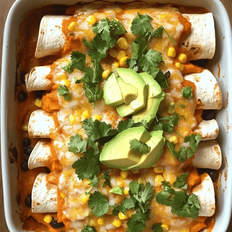 Here’s what you need to make sweet potato black bean enchiladas. Gather these simple items before you start cooking. - Sweet Potatoes: 2 medium, peeled and cubed - Black Beans: 1 can (15 oz), rinsed and drained - Corn Kernels: 1 cup (fresh, frozen, or canned) - Spices: 1 teaspoon ground cumin, 1 teaspoon chili powder, salt and pepper to taste - Tortillas: 8 corn or flour - Enchilada Sauce: 2 cups (store-bought or homemade) - Cheese: 1 cup shredded (cheddar or a blend) - Garnishes: Fresh cilantro, sliced avocado (optional) Having these ingredients ready makes cooking easier. The sweet potatoes give a creamy texture, while black beans add protein. The spices bring warmth and flavor. Choose your favorite tortillas, and don’t forget the cheese! For the full recipe, check out the cooking steps. Happy cooking! Cooking Sweet Potatoes: Start by peeling and cubing the sweet potatoes. Place them in a medium pot and cover with water. Bring the water to a boil. Let the sweet potatoes cook for about 10-15 minutes. They should become fork-tender. Drain them and let them cool slightly. Mixing Filling: In a large bowl, mash the sweet potatoes using a fork. Mix in the black beans, corn, cumin, chili powder, salt, and pepper. Stir everything well until it's fully combined. This filling is flavorful and packed with nutrients. Preheating the Oven: Preheat your oven to 375°F (190°C). This temperature helps to bake the enchiladas evenly and ensures a nice, warm meal. Filling and Rolling: Take one tortilla and place it on a clean surface. Spoon 2-3 tablespoons of the sweet potato and black bean mixture onto the center. Roll the tortilla tightly and place it seam-side down in your baking dish. Repeat this process with the remaining tortillas and filling. Make sure they fit snugly in the dish. Covering and Baking: Once all the enchiladas are in the dish, pour the remaining enchilada sauce over them. Ensure each enchilada is well covered. Then sprinkle the shredded cheese on top. Cover the baking dish with foil. Bake it for 20 minutes. This keeps the enchiladas moist. Checking for Doneness: After 20 minutes, remove the foil. Bake for an additional 10-15 minutes. Look for bubbly cheese and a golden top. That’s when you know they are done! Enjoy your Sweet Potato Black Bean Enchiladas, bursting with flavor. For the complete process, refer to the Full Recipe. - Perfecting the Sweet Potatoes: You can roast or steam sweet potatoes. Roasting gives a caramelized flavor. Cut them into cubes, toss with olive oil, and roast at 400°F for 25-30 minutes. Steaming keeps them moist. Just boil water and steam until fork-tender. - Enchilada Sauce Options: You can choose homemade or store-bought sauce. Homemade sauce has fresh flavors. Use tomatoes, garlic, and spices. Store-bought sauce saves time and is convenient. Look for low-sodium options for a healthier choice. - Garnishing Ideas: Top your enchiladas with fresh cilantro, sliced avocado, or lime wedges. These add color and zest. You can also sprinkle some queso fresco or sour cream for creaminess. - Pairing Dishes: Serve enchiladas with a side of rice or a fresh salad. A simple green salad brings a nice crunch. You can also add chips and salsa for a fun touch. Try pairing with a light beer or a refreshing drink. For the full recipe, check out the Sweet Potato Black Bean Enchiladas section. {{image_2}} You can switch up the beans in this recipe. If you don't have black beans, try pinto or kidney beans. Both add a nice texture and flavor. They also keep the dish hearty and filling. For cheese, there are many options. Use dairy-free cheese if you want a vegan meal. Low-fat cheese is also a great choice for a lighter version. Both options melt well and complement the flavors. If you like heat, consider adding hot sauce or sliced jalapeños to your enchiladas. These additions bring a kick that many enjoy. Hot sauce can be mixed into the filling or drizzled on top before serving. You can also change the spices for new flavors. Try adding smoked paprika for a subtle smokiness. Or, mix in some cayenne pepper for more heat. Each spice adds a unique twist, so feel free to experiment! To keep your sweet potato black bean enchiladas fresh, follow these steps: - Refrigeration Guidelines: First, let the enchiladas cool down. Place them in an airtight container. They can stay in the fridge for up to 3 days. If you want to enjoy them later, make sure to cover them with foil to keep moisture in. - Freezing Instructions: For long-term storage, you can freeze the enchiladas. Wrap them tightly in plastic wrap, then put them in a freezer-safe bag. They will last for up to 3 months. To avoid freezer burn, try to remove as much air as possible from the bag. When it’s time to enjoy your enchiladas again, you have two good options: - Microwave vs. Oven: The microwave is quick, but it may make the enchiladas a bit soggy. Place a single enchilada on a plate, cover it with a wet paper towel, and heat for 1-2 minutes. If you want that fresh-baked taste, use the oven. Preheat it to 375°F (190°C). Place the enchiladas in a baking dish and cover them with foil. Bake for about 15-20 minutes, until heated through. This method keeps the cheese nice and melty. For more details, check the Full Recipe. Can I make enchiladas ahead of time? Yes, you can prepare these enchiladas in advance. First, cook the sweet potatoes and mix your filling. Then, assemble the enchiladas in a baking dish. Cover and store in the fridge for up to two days. When ready to eat, just bake them as directed. This makes meal prep easier and saves time on busy nights. Are sweet potato black bean enchiladas healthy? Absolutely! These enchiladas are packed with nutrients. Sweet potatoes provide fiber and vitamins. Black beans add protein and iron. The corn adds more vitamins and minerals. Together, they make a balanced meal. This dish is low in fat and high in flavor, making it a great choice for health-conscious eaters. What can I use instead of tortillas? If you need a tortilla substitute, try using lettuce wraps or cabbage leaves. Both options are gluten-free and add a nice crunch. You can also use quinoa or brown rice as a base. This gives you a fun twist on the classic enchilada while keeping it tasty and satisfying. For more ideas, check out the Full Recipe. You now have a complete guide to making delicious sweet potato black bean enchiladas. From gathering ingredients to baking them just right, each step matters. Remember, cooking can be flexible, so feel free to swap ingredients or add your favorite spices. These enchiladas are tasty, healthy, and perfect for any meal. Enjoy trying different variations and serve them with your favorite sides. Happy cooking!