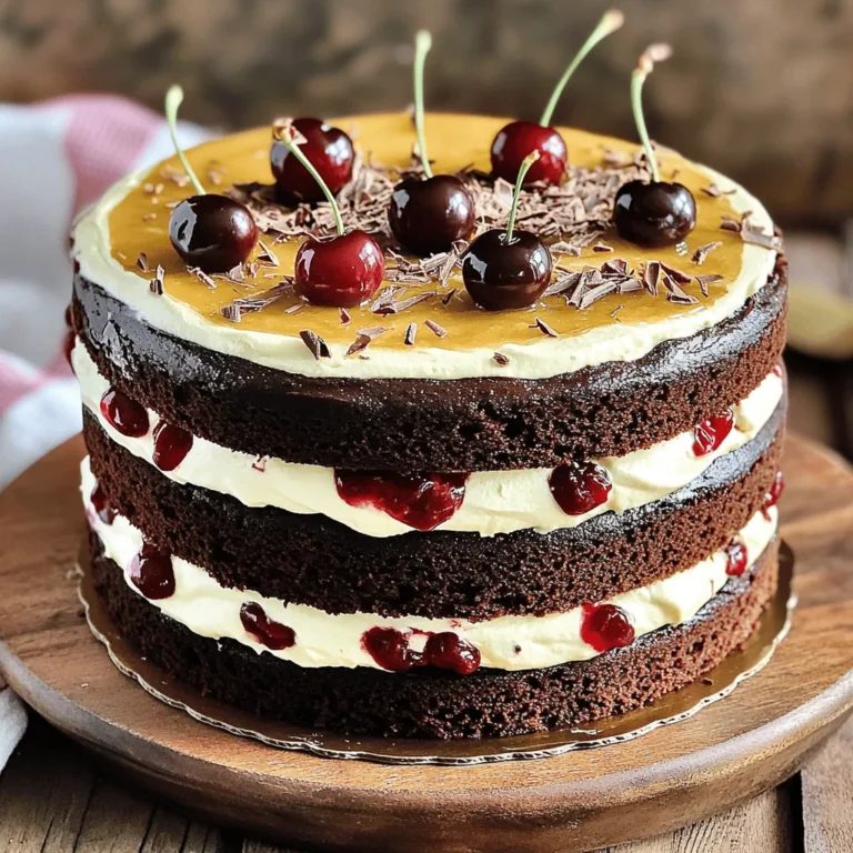 To make a great Black Forest cake, you need a few key ingredients. Each plays a vital role in creating the cake's rich flavor and texture. Here’s what you will need: - For the Chocolate Cake: - 1 ¾ cups all-purpose flour - 1 ¾ cups granulated sugar - ¾ cup unsweetened cocoa powder - 1 ½ teaspoons baking powder - 1 teaspoon baking soda - 1 teaspoon salt - 2 large eggs - 1 cup whole milk - ½ cup vegetable oil - 2 teaspoons vanilla extract - 1 cup boiling water - For the Cherry Filling: - 2 cups fresh or frozen cherries, pitted - ¼ cup granulated sugar - 1 tablespoon cornstarch - 1 tablespoon lemon juice - For the Whipped Topping: - 2 cups heavy whipping cream - ½ cup powdered sugar - 1 teaspoon vanilla extract - For Garnish: - Chocolate shavings - Fresh cherries The cherry filling gives this cake its signature taste. You can use fresh or frozen cherries. I love using fresh cherries when they are in season. They add a bright, juicy flavor. Combine the cherries with sugar, cornstarch, and lemon juice. The sugar brings out their sweetness, while cornstarch helps thicken the mixture. Cooking this mix until it bubbles creates a rich, flavorful filling. Let it cool before using it in your cake. The whipped topping is creamy and light, balancing the rich chocolate and cherries. You will use heavy whipping cream for the best results. Beat it until it thickens, then add powdered sugar and vanilla extract. The sugar adds sweetness, while vanilla gives a lovely aroma. Whip until stiff peaks form for a fluffy topping. This topping is perfect for layering between cake layers and decorating the top. For the full recipe, check out the complete instructions in the recipe section. To start, you need to preheat your oven to 350°F (175°C). Then, grab a large mixing bowl. Combine 1 ¾ cups of all-purpose flour, 1 ¾ cups of granulated sugar, ¾ cup of unsweetened cocoa powder, 1 ½ teaspoons of baking powder, 1 teaspoon of baking soda, and 1 teaspoon of salt. Whisk these dry ingredients until they are well mixed. Next, it’s time for the wet ingredients. Add 2 large eggs, 1 cup of whole milk, ½ cup of vegetable oil, and 2 teaspoons of vanilla extract into the bowl. Mix everything until it’s smooth. Now, carefully pour in 1 cup of boiling water. Mix again, but remember, the batter will be thin and runny. Now that your batter is ready, divide it evenly between two greased 9-inch round cake pans. Place them in your preheated oven. Bake for 30 to 35 minutes. To check if they are done, insert a toothpick in the center. If it comes out clean, your cakes are ready. Once baked, let them cool in the pans for about 10 minutes. Then, transfer the cakes to wire racks to cool completely. After your cakes have cooled, it’s time to assemble them. Carefully slice each cake in half horizontally. This gives you four layers in total. Place one layer on a serving plate. Spread some of the cherry filling on top, then add a layer of whipped cream. Repeat this for the next two layers, stacking them one on top of the other. Finally, place the last layer of chocolate cake on top. Frost the top and sides of your cake with the remaining whipped cream. For the finishing touch, garnish with chocolate shavings and fresh cherries. Your Black Forest Cake is now ready to impress! If you want to see the complete recipe, check out the Full Recipe. To make your Black Forest cake moist, use these tips: - Use fresh ingredients. Fresh eggs and dairy give the best results. - Don't overmix the batter. Mix just until combined for a light texture. - Include boiling water. This step helps the cake rise and stay moist. - Cool the cakes properly. Let them cool in the pans for ten minutes, then move them to a wire rack. To wow your guests, try these decorating ideas: - Layered cherries and cream. Alternate layers of cherries and whipped cream for a beautiful effect. - Top with chocolate shavings. Use a vegetable peeler to create shavings from a chocolate bar. - Fresh cherries as garnish. Place whole cherries on top for a pop of color. - Serve with extra cherry filling. A small bowl of cherry filling on the side looks appealing. Avoid these common mistakes: - Skipping the baking powder. It’s vital for the cake to rise. - Ignoring cake temperature. Ensure cakes are completely cool before frosting. - Using too much cornstarch. This can make the cherry filling too thick. - Rushing the assembly. Take your time to layer and frost carefully. These tips will help you create a beautiful and moist Black Forest cake. For the complete recipe, check out the Full Recipe. {{image_2}} You can make a delicious eggless Black Forest cake. Substitute eggs with yogurt or applesauce. Use ½ cup of yogurt or ¼ cup of applesauce for each egg. This keeps the cake moist. Mix the dry ingredients as usual. Then, add your yogurt or applesauce when you mix wet ingredients. This simple swap makes the cake just as tasty! Making a vegan Black Forest cake is easy too! Replace eggs with flaxseed meal. Mix 1 tablespoon of flaxseed meal with 3 tablespoons of water. Let it sit for five minutes. This creates a great egg substitute. Use almond milk or coconut milk instead of dairy milk. For the whipped topping, you can use coconut cream. Chill it, then whip it like regular cream. Your vegan cake will be rich and creamy! Want to make your cake unique? Try adding coffee to the chocolate batter. This deepens the flavor. You can also mix in orange zest for a fresh twist. It adds a nice citrus note. Consider using different fruits too. Raspberries or strawberries can be great alternatives to cherries. They bring a fun flavor and color to your cake. Get creative and have fun with your Black Forest cake! For a full recipe, check out the [Full Recipe]. To keep your Black Forest Cake fresh, wrap it well. Use plastic wrap or foil. Store it in the fridge. This will help keep the cake moist. It can last for up to five days in the fridge. Make sure to check for any signs of spoilage before serving again. If you want to save the cake for later, freezing is a great option. First, cut the cake into slices. Wrap each slice in plastic wrap. Then place the wrapped slices in a freezer bag. This helps prevent freezer burn. The cake can last for up to three months in the freezer. When you're ready to enjoy it, just take out a slice, and let it thaw in the fridge overnight. When serving leftover cake, you can enjoy it cold or warm. If you prefer it warm, preheat your oven to 350°F (175°C). Place the slice on a baking sheet and warm it for about 10 minutes. This will bring back some of the original texture. Serve with fresh whipped cream and extra cherries for a delightful treat. You can find the Full Recipe in this article for more tips on preparation! Black Forest Cake comes from Germany. It is named after the Black Forest region. This area is famous for its cherry trees and schnapps. The cake blends chocolate, cherries, and whipped cream. It became popular worldwide in the 20th century. Today, many people enjoy this rich and tasty dessert. Yes, you can use other fruits if you like. Raspberries, strawberries, or blueberries work well. These fruits add a different flavor. You can also mix fruits for a fun twist. Just make sure to choose fruits that go well with chocolate. This way, you keep that tasty balance. To make a gluten-free Black Forest Cake, use gluten-free flour. Many brands offer all-purpose gluten-free flour. You can substitute it one-to-one with regular flour. Check the baking powder and cocoa for gluten-free labels. Follow the same steps from the Full Recipe. Enjoy a delicious cake without gluten! This guide shared the key elements for a great Black Forest Cake. You learned about traditional ingredients, making the batter, and assembling layers. Tips on keeping your cake moist and ideas for decoration were also discussed. We explored variations, including eggless and vegan options. Finally, we covered how to store and reheat leftovers. Black Forest Cake can be fun and easy to make. With practice, you’ll impress everyone who tries it. Enjoy baking your own delicious version!