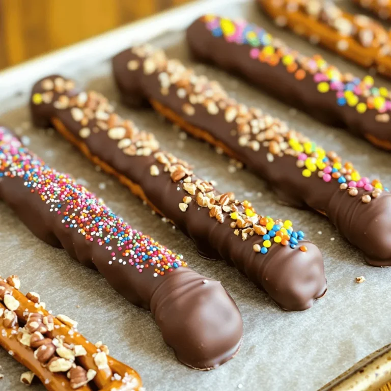 Chocolate dipped pretzel rods are a simple and fun treat. You can make them in just about 40 minutes. This recipe yields 12 tasty rods. It’s perfect for parties or gifts. Here’s what you need for this recipe: - 1 cup pretzel rods - 1 cup semi-sweet chocolate chips - 1 tablespoon coconut oil - 1/2 cup crushed nuts (almonds, peanuts, or hazelnuts) - 1/2 cup colorful sprinkles - Sea salt for sprinkling These ingredients come together to create a sweet and salty snack. I love using semi-sweet chocolate chips. They melt nicely and have a rich flavor. You can also try dark chocolate for a bolder taste. White chocolate adds a creamy touch, too. Each type offers a different taste experience. Choose what you love best! Start by laying out your baking sheet. Use parchment paper to cover it. This step is key. It keeps the chocolate from sticking. You want a clean finish for each pretzel. Make sure the sheet is flat on a stable surface. Grab a microwave-safe bowl. Add the semi-sweet chocolate chips and coconut oil. Microwave the bowl in 30-second bursts. Stir the chocolate in between. Keep going until it is smooth and shiny. This will take about one to two minutes. Be careful not to overheat. Hot chocolate can burn easily. Now for the fun part! Dip each pretzel rod into the melted chocolate. Use a spoon if you need help covering any spots. Make sure to coat it well. After dipping, roll it in crushed nuts or colorful sprinkles. This adds flavor and fun. Place the coated pretzels on your baking sheet. Before the chocolate hardens, sprinkle a little sea salt on top. This tiny touch makes a big difference! Once you finish, pop the baking sheet in the fridge for 30 minutes to let the chocolate set completely. For the full recipe, refer back to the ingredients section. Coating your pretzel rods is key to a tasty treat. First, ensure the chocolate is smooth. This helps it stick better. Use a tall bowl for dipping. This lets you coat more of the pretzel quickly. Dip one rod at a time, then shake off excess chocolate. Too much chocolate can make the rod heavy. Get creative with your toppings! You can use crushed nuts for crunch. Try almonds, peanuts, or hazelnuts. Colorful sprinkles add fun and joy. You can also drizzle white chocolate on top for a pretty look. For a fun twist, use crushed cookies or candy pieces. The options are endless! Avoid dipping pretzels in cold chocolate. This can cause the chocolate to clump. Make sure to work quickly. If the chocolate cools too much, it will not coat well. Don’t forget to sprinkle sea salt before the chocolate sets. This adds a nice salty flavor that balances the sweet. {{image_2}} You can change the flavor of your chocolate dipped pretzel rods easily. Try using dark chocolate for a rich taste. White chocolate adds a sweet twist. You can also mix chocolates for a fun look and flavor. Each choice gives a new taste to the pretzels. Want to add a surprise? Fill the pretzel rods with yummy goodies. Peanut butter works great for a creamy bite. Caramel adds a sweet, gooey center. You can even use cream cheese or Nutella. Just be careful when you dip the rods, so the filling doesn’t spill out. Make your pretzel rods special for holidays or events. For Halloween, add orange and black sprinkles. During Christmas, use red and green colors with a bit of peppermint. You can even shape them for birthdays, using favorite colors or themes. These themed rods make fun gifts for friends and family. Enjoy creating your own unique designs! Store your chocolate dipped pretzel rods in an airtight container. This keeps them fresh and prevents them from getting soggy. Place parchment paper between layers to avoid sticking. Always keep them in a cool, dry place away from sunlight. Heat can melt the chocolate and ruin the look and taste. Chocolate dipped pretzel rods last about one to two weeks at room temperature. If you keep them in the fridge, they can last up to three weeks. Always check for any signs of spoilage, like a strange smell or discoloration. Use your senses to decide if they are still good to eat. You can freeze chocolate dipped pretzel rods for longer storage. Wrap them carefully in plastic wrap, then place them in a freezer bag. Make sure to remove as much air as possible. They can last for up to three months in the freezer. When you want to eat them, take them out and let them thaw in the fridge. This keeps the chocolate from getting too soft. For the full recipe, check out the section above. You let chocolate-dipped pretzels set for about 30 minutes. This time allows the chocolate to harden and keep its shape. I recommend placing them in the fridge. The cool air helps speed up the process. If you leave them out, it may take longer. You want the chocolate to be firm before serving. Yes, you can make chocolate-dipped pretzel rods in advance. These treats stay fresh for a few days if stored well. I suggest putting them in an airtight container. This keeps them from getting stale or soft. If you want to make them even earlier, you can freeze them. Just remember to thaw them in the fridge before serving. The best way to gift chocolate-covered pretzels is to package them nicely. Use clear bags or small boxes to show off their colors. You can tie them with ribbon for a special touch. Adding a note or tag makes it personal. For a fun twist, create themed packages for holidays or events. These treats make great gifts for friends or family. They are tasty and fun! For the full recipe, check out the earlier section. You learned how to make chocolate-dipped pretzel rods. We covered key ingredients, step-by-step instructions, and tips to avoid mistakes. I shared fun ideas for flavors, fillings, and themes. Plus, I discussed storage methods to keep them fresh. Enjoy making these treats for yourself or as delightful gifts. Even small changes can bring big smiles. Now, get creative and have fun with this simple yet tasty project!