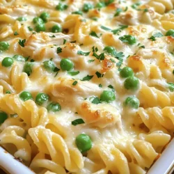 - 2 cups cooked rotini or penne pasta - 2 cups cooked chicken breast, shredded - 3 cups Alfredo sauce - 1 cup frozen peas - 1 cup grated mozzarella cheese - 1/2 cup grated Parmesan cheese - 1 teaspoon garlic powder - 1/2 teaspoon black pepper - 1/2 teaspoon Italian seasoning - Fresh parsley, chopped Gathering the right ingredients is key. For the pasta, rotini or penne works best. You can use leftover chicken or rotisserie chicken for quick prep. - Alternatives for pasta: If you want, try gluten-free pasta. Zucchini noodles are a fun, healthy choice too. - Options for protein: You can swap chicken for cooked shrimp or turkey. For a vegetarian option, use sautéed mushrooms or tofu. - Homemade vs. store-bought Alfredo sauce: Store-bought sauce saves time, but homemade sauce adds a personal touch. It’s easy to make with cream, butter, and cheese. Each ingredient plays a role in flavor and texture. Don't hesitate to mix things up based on what you have. For the full recipe, check out the Creamy Chicken Alfredo Bake Delight. 1. Preheat your oven to 375°F (190°C). This step is key for even baking. 2. Take a 9x13 inch baking dish and grease it well. Use butter or cooking spray to coat the bottom and sides. 1. In a large bowl, combine the cooked pasta, shredded chicken, and Alfredo sauce. 2. Add in the frozen peas, garlic powder, black pepper, and Italian seasoning. 3. Mix everything until it is well combined. The spices add flavor and depth to the dish. 1. Pour the mixture into your greased baking dish. Spread it out evenly. 2. Sprinkle the mozzarella and Parmesan cheese generously on top. Cheese creates a nice, gooey layer. 3. Cover the dish with aluminum foil. Bake it in the preheated oven for 20 minutes. 4. After 20 minutes, remove the foil. Bake for an additional 10-15 minutes, until the cheese is bubbly and golden. 5. Let it sit for 5 minutes before serving. Garnish with fresh parsley for a pop of color. This Easy Chicken Alfredo Bake is a simple and delicious meal that everyone will love. Be sure to check out the Full Recipe for more details! To make your Easy Chicken Alfredo Bake creamy, follow these tips: - Baking tips for creaminess: Cover the dish with foil while it bakes. This keeps moisture in. Remove the foil for the last part of baking. This helps the cheese melt and get bubbly. - Cheese melting techniques: Use fresh cheese for better melting. Grate your mozzarella and Parmesan right before use. This makes a smoother texture in your bake. Want to save time? Here are some easy ideas: - Prepping ahead for dinner parties: You can make this dish a day early. Mix everything and store it in the fridge. Just bake it when your guests arrive. - Shortcut ideas with pre-cooked ingredients: Use store-bought rotisserie chicken. It cuts down on cooking time. You can also buy pre-made Alfredo sauce. This makes the meal even easier. If you have picky eaters, try these tips: - Adjusting flavors for picky eaters: Cut back on spices. Some kids prefer milder flavors. You can also add a little more cheese for a richer taste. - Fun ways to serve the dish: Serve it in fun bowls or plates. You can also let kids help sprinkle cheese on top. This makes them feel involved and excited to eat! {{image_2}} You can boost nutrition by adding veggies. I love mixing in spinach, broccoli, or bell peppers. These add color and taste. You can also try zucchini or cherry tomatoes for fun flavors. A mix of green and red veggies makes your dish pop. It’s a great way to sneak in more health! Chicken is great, but you can switch it up! Try shrimp for a seafood twist. Beef also works well in this bake. For a vegetarian option, use chickpeas or tofu. These add protein and keep the dish hearty. You can also mix different proteins for a unique flavor. Want some heat? Add crushed red pepper or cayenne for a kick. You can also mix in some Italian herbs for deeper flavors. Try smoked paprika for a smoky taste. These spices can elevate your dish, making it more exciting. Don’t be shy—experiment and find your favorite blend! When you have leftover Easy Chicken Alfredo Bake, store it in an airtight container. This keeps it fresh and tasty. Make sure to refrigerate it within two hours of cooking. It lasts in the fridge for about 3 to 4 days. For long-term storage, you can freeze it. To freeze, let the dish cool completely first. Then, place portions in freezer-safe containers. Label them with the date. You can keep it frozen for up to three months. When you're ready to eat, just thaw it in the fridge overnight. To reheat your Easy Chicken Alfredo Bake, the oven works best. Preheat it to 350°F (175°C). Place the dish in the oven, covered with foil. Reheat for about 20 minutes or until hot. This method helps keep the texture creamy. You can also use a microwave if you're in a hurry. Place a portion on a microwave-safe plate. Cover it with a damp paper towel to keep moisture. Heat it in short bursts, about 1 to 2 minutes, stirring in between. This helps prevent drying out. Enjoy your creamy dish! Baking chicken alfredo takes about 50 minutes in total. You will spend 15 minutes prepping the dish. Then, you bake it for 20 minutes covered. After that, you uncover it and bake for another 10 to 15 minutes. This gives the cheese time to melt and turn golden. Yes, you can make this dish ahead of time. Prepare it up to the baking step. Cover the dish and store it in the fridge for up to two days. When ready to bake, just add a few extra minutes to the cooking time. You can also freeze it for later use. Just thaw it overnight in the fridge before baking. Chicken alfredo bake goes well with many sides. A simple green salad adds freshness. Garlic bread is great for sopping up sauce. Steamed veggies, like broccoli or green beans, add color and nutrition. For a lighter option, try a fruit salad for dessert. Check out the complete cooking instructions and ingredients list for the Creamy Chicken Alfredo Bake Delight. In this blog post, we covered how to make a creamy chicken Alfredo bake. We explored the complete ingredient list, discussed substitutions, and shared easy, step-by-step instructions. For the perfect bake, I offered tips on texture and time-saving ideas. You also learned ways to make this dish fun for kids and variations to keep it fresh. With proper storage and reheating tips, you'll enjoy leftovers too. This dish is simple and delicious, making it a great choice for any meal.