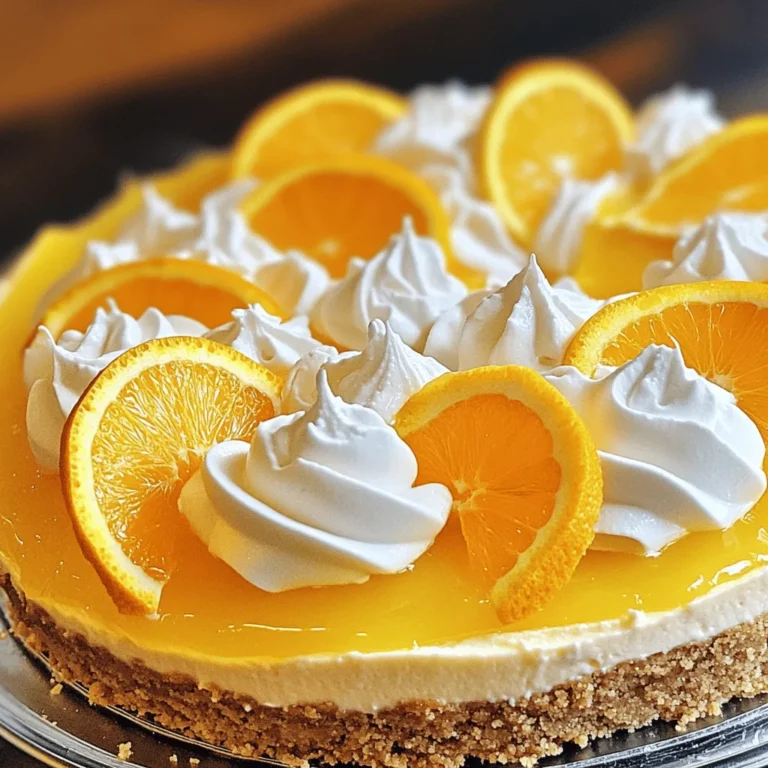 To create this delightful cheesecake, you need a few key ingredients. Here is what you will need: - 1 ½ cups graham cracker crumbs - ½ cup unsalted butter, melted - 2 cups cream cheese, softened - 1 cup powdered sugar - 1 cup heavy whipping cream - ½ cup orange juice (freshly squeezed if possible) - Zest of 1 orange - 1 teaspoon vanilla extract - Optional: Whipped cream and orange slices for garnish Each of these ingredients plays a special role. The graham cracker crumbs form a tasty crust. The cream cheese gives the cheesecake its rich and creamy texture. Fresh orange juice and zest add bright flavor, making each bite refreshing. Choosing the best ingredients can make a big difference. Here are my tips: - Cream Cheese: Look for full-fat cream cheese. It gives a creamy texture and rich taste. - Butter: Use unsalted butter for more control over the saltiness. - Orange Juice: Freshly squeezed orange juice tastes brighter than store-bought. - Whipping Cream: Choose heavy whipping cream. It whips better and gives a fluffier texture. Quality ingredients enhance the flavor and texture of your cheesecake, making it a true delight. If you have dietary needs, you can still enjoy this cheesecake. Here are some easy swaps: - Gluten-Free: Use gluten-free graham cracker crumbs for the crust. - Dairy-Free: Substitute cream cheese and heavy cream with plant-based alternatives. - Lower Sugar: Use a sugar substitute in place of powdered sugar for a lighter option. These substitutions help you create a cheesecake that fits your lifestyle while keeping the delicious taste. For the complete recipe, check the Full Recipe. Start with a medium bowl. Add 1 ½ cups of graham cracker crumbs and ½ cup of melted butter. Mix these until the crumbs are coated. The texture should feel like wet sand. Now, take a 9-inch springform pan. Press the crumb mixture into the bottom. Use a measuring cup or your fingers to pack it tightly. Make sure it’s even all around. This crust will hold the cheesecake filling well. In a large bowl, beat 2 cups of softened cream cheese until smooth. Use a hand mixer on medium speed. Next, add 1 cup of powdered sugar, ½ cup of orange juice, the zest of 1 orange, and 1 teaspoon of vanilla extract. Mix until everything is creamy and well combined. In another bowl, whip 1 cup of heavy whipping cream until it forms stiff peaks. Gently fold this whipped cream into your cream cheese mixture. Be careful, as you do not want to lose the air in the whipped cream. This gives your cheesecake a light texture. Pour the cheesecake filling over the prepared crust in the springform pan. Use a spatula to smooth the top. Cover the pan with plastic wrap and refrigerate. Let it chill for at least 4 hours, or overnight for the best set. When ready, carefully release the sides of the pan. Slice the cheesecake into wedges. For a fun touch, you can add whipped cream and orange slices on top. This makes it look extra special. Check out the Full Recipe for more details! To get that perfect fluffy texture, I suggest using room temperature cream cheese. Cold cream cheese will create lumps in your mix. Beat it well until smooth before adding other ingredients. When you fold in the whipped cream, do it gently. This keeps the air in and helps the cheesecake rise. Chill your cheesecake for at least four hours, but overnight is best. This time allows the flavors to blend well. Make sure to cover it tightly with plastic wrap. This prevents any fridge odors from sneaking in. If you want a firmer slice, let it chill a bit longer. To make your cheesecake look fancy, add a dollop of whipped cream on each slice. A slice of fresh orange on top adds color and zest. You can also sprinkle some orange zest around the plate for a lovely touch. For an extra treat, serve it with a scoop of vanilla ice cream. This No-Bake Orange Creamsicle Cheesecake is sure to impress! {{image_2}} You can add fun flavors to your cheesecake! Try folding in mini chocolate chips or crushed candy. For a citrus twist, add lemon zest or lime juice. These small changes can make a big difference! Experiment with your favorite flavors to find your perfect mix. If you're not a fan of graham crackers, try using crushed cookies. Oreo cookies make a great crust that adds a chocolatey touch. You can also use nut-based crusts for a gluten-free option. Blend nuts with a bit of butter to form a tasty base. The crust can change the whole vibe of the cheesecake! Want a vegan version? Swap cream cheese for cashew cream or silken tofu. Use coconut cream instead of heavy cream for a rich texture. You can find dairy-free cream cheese in stores too. With these swaps, everyone can enjoy this creamy treat! For full details on making the No-Bake Orange Creamsicle Cheesecake, check out the Full Recipe. To keep your No-Bake Orange Creamsicle Cheesecake fresh, cover it well. Use plastic wrap or foil to seal the top. This helps keep the flavors in and prevents drying out. You can store it in the fridge for up to five days. Just make sure it's in a cool spot. If you notice a change in texture or smell, it’s best to toss it. Want to save some cheesecake for later? You can freeze it! First, let the cheesecake set in the fridge for at least four hours. Once set, slice it into pieces. Wrap each piece in plastic wrap, then place them in a freezer bag. This keeps them safe from freezer burn. Your cheesecake can last in the freezer for about three months. When you’re ready to enjoy, thaw it in the fridge overnight. The right container makes a big difference. For short-term storage, a covered cake stand works well. It keeps the cheesecake fresh while allowing easy access. For longer storage, use airtight containers. Glass containers are great as they are sturdy and keep odors out. Avoid using metal containers, as they can react with the cheesecake's ingredients. Always remember to label your containers with the date to track freshness. For the complete No-Bake Orange Creamsicle Cheesecake recipe, check out the [Full Recipe]. Yes, you can use a store-bought crust. It saves time and effort. Look for a graham cracker crust for the best flavor. Just make sure it fits your pan well. This way, you can focus on the creamy filling. This cheesecake lasts about 5 days in the fridge. Keep it covered with plastic wrap or a lid. This helps it stay fresh and tasty. After 5 days, the flavor might fade. So, eat it while it's still delicious! Absolutely! You can make this cheesecake a day or two ahead. Just store it in the fridge. This gives the flavors time to blend, making it even better. Plus, it saves you time on the day you want to serve it. For the full recipe, check the details above. In this blog post, we explored how to make a No-Bake Orange Creamsicle Cheesecake. We covered essential ingredients, tips for selecting quality items, and adjustments for dietary needs. The step-by-step guide helped you prepare the crust, make the filling, and assemble the cheesecake. Remember to check out the storage tips to keep leftovers fresh and tasty. Try different variations to make this dessert your own. With these simple steps, you can enjoy a delicious treat anytime. Happy baking!