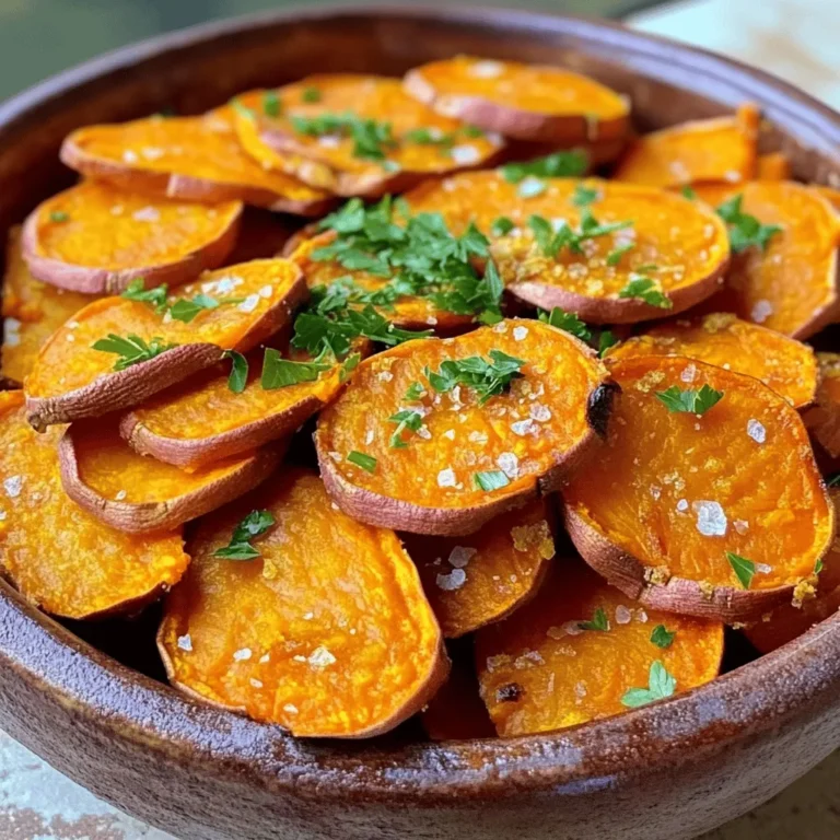 - 2 large sweet potatoes - 2 tablespoons olive oil - Seasoning options Sweet potatoes are the star of this dish. Their natural sweetness shines through when baked. I like to use two large sweet potatoes. They yield just the right amount of fries. Olive oil helps the fries get crispy in the oven. You will only need two tablespoons. - Smoked paprika and garlic powder - Optional spices for added heat To make the fries tasty, I suggest using smoked paprika and garlic powder. These spices add a warm flavor. You can also add cayenne pepper for heat. Just a little will spice things up. The choice is yours! - Fresh parsley - Alternative garnishes A sprinkle of fresh parsley makes these fries look great. It adds a pop of color. You can also try other garnishes. Consider using grated cheese or a squeeze of lime. Both options brighten the dish even more. For the full recipe, check the link provided. 1. Preheat your oven to 425°F (220°C). This helps the fries cook evenly. 2. Cut the sweet potatoes into fries. Soak them in cold water for 30 minutes. This step helps remove excess starch. Drain and pat them dry before moving on. 1. In a large bowl, toss the sweet potato fries with 2 tablespoons of olive oil. Make sure they are well-coated. 2. Add seasonings like smoked paprika, garlic powder, onion powder, salt, black pepper, and cayenne pepper if you like heat. Mix well to ensure every fry gets flavor. 1. Arrange the fries in a single layer on a baking sheet lined with parchment paper. Avoid overcrowding them. This helps them get crispy. 2. Bake in the preheated oven for 25-30 minutes. Flip the fries halfway through to ensure even cooking. They should be golden brown when done. For the full recipe, check out the instructions above. To make your sweet potato fries crispy, keep them in a single layer on the baking sheet. If they touch, they will steam instead of bake. This can lead to soggy fries that just won’t crunch. Using parchment paper is also key. It keeps the fries from sticking and helps with even cooking. This simple tip makes a big difference in texture. You can make your sweet potato fries even better by trying different seasonings. Mix smoked paprika with garlic powder for a smoky kick. You can also add herbs like rosemary or thyme for added depth. For a fun twist, consider marinating the fries in olive oil and spices for an hour before baking. This lets the flavors soak in and makes the fries taste amazing. Dipping sauces can elevate your snack game. Try pairing your fries with garlic aioli, spicy ketchup, or even a zesty ranch dressing. They also go great with main dishes. Serve them alongside grilled chicken or fish for a complete meal. Baked sweet potato fries are not only tasty but also add a fun touch to any plate. {{image_2}} You can make sweet potato fries in many ways. For sweet chili sweet potato fries, mix in some sweet chili sauce. This adds a nice kick and sweetness. You can also try garlic and herb variations. Add garlic powder and fresh herbs like rosemary or thyme. This gives a burst of flavor that works great with sweet potatoes. If you want a healthier option, try using an air fryer. This method cuts down on oil and still gives you crunchy fries. You can also add other vegetables. Carrots and zucchini work well. Just cut them into fry shapes and season them like the sweet potatoes. Seasonal spices can really change your fries. In the fall, use pumpkin spice or cinnamon for a festive twist. In summer, try light flavors like lemon zest or fresh dill. These make great sides for grilled dishes. Enjoying seasonal touches makes your fries exciting all year long. To store your baked sweet potato fries, let them cool first. Place them in an airtight container. This keeps them fresh and tasty. You can store them in the fridge for up to three days. Just remember that the longer they sit, the softer they get. When it's time to enjoy your leftovers, you have two main options: the oven or the microwave. The oven keeps them crispy. Preheat it to 400°F (200°C) and bake for 10-15 minutes. Flip them halfway through. If you use the microwave, be quick. Heat them for about 30 seconds to 1 minute. But this method may make them less crispy. For the best taste, stick with the oven. You can freeze sweet potato fries before or after cooking. If you freeze them raw, cut them and toss with oil and spices. Spread them on a baking sheet and freeze until firm. Then, pack them in a freezer bag. If you want to freeze cooked fries, let them cool completely. Place them in an airtight bag. They will last about three months in the freezer. To reheat from frozen, use the oven for best results. Preheat it to 425°F (220°C) and bake for about 20-25 minutes. This method keeps them crispy and delicious. For a quick option, you can use the microwave, but they will not be as crunchy. Follow these tips to enjoy your sweet potato fries at their best! To make baked sweet potato fries crispy, follow a few key steps: - Cut the sweet potatoes into thin, even fries. - Soak the fries in water for at least 30 minutes. This helps remove excess starch. - Dry them well before tossing with oil. - Use parchment paper to prevent sticking. - Spread the fries in a single layer on the baking sheet. Overcrowding makes them soggy. - Bake at a high temperature, around 425°F (220°C). Flip them halfway through for even cooking. Yes, you can use other types of potatoes. Regular potatoes, like russets, have a different texture. They can be crispier but may lack the sweet taste. Yukon golds are creamy and buttery but also differ in flavor. Sweet potatoes have a unique sweetness and a vibrant color. Each type brings its own flavor and texture to the dish. Baked sweet potato fries last about 3 to 5 days in the fridge. Store them in an airtight container to keep them fresh. If you want them to last longer, freeze them. They can stay good for up to 6 months when frozen. Baked sweet potato fries are generally healthier than regular fries. They have more vitamins, like A and C. Sweet potatoes also have more fiber. Baking instead of frying cuts down on added fat and calories. You get all the flavor without the guilt! Baked sweet potato fries are great with many meals. Try serving them with: - Burgers or grilled chicken. - Fish tacos or shrimp. - A fresh salad on the side. - Dipping sauces like garlic aioli or spicy ketchup. These pairings make for a fun and tasty meal! For the full recipe, check out the section above. Baking sweet potato fries is simple and fun. We discussed the key ingredients, including sweet potatoes, olive oil, and seasonings. I shared tips for getting crispy fries and enhancing flavor with different spices. Also, think of varying your fries for seasonal fun or healthier options. In the end, baked sweet potato fries can please everyone. Enjoy experimenting with flavors and serving them your way!