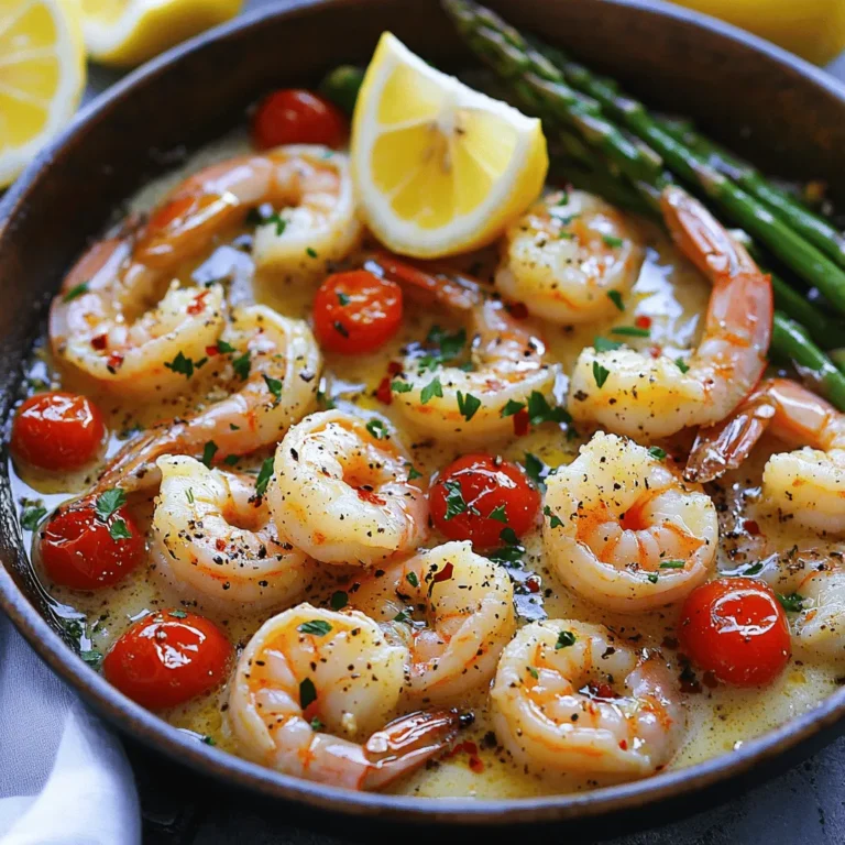 - 1 lb large shrimp, peeled and deveined - 4 tablespoons unsalted butter - 4 cloves garlic, minced - 1 teaspoon red pepper flakes - Salt and pepper to taste - 1 lemon, juiced and zest grated - 1/4 cup chicken or vegetable broth - 1/4 cup fresh parsley, chopped - Optional: 1 cup cherry tomatoes, halved - Optional: 1 cup asparagus, cut into 2-inch pieces When I prepare One Pan Garlic Butter Shrimp, I focus on using fresh ingredients. Fresh shrimp offers the best taste. I always peel and devein them for a clean bite. Unsalted butter is my go-to. It melts beautifully and lets the garlic shine. For flavor, I add garlic. Minced garlic gives a strong taste, and I always use four cloves. Red pepper flakes add heat. You can adjust the amount to fit your spice level. A squeeze of lemon juice brightens the dish. I use one whole lemon for the best flavor. The broth adds moisture and depth. I prefer chicken broth, but vegetable broth works too. Fresh parsley adds color and freshness. If I want to make the dish colorful, I add halved cherry tomatoes and asparagus. Gather these ingredients before you start cooking. This makes the process smooth and easy. Each ingredient plays a role in making this dish quick and flavorful. You can find the full recipe for more details. - Rinse and pat dry shrimp. - Season shrimp with salt and pepper. Start by rinsing 1 pound of shrimp under cold water. This helps clean them and removes any excess salt. Next, pat them dry with paper towels. This step is key to getting a nice sear later. Now, sprinkle salt and pepper on the shrimp. This simple seasoning enhances their natural flavor. - Melt butter in a skillet. - Sauté garlic and red pepper flakes. - Cook shrimp until pink and opaque. Now, heat a large skillet over medium heat. Add 4 tablespoons of unsalted butter. Watch as it melts and starts to froth. This is when you add 4 cloves of minced garlic and 1 teaspoon of red pepper flakes. Stir for about a minute. You want the garlic fragrant but not brown. Next, add your seasoned shrimp to the skillet. Cook them for 2-3 minutes on each side. They should turn pink and opaque when done. This is a sure sign of perfectly cooked shrimp. - Add lemon juice and broth. - Incorporate optional ingredients if desired. - Simmer and finish with parsley. Once the shrimp are ready, it’s time to add flavor. Squeeze in the juice of 1 lemon and pour in 1/4 cup of chicken broth. This adds moisture and depth. If you like, toss in some cherry tomatoes and asparagus. Cook everything for an extra 3-4 minutes. You want the veggies tender and warmed through. Finally, remove the skillet from heat. Sprinkle with 1/4 cup of chopped fresh parsley for a burst of color. Adjust the seasoning with more salt and pepper if needed. You now have a delicious One Pan Garlic Butter Shrimp ready to enjoy! For the full recipe, check out the previous section. - Ensure shrimp are fully thawed for even cooking. - Use fresh garlic for better flavor. When cooking shrimp, thaw them before you start. This ensures they cook evenly. Place frozen shrimp in cold water for a quick thaw. Fresh garlic makes a big difference. It adds a stronger taste than jarred garlic. Just mince the cloves right before cooking. - Adjust red pepper flakes for spice preference. - Experiment with herbs like thyme or basil. Red pepper flakes can change the heat level. Add more for a spicier dish or less for a milder taste. Try fresh herbs, too. Thyme brings an earthy flavor, while basil adds sweetness. Both can enhance the dish in their own way. - Serve directly from the skillet for a casual presentation. - Plate individually with lemon wedges. Serving from the skillet feels relaxed and fun. It invites everyone to dig in. If you want a fancier look, plate each serving. Add lemon wedges for a pop of color and fresh flavor. This makes the dish look inviting and bright. For the full recipe, check out the complete guide! {{image_2}} You can easily change the main protein in this dish. Substitute shrimp with chicken or tofu for a different twist. Chicken cooks well in the same garlic butter, while tofu absorbs those rich flavors. Try adding different vegetables too. Bell peppers or spinach add color and nutrients. You can mix and match to suit your taste. To switch up the taste, try using lime juice instead of lemon. It gives a fresh zest that's fun and bright. You can also experiment with different spices. Paprika adds a smoky warmth, while cumin brings an earthy flavor. Feel free to play with spices to create your perfect dish. This dish is versatile when it comes to serving. Serve the shrimp over pasta or rice for a heartier meal. The sauce clings beautifully to these bases. Another great option is to pair it with crusty bread. The bread will soak up all that delicious garlic butter sauce, making every bite a delight. After cooking, store leftovers in an airtight container. This helps keep them fresh. I find that it’s best to eat them within 2-3 days. Shrimp can lose their flavor over time, so enjoy them soon. When you're ready to eat leftovers, reheat them gently on the stovetop. Use low heat to warm them up. If you heat them too fast, the shrimp can turn rubbery. You want them tender and juicy, just like when they were fresh. You can freeze this dish, but fresh is always best. If you decide to freeze, omit the vegetables before freezing. This keeps the texture right when you thaw and cook them later. Enjoy your One Pan Garlic Butter Shrimp at its finest! Typically, it takes 2-3 minutes per side until they turn pink and opaque. This quick cooking time helps keep the shrimp tender and juicy. Overcooking can make them tough, so keep an eye on them. Yes, you can use frozen shrimp for this recipe. Just make sure they are fully thawed and dried before you start cooking. Thawing helps them cook evenly. Patting them dry prevents excess water from splattering in the pan. This dish is great served with pasta, rice, or crusty bread. Pasta soaks up the garlic butter nicely. Rice adds a nice base, while crusty bread is perfect for dipping. Each option enhances the meal and makes it more filling. You can also add a side salad for freshness. For the full recipe, check out the section above. This blog post covers everything you need to know about making One Pan Garlic Butter Shrimp. You learned the key ingredients, cooking steps, and tips for the best flavor. With options for variations and serving ideas, you can personalize this dish. Remember, fresh ingredients and proper cooking will make your meal shine. I encourage you to try this recipe and enjoy the tasty results! Cooking should be fun and easy, so dive in and savor every bite.