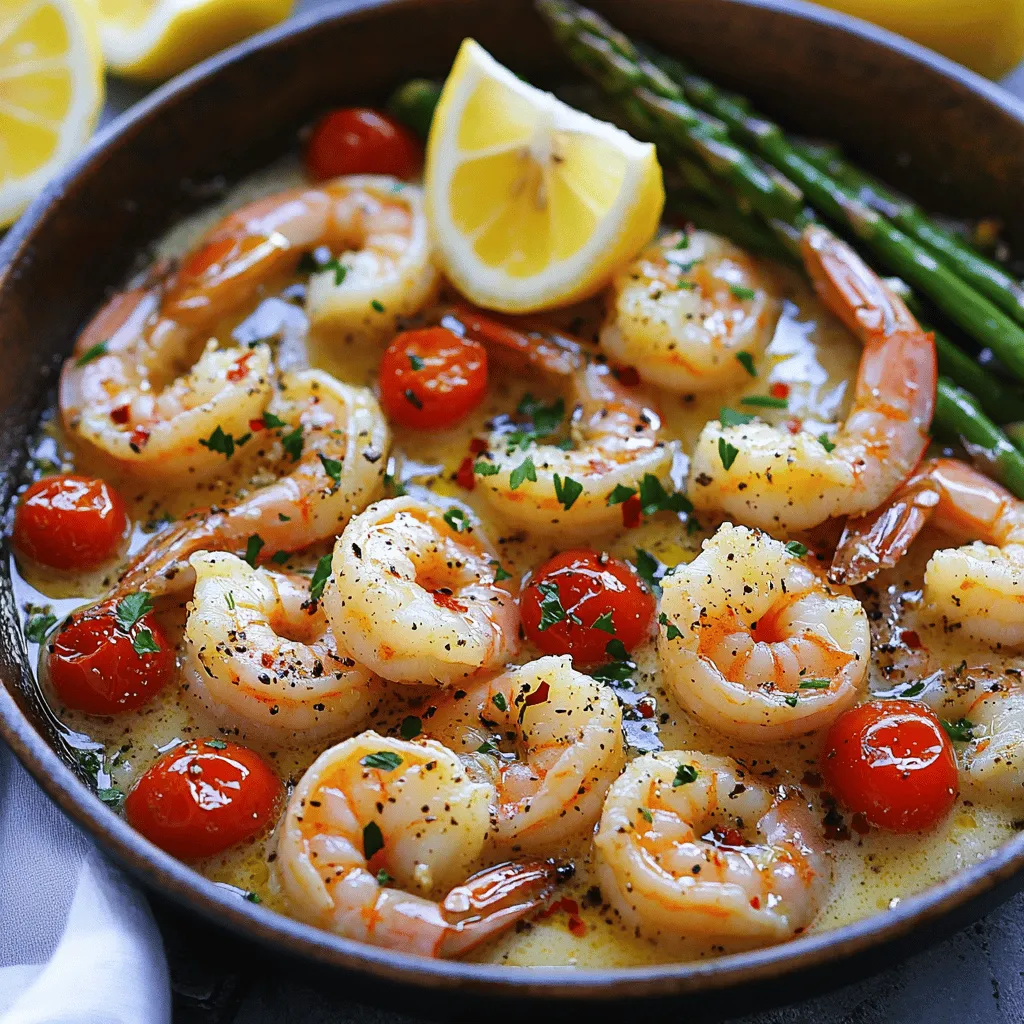 - 1 lb large shrimp, peeled and deveined - 4 tablespoons unsalted butter - 4 cloves garlic, minced - 1 teaspoon red pepper flakes - Salt and pepper to taste - 1 lemon, juiced and zest grated - 1/4 cup chicken or vegetable broth - 1/4 cup fresh parsley, chopped - Optional: 1 cup cherry tomatoes, halved - Optional: 1 cup asparagus, cut into 2-inch pieces When I prepare One Pan Garlic Butter Shrimp, I focus on using fresh ingredients. Fresh shrimp offers the best taste. I always peel and devein them for a clean bite. Unsalted butter is my go-to. It melts beautifully and lets the garlic shine. For flavor, I add garlic. Minced garlic gives a strong taste, and I always use four cloves. Red pepper flakes add heat. You can adjust the amount to fit your spice level. A squeeze of lemon juice brightens the dish. I use one whole lemon for the best flavor. The broth adds moisture and depth. I prefer chicken broth, but vegetable broth works too. Fresh parsley adds color and freshness. If I want to make the dish colorful, I add halved cherry tomatoes and asparagus. Gather these ingredients before you start cooking. This makes the process smooth and easy. Each ingredient plays a role in making this dish quick and flavorful. You can find the full recipe for more details. - Rinse and pat dry shrimp. - Season shrimp with salt and pepper. Start by rinsing 1 pound of shrimp under cold water. This helps clean them and removes any excess salt. Next, pat them dry with paper towels. This step is key to getting a nice sear later. Now, sprinkle salt and pepper on the shrimp. This simple seasoning enhances their natural flavor. - Melt butter in a skillet. - Sauté garlic and red pepper flakes. - Cook shrimp until pink and opaque. Now, heat a large skillet over medium heat. Add 4 tablespoons of unsalted butter. Watch as it melts and starts to froth. This is when you add 4 cloves of minced garlic and 1 teaspoon of red pepper flakes. Stir for about a minute. You want the garlic fragrant but not brown. Next, add your seasoned shrimp to the skillet. Cook them for 2-3 minutes on each side. They should turn pink and opaque when done. This is a sure sign of perfectly cooked shrimp. - Add lemon juice and broth. - Incorporate optional ingredients if desired. - Simmer and finish with parsley. Once the shrimp are ready, it’s time to add flavor. Squeeze in the juice of 1 lemon and pour in 1/4 cup of chicken broth. This adds moisture and depth. If you like, toss in some cherry tomatoes and asparagus. Cook everything for an extra 3-4 minutes. You want the veggies tender and warmed through. Finally, remove the skillet from heat. Sprinkle with 1/4 cup of chopped fresh parsley for a burst of color. Adjust the seasoning with more salt and pepper if needed. You now have a delicious One Pan Garlic Butter Shrimp ready to enjoy! For the full recipe, check out the previous section. - Ensure shrimp are fully thawed for even cooking. - Use fresh garlic for better flavor. When cooking shrimp, thaw them before you start. This ensures they cook evenly. Place frozen shrimp in cold water for a quick thaw. Fresh garlic makes a big difference. It adds a stronger taste than jarred garlic. Just mince the cloves right before cooking. - Adjust red pepper flakes for spice preference. - Experiment with herbs like thyme or basil. Red pepper flakes can change the heat level. Add more for a spicier dish or less for a milder taste. Try fresh herbs, too. Thyme brings an earthy flavor, while basil adds sweetness. Both can enhance the dish in their own way. - Serve directly from the skillet for a casual presentation. - Plate individually with lemon wedges. Serving from the skillet feels relaxed and fun. It invites everyone to dig in. If you want a fancier look, plate each serving. Add lemon wedges for a pop of color and fresh flavor. This makes the dish look inviting and bright. For the full recipe, check out the complete guide! {{image_2}} You can easily change the main protein in this dish. Substitute shrimp with chicken or tofu for a different twist. Chicken cooks well in the same garlic butter, while tofu absorbs those rich flavors. Try adding different vegetables too. Bell peppers or spinach add color and nutrients. You can mix and match to suit your taste. To switch up the taste, try using lime juice instead of lemon. It gives a fresh zest that's fun and bright. You can also experiment with different spices. Paprika adds a smoky warmth, while cumin brings an earthy flavor. Feel free to play with spices to create your perfect dish. This dish is versatile when it comes to serving. Serve the shrimp over pasta or rice for a heartier meal. The sauce clings beautifully to these bases. Another great option is to pair it with crusty bread. The bread will soak up all that delicious garlic butter sauce, making every bite a delight. After cooking, store leftovers in an airtight container. This helps keep them fresh. I find that it’s best to eat them within 2-3 days. Shrimp can lose their flavor over time, so enjoy them soon. When you're ready to eat leftovers, reheat them gently on the stovetop. Use low heat to warm them up. If you heat them too fast, the shrimp can turn rubbery. You want them tender and juicy, just like when they were fresh. You can freeze this dish, but fresh is always best. If you decide to freeze, omit the vegetables before freezing. This keeps the texture right when you thaw and cook them later. Enjoy your One Pan Garlic Butter Shrimp at its finest! Typically, it takes 2-3 minutes per side until they turn pink and opaque. This quick cooking time helps keep the shrimp tender and juicy. Overcooking can make them tough, so keep an eye on them. Yes, you can use frozen shrimp for this recipe. Just make sure they are fully thawed and dried before you start cooking. Thawing helps them cook evenly. Patting them dry prevents excess water from splattering in the pan. This dish is great served with pasta, rice, or crusty bread. Pasta soaks up the garlic butter nicely. Rice adds a nice base, while crusty bread is perfect for dipping. Each option enhances the meal and makes it more filling. You can also add a side salad for freshness. For the full recipe, check out the section above. This blog post covers everything you need to know about making One Pan Garlic Butter Shrimp. You learned the key ingredients, cooking steps, and tips for the best flavor. With options for variations and serving ideas, you can personalize this dish. Remember, fresh ingredients and proper cooking will make your meal shine. I encourage you to try this recipe and enjoy the tasty results! Cooking should be fun and easy, so dive in and savor every bite.